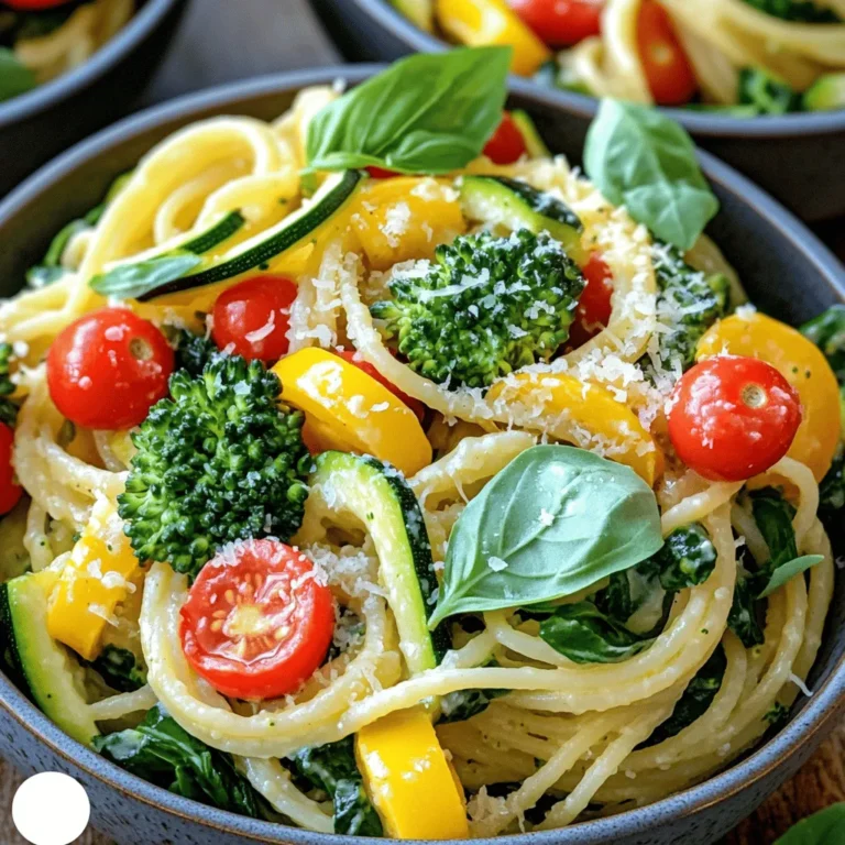 - 8 oz. spaghetti or pasta of your choice - 1 cup cherry tomatoes, halved - 1 cup zucchini, sliced into half-moons - 1 cup mixed bell peppers, sliced - 1 cup broccoli florets - 1 cup fresh spinach - 2 tablespoons extra virgin olive oil - 3 cloves garlic, finely minced - Zest and juice from 1 medium-sized lemon - 1 teaspoon dried oregano - Salt and freshly ground black pepper, to taste - Fresh basil leaves and grated Parmesan cheese (optional) When I craft my Pasta Primavera, I focus on fresh and vibrant veggies. The cherry tomatoes burst with flavor, giving a sweet touch. Zucchini adds a nice crunch, while bell peppers bring color. Broccoli florets add a delightful bite, and fresh spinach wilts perfectly into the mix. I love using extra virgin olive oil for its rich taste. Garlic gives it a fragrant kick. The zest and juice of the lemon brighten the dish and enhance all the flavors. Dried oregano is my go-to herb here, adding warmth and depth. A pinch of salt and pepper brings it all together. For a finishing touch, I often sprinkle fresh basil on top. You can also add grated Parmesan cheese for creaminess. This recipe is simple yet packed with flavor, perfect for any meal. To see the full recipe, check out the details above. - Fill a large pot with salted water. - Bring to a boil and cook pasta until al dente. - Reserve pasta water and drain. To cook the pasta, I fill a big pot with water and add a good amount of salt. This helps to flavor the pasta. Once the water boils, I add my spaghetti or whatever pasta I choose. I cook it until it is al dente, which means it is firm but cooked. Before draining, I set aside about one cup of the pasta water. This water is full of starch and will help make my sauce creamy later. - Heat olive oil in a skillet. - Sauté minced garlic for fragrance. - Add broccoli and mixed bell peppers, sauté for 3-4 minutes. Next, I heat some olive oil in a large skillet over medium heat. Once the oil is hot, I add minced garlic and sauté it for about 30 seconds. The smell is amazing! I have to be careful not to burn it. After that, I toss in the broccoli and mixed bell peppers. I sauté these for 3-4 minutes until they soften a bit but still have some crunch. - Incorporate zucchini and cherry tomatoes. - Add reserved pasta water and seasonings. - Let simmer to create sauce. Now, I add my zucchini and cherry tomatoes to the skillet. I stir everything for about three minutes. The tomatoes will start to release their juices, making the dish juicy. I then pour in the reserved pasta water, followed by the lemon juice and zest, and dried oregano. This creates a light sauce. I let it simmer for two minutes to blend the flavors. - Add drained pasta and fresh spinach. - Toss until well mixed. - Season to taste and plate with garnishes. Finally, I gently add the drained pasta to the skillet along with fresh spinach. I toss everything well so the pasta gets coated in the sauce. The heat wilts the spinach just right. I taste the dish and season it with salt and black pepper. To serve, I plate the pasta in deep bowls and garnish with fresh basil and a sprinkle of Parmesan cheese if I want. This dish looks and tastes great. You can find the full recipe for this delightful dish to enjoy! To achieve al dente pasta, you need to watch the clock. Start checking your pasta a minute before the package time. It should be firm but not hard. The texture is key! Reserving pasta water is a must. Always save about one cup before you drain it. This water is starchy and helps create a silky sauce later. It can make your dish creamy without adding heavy cream. To boost flavor, think about adding fresh herbs like parsley or thyme. You can also sprinkle in some red pepper flakes for heat. These add extra layers of taste and excitement. When sautéing vegetables, keep the heat high but don’t overcook them. Stir them quickly to keep their crunch. A short cooking time keeps veggies bright and fresh. For a beautiful presentation, use deep bowls for serving. This allows the colors to pop. A splash of lemon zest on top adds brightness, too. Garnishing can elevate your dish. Scatter fresh basil leaves over the top. A sprinkle of grated Parmesan cheese adds a nice touch. It makes your dish look like it came from a restaurant! For the full recipe, check out the detailed instructions above. Enjoy your cooking adventure! {{image_4}} You can change up the veggies in your Pasta Primavera with Lemon. Seasonal veggies work best. Try using asparagus, snap peas, or carrots. These will add color and flavor. If fresh veggies aren't available, frozen ones are a great option too. Just remember to thaw them and drain any excess water before cooking. This keeps your dish from getting soggy. Want to make your Pasta Primavera heartier? You can add protein! Chicken, shrimp, or tofu are great choices. If you use chicken, cook it in the skillet first, and then add the veggies. For shrimp, toss them in when the veggies are almost done. They only need a few minutes to cook. If you prefer tofu, press it to remove moisture, then cube and sauté until golden before adding it to the mix. Pasta Primavera is very flexible with pasta types. You can choose gluten-free pasta if you need it. Options like brown rice or quinoa pasta work well. Whole grain pasta is another healthy choice, adding fiber to your meal. If you want something unique, try legume-based pasta made from lentils or chickpeas. These add a nice twist and extra protein. For the full recipe, check out the [Full Recipe]. To keep your Pasta Primavera fresh, refrigerate it right after cooling. Place it in airtight containers. This helps lock in flavors and keeps it safe to eat. Always store leftovers within two hours of cooking. The pasta will taste great for up to three days in the fridge. When you reheat your pasta, use a stove or microwave. For the stove, add a splash of water or olive oil. Stir gently to heat evenly. If using a microwave, cover it to keep moisture in. Avoid overheating to prevent soggy pasta. Heat just until warm. To freeze Pasta Primavera, let it cool first. Transfer it to freezer-safe containers, leaving space for expansion. This dish can be frozen for up to three months. When ready to eat, thaw it overnight in the fridge. Reheat it on the stove or microwave, adding a bit of water to help it steam. Enjoy your flavorful veggie delight later! For the full recipe, check out the details above. Pasta Primavera lasts about 3 to 5 days in the fridge. To keep it fresh, store it in an airtight container. It’s best to let the pasta cool before sealing. This helps prevent moisture buildup, which can make it soggy. Yes, you can make Pasta Primavera ahead of time. To prepare, cook the pasta and veggies as usual. Let everything cool completely before storing. When you are ready to eat, just reheat it in a skillet over low heat. Add a splash of water or extra olive oil to keep it moist. If you need a lemon substitute, try lime juice or vinegar. Use the same amount, about 2 tablespoons. You can also use orange juice for a sweeter flavor. Adjust to your taste, as different fruits can change the dish's profile. Pasta Primavera is healthy and full of nutrients. It has lots of veggies like broccoli, spinach, and bell peppers. These provide vitamins and fiber. The olive oil adds healthy fats. Overall, this dish is low in calories and high in flavor, making it a great choice. Pasta Primavera is a simple and tasty dish. We discussed the essential ingredients, like pasta, fresh vegetables, and seasonings. I shared step-by-step instructions for cooking and combining ingredients. You can enhance flavors with herbs and spices while following tips for perfect presentation. Consider variations with protein and different pasta types for more options. Lastly, I covered storage and reheating to keep leftovers fresh. This dish is not only delicious but also healthy, making it a great meal for everyone. Enjoy experimenting with it!