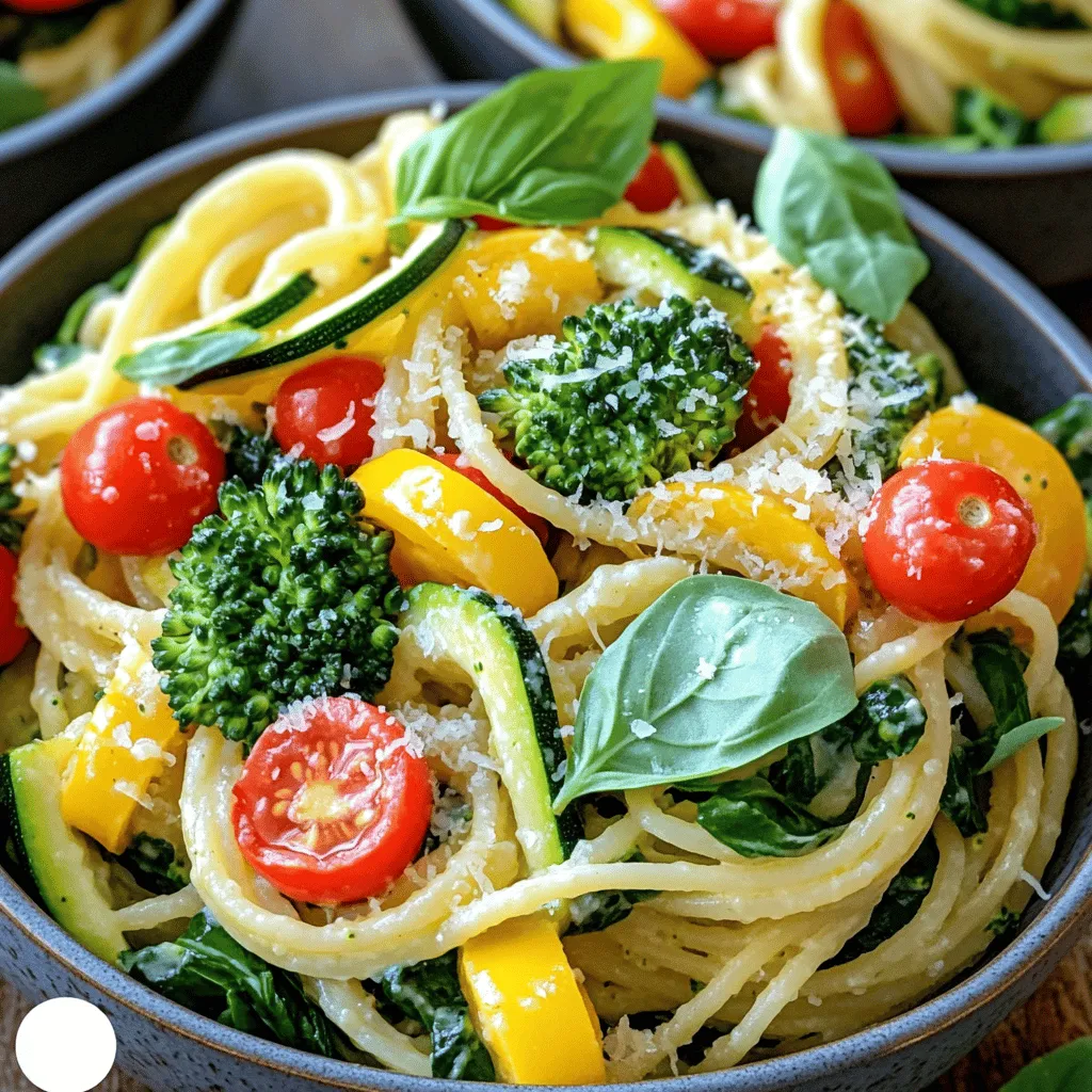 - 8 oz. spaghetti or pasta of your choice - 1 cup cherry tomatoes, halved - 1 cup zucchini, sliced into half-moons - 1 cup mixed bell peppers, sliced - 1 cup broccoli florets - 1 cup fresh spinach - 2 tablespoons extra virgin olive oil - 3 cloves garlic, finely minced - Zest and juice from 1 medium-sized lemon - 1 teaspoon dried oregano - Salt and freshly ground black pepper, to taste - Fresh basil leaves and grated Parmesan cheese (optional) When I craft my Pasta Primavera, I focus on fresh and vibrant veggies. The cherry tomatoes burst with flavor, giving a sweet touch. Zucchini adds a nice crunch, while bell peppers bring color. Broccoli florets add a delightful bite, and fresh spinach wilts perfectly into the mix. I love using extra virgin olive oil for its rich taste. Garlic gives it a fragrant kick. The zest and juice of the lemon brighten the dish and enhance all the flavors. Dried oregano is my go-to herb here, adding warmth and depth. A pinch of salt and pepper brings it all together. For a finishing touch, I often sprinkle fresh basil on top. You can also add grated Parmesan cheese for creaminess. This recipe is simple yet packed with flavor, perfect for any meal. To see the full recipe, check out the details above. - Fill a large pot with salted water. - Bring to a boil and cook pasta until al dente. - Reserve pasta water and drain. To cook the pasta, I fill a big pot with water and add a good amount of salt. This helps to flavor the pasta. Once the water boils, I add my spaghetti or whatever pasta I choose. I cook it until it is al dente, which means it is firm but cooked. Before draining, I set aside about one cup of the pasta water. This water is full of starch and will help make my sauce creamy later. - Heat olive oil in a skillet. - Sauté minced garlic for fragrance. - Add broccoli and mixed bell peppers, sauté for 3-4 minutes. Next, I heat some olive oil in a large skillet over medium heat. Once the oil is hot, I add minced garlic and sauté it for about 30 seconds. The smell is amazing! I have to be careful not to burn it. After that, I toss in the broccoli and mixed bell peppers. I sauté these for 3-4 minutes until they soften a bit but still have some crunch. - Incorporate zucchini and cherry tomatoes. - Add reserved pasta water and seasonings. - Let simmer to create sauce. Now, I add my zucchini and cherry tomatoes to the skillet. I stir everything for about three minutes. The tomatoes will start to release their juices, making the dish juicy. I then pour in the reserved pasta water, followed by the lemon juice and zest, and dried oregano. This creates a light sauce. I let it simmer for two minutes to blend the flavors. - Add drained pasta and fresh spinach. - Toss until well mixed. - Season to taste and plate with garnishes. Finally, I gently add the drained pasta to the skillet along with fresh spinach. I toss everything well so the pasta gets coated in the sauce. The heat wilts the spinach just right. I taste the dish and season it with salt and black pepper. To serve, I plate the pasta in deep bowls and garnish with fresh basil and a sprinkle of Parmesan cheese if I want. This dish looks and tastes great. You can find the full recipe for this delightful dish to enjoy! To achieve al dente pasta, you need to watch the clock. Start checking your pasta a minute before the package time. It should be firm but not hard. The texture is key! Reserving pasta water is a must. Always save about one cup before you drain it. This water is starchy and helps create a silky sauce later. It can make your dish creamy without adding heavy cream. To boost flavor, think about adding fresh herbs like parsley or thyme. You can also sprinkle in some red pepper flakes for heat. These add extra layers of taste and excitement. When sautéing vegetables, keep the heat high but don’t overcook them. Stir them quickly to keep their crunch. A short cooking time keeps veggies bright and fresh. For a beautiful presentation, use deep bowls for serving. This allows the colors to pop. A splash of lemon zest on top adds brightness, too. Garnishing can elevate your dish. Scatter fresh basil leaves over the top. A sprinkle of grated Parmesan cheese adds a nice touch. It makes your dish look like it came from a restaurant! For the full recipe, check out the detailed instructions above. Enjoy your cooking adventure! {{image_4}} You can change up the veggies in your Pasta Primavera with Lemon. Seasonal veggies work best. Try using asparagus, snap peas, or carrots. These will add color and flavor. If fresh veggies aren't available, frozen ones are a great option too. Just remember to thaw them and drain any excess water before cooking. This keeps your dish from getting soggy. Want to make your Pasta Primavera heartier? You can add protein! Chicken, shrimp, or tofu are great choices. If you use chicken, cook it in the skillet first, and then add the veggies. For shrimp, toss them in when the veggies are almost done. They only need a few minutes to cook. If you prefer tofu, press it to remove moisture, then cube and sauté until golden before adding it to the mix. Pasta Primavera is very flexible with pasta types. You can choose gluten-free pasta if you need it. Options like brown rice or quinoa pasta work well. Whole grain pasta is another healthy choice, adding fiber to your meal. If you want something unique, try legume-based pasta made from lentils or chickpeas. These add a nice twist and extra protein. For the full recipe, check out the [Full Recipe]. To keep your Pasta Primavera fresh, refrigerate it right after cooling. Place it in airtight containers. This helps lock in flavors and keeps it safe to eat. Always store leftovers within two hours of cooking. The pasta will taste great for up to three days in the fridge. When you reheat your pasta, use a stove or microwave. For the stove, add a splash of water or olive oil. Stir gently to heat evenly. If using a microwave, cover it to keep moisture in. Avoid overheating to prevent soggy pasta. Heat just until warm. To freeze Pasta Primavera, let it cool first. Transfer it to freezer-safe containers, leaving space for expansion. This dish can be frozen for up to three months. When ready to eat, thaw it overnight in the fridge. Reheat it on the stove or microwave, adding a bit of water to help it steam. Enjoy your flavorful veggie delight later! For the full recipe, check out the details above. Pasta Primavera lasts about 3 to 5 days in the fridge. To keep it fresh, store it in an airtight container. It’s best to let the pasta cool before sealing. This helps prevent moisture buildup, which can make it soggy. Yes, you can make Pasta Primavera ahead of time. To prepare, cook the pasta and veggies as usual. Let everything cool completely before storing. When you are ready to eat, just reheat it in a skillet over low heat. Add a splash of water or extra olive oil to keep it moist. If you need a lemon substitute, try lime juice or vinegar. Use the same amount, about 2 tablespoons. You can also use orange juice for a sweeter flavor. Adjust to your taste, as different fruits can change the dish's profile. Pasta Primavera is healthy and full of nutrients. It has lots of veggies like broccoli, spinach, and bell peppers. These provide vitamins and fiber. The olive oil adds healthy fats. Overall, this dish is low in calories and high in flavor, making it a great choice. Pasta Primavera is a simple and tasty dish. We discussed the essential ingredients, like pasta, fresh vegetables, and seasonings. I shared step-by-step instructions for cooking and combining ingredients. You can enhance flavors with herbs and spices while following tips for perfect presentation. Consider variations with protein and different pasta types for more options. Lastly, I covered storage and reheating to keep leftovers fresh. This dish is not only delicious but also healthy, making it a great meal for everyone. Enjoy experimenting with it!