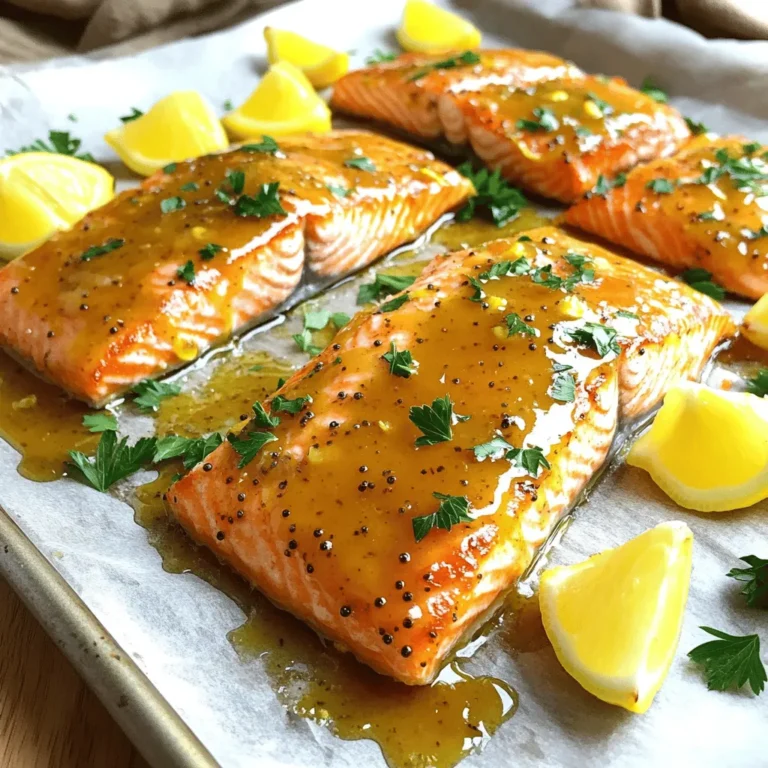 - Salmon fillets - Honey - Dijon mustard - Whole grain mustard - Olive oil - Lemon juice - Salt and pepper - Garnish options Using the right ingredients makes a big difference in your dish. Each one plays a role in the flavor and texture of the salmon. Salmon fillets are the star of the show. They should be fresh and about 6 ounces each. I love using wild-caught salmon for its rich taste. Next, we have honey. It adds a sweet touch and balances the mustard's bite. Dijon mustard brings sharpness, while whole grain mustard adds texture. Olive oil keeps the salmon moist and helps the glaze stick. Fresh lemon juice brightens the flavor and gives a zesty kick. Don’t forget salt and pepper to enhance the taste. For garnishing, I suggest fresh parsley. It adds color and a hint of freshness. Lemon wedges are also great for serving on the side. - Baking sheet - Parchment paper or aluminum foil - Mixing bowl - Whisk - Basting brush Having the right tools makes cooking easy and fun. A baking sheet is essential for roasting your salmon evenly. Lining it with parchment paper or foil helps with cleanup. A mixing bowl is where you’ll create the glaze. Use a whisk to combine the ingredients smoothly. A basting brush is key for applying the glaze on the salmon. These tools make the process simple and enjoyable. You’ll find that having the right items helps in the kitchen. For the full recipe, check out the Honey Mustard Glazed Salmon section! First, preheat your oven to 400°F (200°C). This step is key to cooking the salmon evenly. Next, gather a small mixing bowl. In this bowl, combine: - 3 tablespoons honey - 2 tablespoons Dijon mustard - 1 tablespoon whole grain mustard - 2 tablespoons extra virgin olive oil - 1 tablespoon freshly squeezed lemon juice - Salt and freshly ground black pepper to taste Whisk these ingredients together until you have a smooth, shiny glaze. The mix of sweet and tangy will elevate the salmon's flavor. Now, take a baking sheet and line it with parchment paper or aluminum foil. Arrange your salmon fillets skin-side down, leaving space between them. Using a basting brush, generously coat the top of each fillet with the honey mustard glaze. Make sure every part is covered. This will ensure maximum flavor in every bite. Place the baking sheet in your preheated oven. Bake the salmon for 12 to 15 minutes. It's done when it flakes easily with a fork and turns a warm, pink color. For an extra touch, broil the salmon for 1 to 2 minutes after baking. This gives the glaze a nice caramelization. Keep a close eye on it to avoid burning. Now your honey mustard glazed salmon is ready for serving! For full details, refer to the Full Recipe. To check if salmon is done, use the flake test. Gently press the salmon with a fork. If it flakes easily, it’s ready. This means the fish is cooked through but still moist. Letting the salmon rest for a few minutes is key too. This helps the juices settle and keeps it juicy. To boost flavor, add herbs like dill, thyme, or rosemary. Fresh herbs give a bright taste. You can also try spices like paprika or garlic powder. Using fresh ingredients is best. Fresh salmon and herbs taste great together. If you need substitutes, use dried herbs or other mustards. They can work well but may not give the same fresh burst. If you want to try something new, check out the Full Recipe for more options! {{image_4}} If you want to change the flavor of your honey mustard glazed salmon, try using teriyaki sauce or maple syrup. Both options add a sweet twist. - Teriyaki Glaze: Combine equal parts teriyaki sauce and honey for a savory and sweet mix. This glaze will give your salmon a rich umami flavor. - Maple Syrup Glaze: Swap honey for maple syrup. This change adds a warm and unique sweetness. You can mix maple syrup with Dijon mustard for a quick glaze. Pair this salmon with delicious side dishes. Here are some of my favorites: - Rice or Quinoa: These grains soak up the glaze well. - Steamed Vegetables: Broccoli or green beans add color and nutrients. - Crisp Salad: A salad with mixed greens and a light vinaigrette balances the richness of the salmon. For drinks, consider these pairings: - White Wine: A crisp Sauvignon Blanc enhances the dish's flavors. - Sparkling Water: A refreshing choice if you prefer a non-alcoholic drink. Feel free to mix and match these ideas to create a meal you love! For the full recipe, check out the Honey Mustard Glazed Salmon instructions above. To store leftover honey mustard glazed salmon, let it cool first. Place the fillets in an airtight container. The salmon stays fresh for up to three days in the fridge. When reheating, use the oven for the best taste. Preheat the oven to 350°F (175°C). Cover the salmon with foil to keep it moist. Heat for about 10 minutes, or until warm. This method helps maintain the glaze's flavor and texture. If you have extra salmon, freezing is a great option. To freeze, wrap each fillet tightly in plastic wrap. Then, place them in a freezer-safe bag or container. This keeps them safe for up to three months. When you're ready to eat, thaw the salmon in the fridge overnight. Reheat in the oven just like before. This way, you can enjoy your honey mustard glazed salmon even later! For the full recipe, check the earlier section. Yes, you can use frozen salmon. Just make sure to thaw it first. Place the salmon in the fridge overnight or run it under cold water. This way, you get even cooking. Frozen salmon can still taste great when glazed. To check if salmon is cooked, use a fork. Gently flake the salmon at the thickest part. If it flakes easily and appears opaque, it is done. Perfect salmon should feel moist and tender, not dry. I love serving honey mustard glazed salmon with a fresh salad. Roasted vegetables or quinoa also pair well. You can even add rice or potatoes for a hearty meal. Squeeze some lemon over the top for extra zing. Yes, you can make the glaze ahead of time. Just mix the ingredients and store them in the fridge. This saves time when you’re ready to cook. The flavors may even blend better after a day. Check the Full Recipe for the exact steps. You learned how to make honey mustard glazed salmon, a tasty and simple dish. We covered each step, from gathering ingredients to baking and serving. Using fresh ingredients and knowing storage tips are key. Try different glazes or side dishes for variety. With these tips, you can impress anyone. Enjoy your cooking and have fun with flavors!