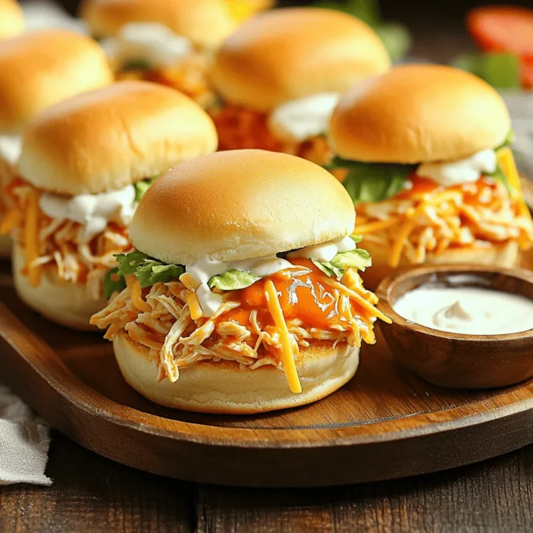To make yummy buffalo chicken sliders, you need a few key items: - 1 pound of cooked chicken, shredded - 1/2 cup of buffalo sauce - 1/4 cup of ranch dressing - 12 slider rolls (mini burger buns) - 1 cup of shredded lettuce - 1/2 cup of diced tomatoes - 1/2 cup of shredded cheddar cheese - 1 tablespoon of olive oil - Salt and pepper to taste These main ingredients create a great base for your sliders. The combination of chicken, buffalo sauce, and ranch dressing gives them a nice kick. When serving your sliders, consider adding these extras: - A small bowl of ranch dressing for dipping - Fresh parsley for garnish - Crisp celery sticks for crunch These items enhance the experience. They add freshness and flavor. Plus, they look nice on the plate. If you want to boost the flavor, try these optional ingredients: - Crumbled blue cheese for a tangy taste - Sliced jalapeños for heat - Pickles for a crunchy contrast These additions can make your sliders even more exciting. Feel free to mix and match based on your taste. For the full recipe to create your buffalo chicken sliders, check the Full Recipe. First, grab a medium bowl. In this bowl, mix the shredded chicken with buffalo sauce and ranch dressing. Use a spoon to coat every piece of chicken well. This step is key; it gives the chicken great flavor. Next, heat a skillet over medium heat. Add the olive oil and let it shimmer. Carefully pour in your buffalo chicken mixture. Cook it for about 5 to 7 minutes. Stir it often to warm it evenly and make it thicker. Taste your mixture and add salt or pepper if needed. While the chicken cooks, take the slider rolls. Slice each roll in half. You will use the bottom half first. Spoon a nice portion of the buffalo chicken mixture onto each bottom half. Make it nice and high for a hearty bite! Then, add shredded lettuce, diced tomatoes, and a sprinkle of cheddar cheese. Finally, place the top half of the bun on each slider. If you want a crispy touch, broil the sliders. Place them on a baking sheet. Broil for 1 to 2 minutes until the tops are golden brown. Keep an eye on them to prevent burning. This step adds a nice crunch and makes the sliders even better. Enjoy your tasty creations using the Full Recipe! To keep your chicken tender, use cooked chicken. Shredded rotisserie chicken works great. If you cook it yourself, avoid overcooking. Always add buffalo sauce while the chicken is warm. This helps the flavors blend well. Choose soft, small slider rolls for the best taste. Hawaiian rolls add a sweet touch. You can also use potato rolls for a fluffy texture. Ensure they are fresh for a perfect bite. Buffalo chicken sliders shine with extra toppings. Serve them with ranch or blue cheese dressing for dipping. Fresh veggies, like celery sticks or carrot sticks, add crunch. Pair sliders with crispy fries or a light salad. Don’t forget to check the [Full Recipe] for all the steps! {{image_4}} You can make your buffalo chicken sliders even spicier. Add more hot sauce to your chicken mixture. You can also mix in diced jalapeños for extra heat. If you love bold flavors, try adding a dash of smoked paprika. This spice gives a nice twist to the flavor. If you want a vegetarian option, use cauliflower instead of chicken. Start by roasting cauliflower florets until they are tender. Then, toss them in buffalo sauce just like you would with chicken. This method gives you that spicy flavor while keeping it meat-free. It’s a great way to enjoy sliders without the meat. Switching up the sauce can change the whole dish. Instead of traditional buffalo sauce, experiment with teriyaki or garlic parmesan sauces. These sauces add different tastes to your sliders. You can mix and match different toppings, like blue cheese or avocado, to create your own flavor profile. This makes your sliders unique and fun. For more ideas, you can check the Full Recipe. After a fun meal, you may have some sliders left. Store them in an airtight container. Keep them in the fridge for up to three days. If you want to keep them longer, consider freezing. Place the sliders in freezer-safe bags, removing as much air as possible. To reheat your sliders, use an oven. Preheat it to 350°F (175°C). Wrap the sliders in foil to keep them moist. Heat for about 10-15 minutes. You can also use a microwave. Just heat each slider for 30 seconds to 1 minute. Be careful not to overheat, as that can dry them out. If you want to enjoy these sliders later, freezing is a great option. After cooking, let them cool completely. Place them in freezer-safe containers or bags. They can last in the freezer for up to three months. When ready to eat, thaw them in the fridge overnight before reheating. For the best taste, follow the reheating tips mentioned earlier. Enjoy your Buffalo Chicken Sliders anytime! For the full recipe, check out the [Full Recipe]. The best buffalo sauce balances heat and flavor. Look for sauces that blend cayenne pepper, vinegar, and butter. Brands like Frank’s RedHot or Crystal Hot Sauce work well. You can also make your own by mixing hot sauce with melted butter. This gives you control over the heat level and taste. To add spice, try these tips: - Use a hotter buffalo sauce. - Mix in diced jalapeños or chili flakes. - Add hot sauce directly to the chicken mix. - Serve with spicy pickles or a jalapeño slice on top. Experiment to find the right heat for your taste! Yes, you can prepare buffalo chicken sliders in advance. Cook the chicken and store it in the fridge for up to three days. Assemble the sliders just before serving. This keeps the rolls fresh and the flavors bright. You can also freeze the chicken mixture for up to three months. Buffalo chicken sliders pair well with many sides. Here are some great options: - Celery sticks and carrot sticks with ranch dressing. - Crispy potato wedges or French fries. - A fresh green salad with a light vinaigrette. - Coleslaw for a crunchy contrast. These sides will enhance your meal and keep it fun! In this blog post, we explored how to make delicious buffalo chicken sliders. We covered key ingredients, step-by-step cooking instructions, and helpful tips to ensure great taste. You learned about variations, storage options, and answered common questions. Buffalo chicken sliders are easy to prepare and fun to customize. Enjoying these sliders with friends or family brings joy to any gathering. Try your favorite pairing and savor the rich flavors. Keep experimenting with new ideas for even more tasty sliders!