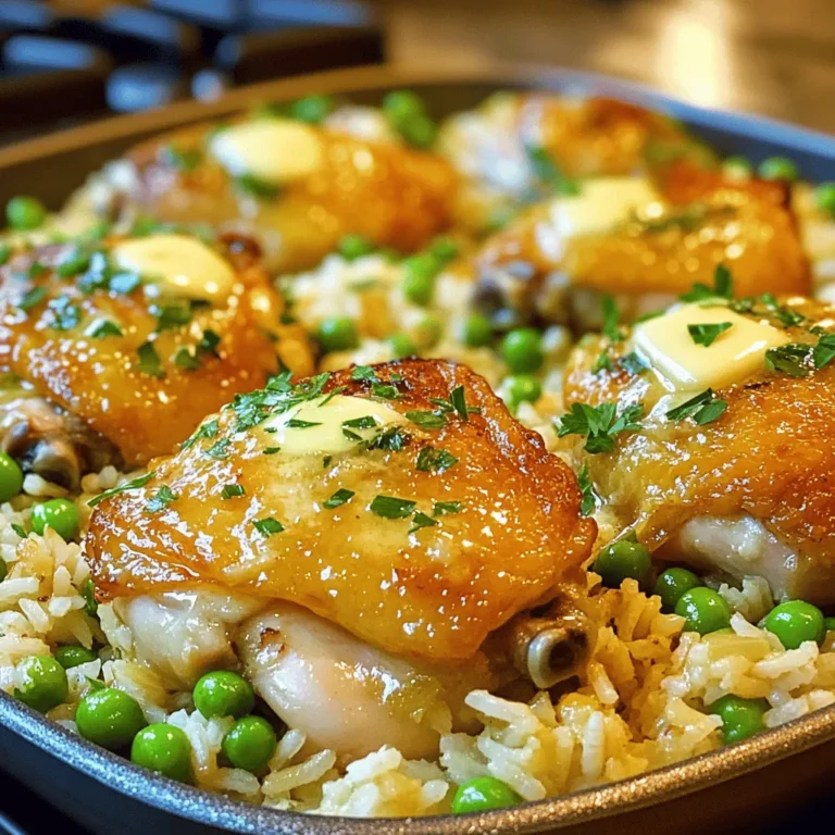 - 4 boneless, skinless chicken thighs - 2 cups long-grain rice - 4 tablespoons unsalted butter, divided - 5 cloves garlic, finely minced - 1 medium onion, finely chopped - 1 teaspoon dried oregano - 1 teaspoon paprika - Salt and freshly ground black pepper, to taste - 3 cups chicken broth - 1 cup frozen peas - Fresh parsley, chopped (for garnish) When I prepare Garlic Butter Chicken and Rice, I love the way the flavors mix. The chicken thighs bring a juicy texture. Long-grain rice soaks up all the savory chicken broth. Unsalted butter adds a rich taste. Aromatics play a big role here. Garlic cloves and onion give a sweet aroma. Dried oregano and paprika add warmth and depth. I always use fresh black pepper and salt to make the dish pop. For a splash of color, I toss in frozen peas. They keep their bright green shade when cooked. Fresh parsley adds a nice finish. It makes the dish look inviting and fresh. If you want to try this dish, check the Full Recipe for all the steps! You'll enjoy making it, and even more, eating it. 1. Start by melting 2 tablespoons of butter in a large skillet over medium heat. This will create a rich base for your dish. 2. Once the butter melts, add the chopped onion. Sauté it for about 5 minutes until it turns soft and fragrant. 3. Next, add 5 cloves of minced garlic to the skillet. Cook it for 1 minute, just until the garlic smells good but isn’t browned. 4. While the onion and garlic are cooking, season 4 chicken thighs on both sides. Use 1 teaspoon of oregano, 1 teaspoon of paprika, salt, and pepper. This will add a lot of flavor. 5. Move the onion and garlic to one side of the skillet. Place the seasoned chicken thighs in the center. Cook each side for 6-7 minutes until they turn golden brown. Once done, take the chicken out and set it aside. 1. In the same skillet, add the remaining 2 tablespoons of butter. Let it melt completely. 2. Now, stir in 2 cups of long-grain rice. Toast the rice for 2-3 minutes, stirring often. This step brings out the nutty flavor. 3. Pour 3 cups of chicken broth over the toasted rice. Gently stir to coat all the grains. Increase the heat to bring the mixture to a boil. 1. Once the broth is boiling, lower the heat to a simmer. Nestle the cooked chicken thighs on top of the rice. Cover the skillet with a lid and let it cook for 15-20 minutes. The rice should absorb most of the broth and become tender. 2. For the last 5 minutes of cooking, sprinkle 1 cup of frozen peas directly over the rice. Do not stir. This will keep the peas bright and fresh. 3. After cooking, remove the skillet from the heat. Leave it covered for an extra 5 minutes. This helps the rice fluff up nicely. 4. Finally, use a fork to fluff the rice and mix in the peas. Serve warm, with fresh parsley on top for color and flavor. This simple process makes Garlic Butter Chicken and Rice a fun and tasty comfort meal. For the complete recipe, check out the [Full Recipe]. To boost the flavor of your garlic butter chicken and rice, consider adding fresh herbs. Thyme, rosemary, or basil can bring new notes to the dish. You can also mix in some red pepper flakes for a little heat. Adjust the spices to fit your taste. If you like it spicy, add more paprika or even cayenne pepper. Remember, always taste as you go to find your perfect balance. Sautéing is key for great flavor. Start with a medium heat to avoid burning the garlic and onions. Stir them often to help them cook evenly. When cooking the chicken, ensure it's golden and cooked through. Use a meat thermometer to check the internal temperature. It should reach 165°F (75°C) for safe eating. This way, you get juicy chicken every time. For a beautiful presentation, serve your garlic butter chicken and rice on a large platter. Sprinkle fresh parsley on top for a pop of color. You can also add lemon wedges on the side. This adds a zesty touch when served. Pair your meal with a simple green salad or steamed vegetables. For drinks, try a light white wine or sparkling water with lemon. Enjoy your delicious creation! You can find the full recipe [here](#). {{image_4}} You can make this dish lighter by swapping rice for cauliflower rice. Cauliflower rice offers a low-carb option that still tastes great. It cooks quickly and absorbs flavors well. Using skinless chicken breasts instead of thighs is another healthy choice. Breasts have less fat but still provide protein. Spice things up by adding cayenne pepper for heat. A pinch can really enhance the dish. You can also try Italian seasoning for a different twist. Adding veggies like bell peppers or carrots boosts nutrition and color. They add crunch and sweetness that pairs well with garlic butter. If you need gluten-free options, use gluten-free chicken broth. It keeps the dish flavorful while meeting dietary needs. For those avoiding dairy, there are great butter substitutes. Look for dairy-free spreads made from plant oils. They work well in this recipe without losing taste. To keep your Garlic Butter Chicken and Rice fresh, store any leftovers in airtight containers. This helps lock in the flavor and moisture. Make sure to let the dish cool down before sealing it up. For longer storage, you can freeze it. Divide the dish into smaller portions to make thawing easier later. When it's time to reheat, use a skillet or a microwave. If using a skillet, add a splash of chicken broth to keep it moist. Heat it over low to medium heat, stirring gently. In the microwave, cover the dish with a damp paper towel. This keeps moisture in and avoids a dry result. Remember, you want your chicken and rice to stay tender. In the fridge, your Garlic Butter Chicken and Rice lasts about 3 to 4 days. Always check for signs before eating. Look for any off smells or changes in color. If it smells funny or looks slimy, it’s best to toss it. Always trust your senses to keep your meals safe and tasty. To amp up the flavor, try adding fresh herbs like thyme or rosemary. You can also mix in spices such as garlic powder or onion powder for extra depth. A splash of lemon juice at the end brightens the dish. For a spicy kick, consider adding crushed red pepper flakes. These little changes can make a big taste difference. Yes, you can! To adapt this recipe, first, brown the chicken thighs in a skillet. This step gives great flavor. Then, place the chicken, onions, garlic, and rice into the slow cooker. Add chicken broth and spices. Cook on low for 4-6 hours. Check the rice for doneness. Slow cooking makes this dish very tender and delicious. This dish pairs well with a side of steamed vegetables like broccoli or green beans. A fresh salad with vinaigrette is also nice. For drinks, consider serving iced tea or a light white wine. These choices balance the rich flavors of the chicken and rice. Absolutely! You can make this dish ahead of time. Store the chicken and rice in separate containers to keep them fresh. It lasts up to four days in the fridge. When ready to eat, simply reheat in the microwave or on the stovetop. This makes it a perfect option for busy weekdays. For the full recipe, check out the link above. This article guides you through making Garlic Butter Chicken and Rice. You learned about key ingredients like chicken thighs, long-grain rice, and garlic. I shared easy steps for cooking flavorful meals, plus tips to enhance taste and presentation. In conclusion, this dish is tasty and versatile. You can adjust it to fit your diet or mood. Enjoy experimenting with flavors and make it your own! Happy cooking!