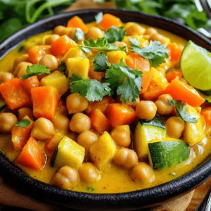 - 1 can (15 oz) chickpeas, drained and rinsed - 1 medium onion, finely chopped - 3 cloves garlic, minced - 1-inch piece of ginger, minced - 1 medium carrot, diced into small cubes - 1 bell pepper (your choice of color), chopped into bite-sized pieces - 1 zucchini, diced into half-moons - 1 cup cauliflower florets (fresh or frozen) - 1 can (14 oz) creamy coconut milk - 2 tablespoons curry powder - 1 teaspoon ground cumin - 1 teaspoon turmeric powder - 1 tablespoon olive oil - Salt and freshly ground black pepper to taste - Fresh coriander leaves for garnish - Lime wedges, for serving - Additional vegetables (e.g., spinach, peas) - Different protein options (like tofu or meat) - Alternative herbs for garnishing When I create my vegetable curry with chickpeas, I love using fresh ingredients. Fresh veggies make a big difference in taste. You can mix and match the vegetables based on what you have. Try adding spinach or peas for a pop of color and flavor. If you want, you can swap chickpeas for lentils or even add tofu for extra protein. Remember, cooking is about fun and creativity! For the best flavor, I recommend using high-quality coconut milk. It adds creaminess and richness to the dish. Don’t forget to adjust the spices too. If you love heat, add more curry powder or a pinch of cayenne pepper. You can find the full recipe in the next section. Enjoy cooking! - Heat 1 tablespoon of olive oil in a large pot over medium heat. - Add 1 finely chopped medium onion and sauté for about 5 minutes. - Once the onion is soft, add 3 minced garlic cloves and 1 inch of minced ginger. - Stir often for 2 minutes until you smell their wonderful aroma. - Now, add your chopped vegetables: 1 medium carrot, 1 bell pepper, and 1 zucchini. - Sauté everything for 5-7 minutes until the veggies start to soften. - Next, add 1 cup of cauliflower florets, 2 tablespoons of curry powder, 1 teaspoon of cumin, and 1 teaspoon of turmeric. - Stir well and toast the spices for 2 minutes. This step makes the flavors pop! - Carefully pour in 1 can (14 oz) of creamy coconut milk and add the rinsed chickpeas. - Mix everything gently, then bring it to a gentle simmer on low heat. - Let it simmer uncovered for about 15-20 minutes. Stir occasionally. This helps the curry thicken nicely. - Taste your curry and season it with salt and pepper to your liking. - Once done, remove the pot from heat. - Garnish with fresh coriander leaves. Serve with lime wedges for a zesty kick. For more details on the ingredients and full preparation steps, check the full recipe. To make your curry just right, adjust the spice levels. If you like it spicy, add more curry powder. For a milder dish, cut back on the spices. Start with two tablespoons and add more if you like. Simmering the curry is key for great flavor. It allows the spices to blend well with the veggies. Let it cook on low heat for at least 15 minutes. This way, all the tastes meld together, making each bite special. Pair your vegetable curry with rice or naan. Both options soak up the tasty sauce. Serve the curry in deep bowls for a nice look. To make your dish appealing, garnish it well. A sprig of fresh coriander adds color. Place lime wedges on the side for a zesty kick. This makes the meal look and taste fresh. Using the right kitchen tools makes cooking easier. A large pot or deep skillet is best for this dish. It helps cook all the veggies evenly. I recommend a non-stick skillet. It prevents sticking, making cleanup simple. Plus, it requires less oil, which is great for health. You can find these tools in most kitchens. They'll help you make this delicious vegetable curry with chickpeas, following the full recipe. {{image_4}} You can switch up the legumes in this recipe. Lentils are a great choice. They cook quickly and add protein. You could also use black beans or kidney beans for a different taste. If you want a creamier texture, try plant-based milk. Almond milk or oat milk can replace coconut milk. They will change the flavor but keep the dish delightful. For a Thai twist, add some fresh basil or cilantro. Use red curry paste instead of curry powder for depth. Toss in a splash of lime juice for brightness. If you prefer Indian flavors, add garam masala or cardamom. You can include peas or potatoes for heartiness. Serve with rice or naan for a complete meal. This recipe is gluten-free as it stands. Just make sure to check your curry powder for gluten. If you're vegan, this dish is perfect for you. For vegetarians, you can add yogurt on top for creaminess. Both options offer tasty experiences without losing flavor. To keep your vegetable curry fresh, store it in an airtight container. Let it cool first. This keeps bacteria at bay. You can safely eat it within 3 to 5 days. If you notice any off smells or changes in color, toss it out. You can freeze the vegetable curry for longer storage. Use a freezer-safe container or a heavy-duty freezer bag. Make sure to leave some space for expansion. When you’re ready to eat, thaw it in the fridge overnight. For a quick option, you can microwave it on low. To reheat, use a pot over low heat. This keeps the flavors intact. Stir often to prevent sticking. You might notice changes in texture, especially with the veggies. To help, add a splash of water or coconut milk while reheating. This restores creaminess and moisture to the dish. Enjoy your meal as if it was fresh from the stove! You can serve vegetable curry with chickpeas alongside rice or naan. Both pair well with the creamy sauce. I like to serve it with fluffy basmati rice. You can also add a side salad for a fresh crunch. Yogurt or raita adds a great cooling effect, too. Vegetable curry with chickpeas can last up to five days in the fridge. Store it in an airtight container to keep it fresh. Just make sure it cools down before you put it in the fridge. Yes, you can make vegetable curry with chickpeas ahead of time. Cooking it a day before allows the flavors to blend. Just reheat it on the stove before serving. To enhance your curry, you might use: - Curry powder - Ground cumin - Turmeric - Coriander - Cinnamon These spices add depth and warmth to your dish. Feel free to adjust based on your taste. This recipe includes chickpeas and coconut milk, which can be allergens. Always check for any nut allergies, as some coconut products may contain traces. If you cook for others, ask about their allergies first. This blog post shared a simple vegetable curry recipe with chickpeas. We covered key ingredients, easy cooking steps, and handy tips for flavor. I also explored variations and storage options. This dish is flexible; adapt it to fit your tastes. Remember, cooking is a way to express yourself. Enjoying your meal is what matters most. Try this curry and make it your own!