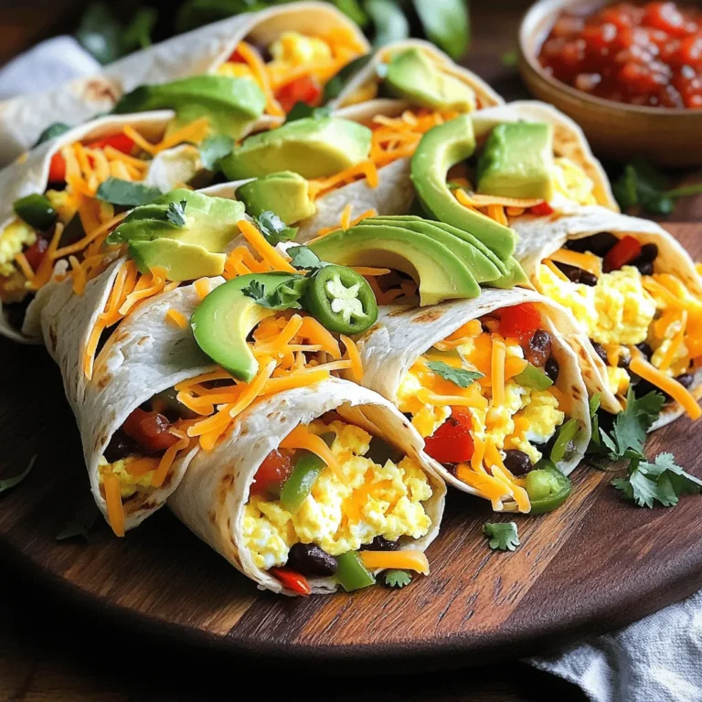 - 4 large flour tortillas - 6 large eggs - 1 cup canned black beans, rinsed and drained - 1 cup shredded sharp cheddar cheese - 1 small red bell pepper, diced - 1 small green bell pepper, diced - 1/2 cup red onion, finely diced - 1 ripe avocado, sliced - 2 tablespoons extra virgin olive oil - 1 teaspoon ground cumin - 1/2 teaspoon smoked paprika - Salt and black pepper, to taste - Fresh salsa - Optional garnishes When I make savory breakfast burritos, I focus on fresh, simple ingredients. The flour tortillas serve as a soft wrap for all the tasty fillings. Eggs provide protein and a fluffy texture. Black beans add fiber and a hearty feel. Cheese ties everything together with a creamy layer. For the vegetables, I love using vibrant bell peppers and red onion. They bring a sweet crunch and color. Adding ripe avocado gives a rich flavor and creamy texture. Olive oil is perfect for sautéing the veggies and spices. Ground cumin and smoked paprika add warmth and depth to each bite. When serving, fresh salsa on the side brightens the dish. A sprinkle of chopped cilantro or a slice of lime can enhance it even more. You can find the full recipe to create these delightful burritos and impress your family or friends. To start, heat 2 tablespoons of olive oil in a large non-stick skillet over medium heat. Add 1/2 cup of finely diced red onion, 1 small green bell pepper, and 1 small red bell pepper. Sauté these veggies for about 5-7 minutes. Stir them often until they soften and turn fragrant. You want them to caramelize slightly, which gives a nice sweet flavor. They should be tender but still have a bit of crunch. This texture adds a great bite to your burrito. In a medium bowl, crack 6 large eggs. Whisk them well with 1 teaspoon of ground cumin, 1/2 teaspoon of smoked paprika, and a pinch of salt and black pepper. This step is key for flavor. Pour the egg mix into the skillet with the veggies. Stir gently and let them cook for about 3-4 minutes. You want the eggs to be fluffy, fully cooked, and not runny. If you overcook them, they become dry, so keep an eye on them. Now, grab a large flour tortilla. Place it flat on your counter. Spoon a generous portion of the egg and veggie mix into the center. Then, sprinkle a handful of shredded sharp cheddar cheese on top, followed by a few slices of fresh avocado. To fold, gently pull the sides of the tortilla inward over the filling. Start from the bottom and roll it tightly upwards. Be sure to seal the filling inside. If you want a crispy burrito, place them seam side down back in the skillet. Toast for 2-3 minutes on each side until they’re golden brown. This adds a nice crunch! For a full recipe, you can refer to the details provided earlier. Enjoy your savory breakfast burritos! To make your breakfast burritos pop, focus on the seasonings. I like to start with ground cumin and smoked paprika. They add warmth and depth. If you want more heat, try adding cayenne pepper. Adjust the salt to your taste, too. Don’t be afraid to experiment. A dash of hot sauce can bring your burrito to life. Timing is key. Cook the veggies for 5-7 minutes until they soften. This step builds flavor. For the eggs, whisk them well before cooking. Pour them into the skillet and stir gently. Cook for about 3-4 minutes until they are fluffy. Fluffiness is a must for great eggs. If overcooked, they become rubbery. Make your burritos look as good as they taste. Use a colorful serving platter. Neatly arrange the burritos side by side. Garnish with extra avocado slices. It adds color and freshness. A small bowl of salsa on the side makes it inviting. For extra flair, sprinkle chopped cilantro over the top. It brightens the dish and adds flavor too. {{image_4}} You can easily adapt savory breakfast burritos to meet different dietary needs. For vegetarians, simply skip the meat. Use extra beans or add more veggies. This keeps the burrito hearty and satisfying. For a gluten-free option, switch to corn tortillas. They hold the filling well and add a nice flavor. Make sure your beans and cheese are also gluten-free. You can mix up the flavors in your burritos. Try different meats like chorizo or sausage for a heartier bite. If you want a lighter option, use turkey bacon or ham. Cheese choices can also change the taste. Go for pepper jack for a kick or feta for a tangy touch. Each type of cheese will give you a new flavor experience. You can draw inspiration from regional dishes. Make it spicy with jalapeños or chipotle. If you love cheesy flavors, add nacho cheese or queso. Each variation offers a fun twist. Breakfast burritos can also serve as a great dinner meal. For dinner, swap out eggs for grilled chicken or steak. This gives a fresh take on the classic burrito. You can also use different veggies, like roasted zucchini or sautéed mushrooms. This adds depth to the dish. Don’t forget to include your favorite sauces for extra flavor. Feel free to explore the full recipe to see how each change can add to your meals. To keep your savory breakfast burritos fresh, store them in the fridge. Use an airtight container. They will last about 3 to 4 days. If you want to keep them longer, freezing is a great option. Wrap each burrito tightly in plastic wrap and place them in a freezer bag. This way, they can last for up to 3 months. When you’re ready to enjoy your burritos again, reheating is easy. The microwave works well. Heat them for 1 to 2 minutes on high. You can also use the oven. Wrap them in foil and heat at 350°F for about 15 minutes. This keeps the burritos crispy and warm. These breakfast burritos are best when eaten fresh. In the fridge, they last around 3 to 4 days. If you freeze them, they will stay good for up to 3 months. Look for signs of spoilage like a bad smell or mold. If you see any of these signs, it’s best to toss them. To make breakfast burritos ahead of time, first prepare the filling. Cook the eggs, beans, and veggies as in the Full Recipe. Let the mixture cool. Once cool, fill the tortillas and roll them up. Wrap each burrito in plastic wrap or foil. Store them in the fridge for up to three days. Yes, you can freeze breakfast burritos! After rolling them, wrap each burrito in foil or plastic wrap. Place them in a freezer-safe bag or container. They can last up to three months in the freezer. When ready to eat, thaw in the fridge overnight. Heat them in the microwave or oven until warm. You can add a variety of toppings to enhance your burrito. Here are some tasty ideas: - Fresh salsa - Sliced jalapeños - Sour cream - Chopped cilantro - Shredded lettuce - Diced tomatoes - Hot sauce These toppings can add flavor and texture to your burrito. Absolutely! You can personalize your breakfast burrito filling. Here are some suggestions: - Add cooked sausage or bacon for meat lovers - Include spinach or kale for a green boost - Swap black beans for pinto or refried beans - Use different cheese, like pepper jack or feta - Try adding cooked potatoes or sweet potatoes These options let you create a burrito that suits your taste. To spice up your breakfast burritos, consider these ingredients: - Add diced jalapeños or serrano peppers to the filling - Use spicy salsa as a topping - Sprinkle in some cayenne pepper or chili powder - Choose pepper jack cheese instead of cheddar - Mix in hot sauce to the egg mixture These spicy additions will elevate the flavor of your breakfast burrito. You’ve learned how to make delicious breakfast burritos from scratch. We covered the key ingredients like tortillas, eggs, and seasonings. You now know how to prepare and cook everything step-by-step. Tips helped you perfect flavors and presentation. We also explored dietary options and storage methods. Take this knowledge and create your own tasty variations. Don’t be afraid to experiment with fillings and spices. Enjoy your meal and impress your family!