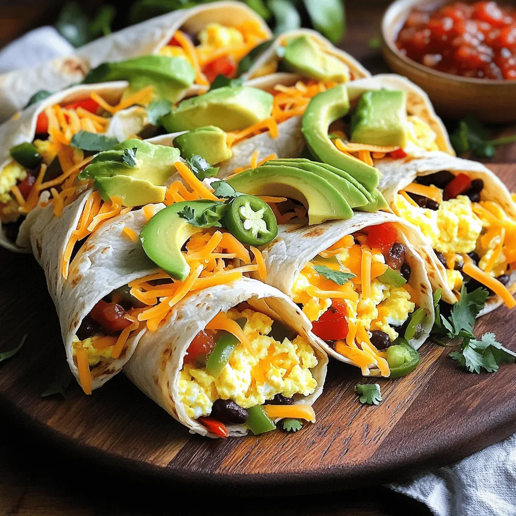- 4 large flour tortillas - 6 large eggs - 1 cup canned black beans, rinsed and drained - 1 cup shredded sharp cheddar cheese - 1 small red bell pepper, diced - 1 small green bell pepper, diced - 1/2 cup red onion, finely diced - 1 ripe avocado, sliced - 2 tablespoons extra virgin olive oil - 1 teaspoon ground cumin - 1/2 teaspoon smoked paprika - Salt and black pepper, to taste - Fresh salsa - Optional garnishes When I make savory breakfast burritos, I focus on fresh, simple ingredients. The flour tortillas serve as a soft wrap for all the tasty fillings. Eggs provide protein and a fluffy texture. Black beans add fiber and a hearty feel. Cheese ties everything together with a creamy layer. For the vegetables, I love using vibrant bell peppers and red onion. They bring a sweet crunch and color. Adding ripe avocado gives a rich flavor and creamy texture. Olive oil is perfect for sautéing the veggies and spices. Ground cumin and smoked paprika add warmth and depth to each bite. When serving, fresh salsa on the side brightens the dish. A sprinkle of chopped cilantro or a slice of lime can enhance it even more. You can find the full recipe to create these delightful burritos and impress your family or friends. To start, heat 2 tablespoons of olive oil in a large non-stick skillet over medium heat. Add 1/2 cup of finely diced red onion, 1 small green bell pepper, and 1 small red bell pepper. Sauté these veggies for about 5-7 minutes. Stir them often until they soften and turn fragrant. You want them to caramelize slightly, which gives a nice sweet flavor. They should be tender but still have a bit of crunch. This texture adds a great bite to your burrito. In a medium bowl, crack 6 large eggs. Whisk them well with 1 teaspoon of ground cumin, 1/2 teaspoon of smoked paprika, and a pinch of salt and black pepper. This step is key for flavor. Pour the egg mix into the skillet with the veggies. Stir gently and let them cook for about 3-4 minutes. You want the eggs to be fluffy, fully cooked, and not runny. If you overcook them, they become dry, so keep an eye on them. Now, grab a large flour tortilla. Place it flat on your counter. Spoon a generous portion of the egg and veggie mix into the center. Then, sprinkle a handful of shredded sharp cheddar cheese on top, followed by a few slices of fresh avocado. To fold, gently pull the sides of the tortilla inward over the filling. Start from the bottom and roll it tightly upwards. Be sure to seal the filling inside. If you want a crispy burrito, place them seam side down back in the skillet. Toast for 2-3 minutes on each side until they’re golden brown. This adds a nice crunch! For a full recipe, you can refer to the details provided earlier. Enjoy your savory breakfast burritos! To make your breakfast burritos pop, focus on the seasonings. I like to start with ground cumin and smoked paprika. They add warmth and depth. If you want more heat, try adding cayenne pepper. Adjust the salt to your taste, too. Don’t be afraid to experiment. A dash of hot sauce can bring your burrito to life. Timing is key. Cook the veggies for 5-7 minutes until they soften. This step builds flavor. For the eggs, whisk them well before cooking. Pour them into the skillet and stir gently. Cook for about 3-4 minutes until they are fluffy. Fluffiness is a must for great eggs. If overcooked, they become rubbery. Make your burritos look as good as they taste. Use a colorful serving platter. Neatly arrange the burritos side by side. Garnish with extra avocado slices. It adds color and freshness. A small bowl of salsa on the side makes it inviting. For extra flair, sprinkle chopped cilantro over the top. It brightens the dish and adds flavor too. {{image_4}} You can easily adapt savory breakfast burritos to meet different dietary needs. For vegetarians, simply skip the meat. Use extra beans or add more veggies. This keeps the burrito hearty and satisfying. For a gluten-free option, switch to corn tortillas. They hold the filling well and add a nice flavor. Make sure your beans and cheese are also gluten-free. You can mix up the flavors in your burritos. Try different meats like chorizo or sausage for a heartier bite. If you want a lighter option, use turkey bacon or ham. Cheese choices can also change the taste. Go for pepper jack for a kick or feta for a tangy touch. Each type of cheese will give you a new flavor experience. You can draw inspiration from regional dishes. Make it spicy with jalapeños or chipotle. If you love cheesy flavors, add nacho cheese or queso. Each variation offers a fun twist. Breakfast burritos can also serve as a great dinner meal. For dinner, swap out eggs for grilled chicken or steak. This gives a fresh take on the classic burrito. You can also use different veggies, like roasted zucchini or sautéed mushrooms. This adds depth to the dish. Don’t forget to include your favorite sauces for extra flavor. Feel free to explore the full recipe to see how each change can add to your meals. To keep your savory breakfast burritos fresh, store them in the fridge. Use an airtight container. They will last about 3 to 4 days. If you want to keep them longer, freezing is a great option. Wrap each burrito tightly in plastic wrap and place them in a freezer bag. This way, they can last for up to 3 months. When you’re ready to enjoy your burritos again, reheating is easy. The microwave works well. Heat them for 1 to 2 minutes on high. You can also use the oven. Wrap them in foil and heat at 350°F for about 15 minutes. This keeps the burritos crispy and warm. These breakfast burritos are best when eaten fresh. In the fridge, they last around 3 to 4 days. If you freeze them, they will stay good for up to 3 months. Look for signs of spoilage like a bad smell or mold. If you see any of these signs, it’s best to toss them. To make breakfast burritos ahead of time, first prepare the filling. Cook the eggs, beans, and veggies as in the Full Recipe. Let the mixture cool. Once cool, fill the tortillas and roll them up. Wrap each burrito in plastic wrap or foil. Store them in the fridge for up to three days. Yes, you can freeze breakfast burritos! After rolling them, wrap each burrito in foil or plastic wrap. Place them in a freezer-safe bag or container. They can last up to three months in the freezer. When ready to eat, thaw in the fridge overnight. Heat them in the microwave or oven until warm. You can add a variety of toppings to enhance your burrito. Here are some tasty ideas: - Fresh salsa - Sliced jalapeños - Sour cream - Chopped cilantro - Shredded lettuce - Diced tomatoes - Hot sauce These toppings can add flavor and texture to your burrito. Absolutely! You can personalize your breakfast burrito filling. Here are some suggestions: - Add cooked sausage or bacon for meat lovers - Include spinach or kale for a green boost - Swap black beans for pinto or refried beans - Use different cheese, like pepper jack or feta - Try adding cooked potatoes or sweet potatoes These options let you create a burrito that suits your taste. To spice up your breakfast burritos, consider these ingredients: - Add diced jalapeños or serrano peppers to the filling - Use spicy salsa as a topping - Sprinkle in some cayenne pepper or chili powder - Choose pepper jack cheese instead of cheddar - Mix in hot sauce to the egg mixture These spicy additions will elevate the flavor of your breakfast burrito. You’ve learned how to make delicious breakfast burritos from scratch. We covered the key ingredients like tortillas, eggs, and seasonings. You now know how to prepare and cook everything step-by-step. Tips helped you perfect flavors and presentation. We also explored dietary options and storage methods. Take this knowledge and create your own tasty variations. Don’t be afraid to experiment with fillings and spices. Enjoy your meal and impress your family!