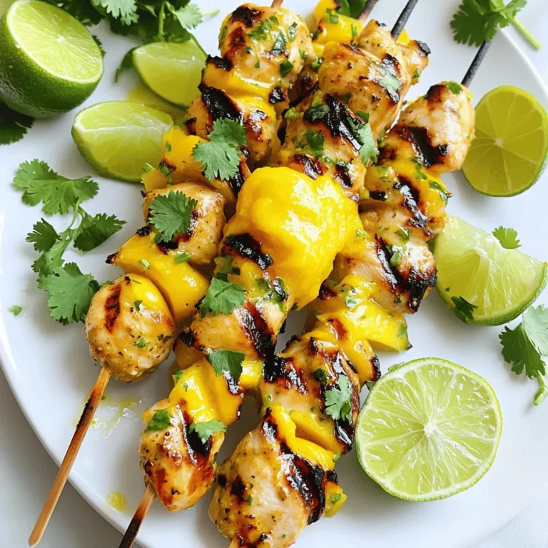 - 1 lb chicken breast, cut into 1-inch cubes - 2 ripe mangoes, pureed - Zest and juice of 2 limes - 2 tablespoons honey - 2 tablespoons olive oil - 1 teaspoon garlic powder - 1 teaspoon ground cumin - Salt and pepper to taste - Fresh cilantro, finely chopped, for garnish - Wooden or metal skewers, soaked in water if wooden You can swap fruits for a twist. Try pineapple or peach for a sweet change. If you want to change proteins, shrimp or tofu work well too. For a different sweetness, use maple syrup or agave nectar instead of honey. Each choice adds a new flavor. Gather a few simple tools to make this dish. You’ll need a mixing bowl for the marinade. A whisk or spatula helps mix everything well. A grill or grill pan cooks the skewers perfectly. Finally, grab your skewers to hold the chicken and fruit. For the full recipe, follow the instructions carefully. Enjoy creating this flavorful dish! To start, I combine all the marinade ingredients in a large bowl. I mix together the pureed mango, lime zest, lime juice, honey, olive oil, garlic powder, ground cumin, salt, and pepper. I want to make sure every ingredient blends well. Next, I add the chicken cubes to the bowl. I coat each piece thoroughly with the marinade. For the best flavor, I cover the bowl with plastic wrap and place it in the fridge for at least one hour. If I have time, I let it marinate overnight. This step really helps the flavors soak into the chicken. While the chicken marinates, I soak my wooden skewers in water. This helps prevent them from burning on the grill. After soaking, I start threading the chicken onto the skewers. I usually fit about 4 to 5 pieces on each skewer. I leave a little space between each piece. This ensures the heat can reach all sides of the chicken as it cooks. Once the chicken is ready, I preheat my grill to medium-high heat. This step is key for a good sear. I place the skewers on the grill and cook them for about 10 to 12 minutes. As they grill, I turn the skewers every few minutes. This helps the chicken cook evenly and gives it that nice char. I make sure the chicken reaches an internal temperature of 165°F to ensure it’s safe to eat. To boost flavor, marinate the chicken for at least one hour. For the best taste, try overnight marination. This longer time allows the chicken to soak up all those great mango and lime flavors. You can also add spices like chili powder for heat or smoked paprika for depth. Always check the internal temperature of the chicken. It should reach 165°F to be safe to eat. For great grill marks, make sure the grill is hot before adding the skewers. Avoid sticking by oiling the grill grates or the skewers lightly. This helps the chicken slide off easily after cooking. When serving, arrange the skewers in a fan shape on a plate for a nice look. Drizzle some extra mango puree over them to make it pop. Pair your skewers with rice or a fresh salad. These sides add color and balance to your meal. For a zesty touch, serve lime wedges alongside the skewers. You can find the full recipe for more detailed steps. {{image_4}} For a spicy kick, try adding chili to your marinade. This gives your mango lime chicken skewers a nice heat. You can use fresh jalapeños or chili powder. Adjust the amount to suit your taste. If you want a smoky flavor, adding smoked paprika or chipotle works great. Both options bring a deep, rich taste. This variation pairs well with the sweet mango and tart lime. You can also bake your mango lime chicken skewers in the oven. Preheat it to 400°F. Lay the skewers on a baking sheet and cook for about 15-20 minutes. This is a great option if you do not have a grill. An air fryer is another choice. Set it to 375°F and cook the skewers for 10-12 minutes. The air fryer gives a nice crisp texture without much oil. Feel free to mix in some fresh vegetables. Bell peppers and zucchini add color and crunch. They also soak up the marinade, boosting flavor in every bite. You can combine proteins too! Mixing chicken with shrimp creates a fun twist. The shrimp cooks quickly and adds a sweet taste. This way, you get a variety of flavors in one dish. For detailed preparation, follow the Full Recipe. To store leftover mango lime chicken skewers, wrap them well in plastic wrap or foil. Place them in an airtight container. This keeps the skewers fresh and tasty. You can store them in the fridge for up to three days. If you want to save the skewers for later, freezing is a great option. First, let the cooked skewers cool completely. Then, place them in a freezer-safe bag or container. Make sure to squeeze out as much air as you can. You can freeze them for up to three months. When you are ready to eat, reheat the skewers in the oven or microwave. For the oven, preheat to 350°F. Place the skewers on a baking sheet and cover them with foil. Heat for about 15-20 minutes until hot. If using a microwave, heat in short bursts, checking often to avoid overcooking. Enjoy your delicious mango lime chicken skewers again! For the full recipe, check the previous section. To add heat, you can use chili powder or cayenne pepper. Mix in about half a teaspoon for mild spice. For more heat, add more chili or use fresh sliced jalapeños in the marinade. You can also try sriracha or hot sauce for a kick. Experiment with different spices to find your perfect level of heat. Yes, you can use frozen chicken. Just make sure to thaw it fully before marinating. This will help the marinade stick better. If you use frozen chicken, let it sit in the fridge overnight to defrost. This keeps the chicken juicy and flavorful. Serve the skewers on a colorful plate. Drizzle with extra mango puree for a tasty touch. Add lime wedges on the side for a zesty kick. You can also garnish with fresh cilantro for color. Pair them with rice or a fresh salad for a complete meal. Check the chicken's internal temperature with a meat thermometer. It should read 165°F to be safe to eat. If you don’t have a thermometer, look for clear juices when you cut into a piece. If the juices run clear, the chicken is done. The mango lime chicken skewers offer a fresh and tasty meal. We covered essential ingredients and easy steps to make them. You can switch proteins or fruits for new flavors. Grilling tips help ensure you get the best results every time. Remember to store leftovers properly or freeze them for later. Enjoy these skewers with friends or family for a delicious experience!