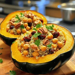 To make the stuffed acorn squash, gather these key ingredients: - 2 medium acorn squashes, halved and seeds removed - 1 cup quinoa, rinsed and drained - 2 cups vegetable broth (or water) - 1 cup cooked chickpeas (canned or boiled) - 1/2 cup dried cranberries - 1/4 cup chopped pecans - 1 small onion, finely diced - 2 cloves garlic, minced - 1 teaspoon ground cumin - 1 teaspoon ground cinnamon - Salt and freshly ground black pepper to taste - 2 tablespoons olive oil - Fresh parsley or cilantro for garnish For a little extra flair, consider these garnishes: - A drizzle of olive oil - Extra cranberries for a pop of color - Chopped pecans for crunch - Fresh herbs, like parsley or cilantro You can easily swap some ingredients for different flavors: - Use brown rice instead of quinoa for a heartier texture. - Swap chickpeas for black beans or lentils for a change. - Try walnuts or almonds in place of pecans for a different nutty flavor. - If you want a sweet touch, consider adding diced apples or pears. These options let you customize the recipe to your taste or what you have on hand. Check out the Full Recipe to dive deeper into this delightful dish! To start, you need to preheat your oven to 400°F (200°C). This step warms the oven for roasting the squash. Next, take the halved acorn squashes and place them cut-side up on a baking sheet. Brush each half with olive oil. I like to use about 1 tablespoon per half. Then, sprinkle salt and black pepper on top. Roast the squash for 25 to 30 minutes. You want the squash to be tender and easy to pierce with a fork. While the squash roasts, it's time to cook the quinoa. In a medium saucepan, bring 2 cups of vegetable broth to a rolling boil. After that, add 1 cup of rinsed quinoa. Cover the pot and lower the heat. Let it simmer on low for about 15 minutes. When done, the quinoa will be fluffy, and all the liquid should be absorbed. Remove it from the heat but keep it covered for another 5 minutes. This steaming step makes the quinoa even better. Now, let’s make the filling. In a large skillet, heat 1 tablespoon of olive oil over medium heat. Add a small diced onion and sauté it for about 5 minutes. The onion should turn translucent. Next, stir in 2 minced garlic cloves, 1 teaspoon of ground cumin, and 1 teaspoon of ground cinnamon. Cook this mix for about 1 minute until you smell the great aroma. Then, add 1 cup of cooked chickpeas, 1/2 cup of dried cranberries, and 1/4 cup of chopped pecans. Stir everything well and let it cook for another 3 to 4 minutes. This helps all the flavors mix. Finally, fluff your cooked quinoa with a fork and add it to the skillet. Mix everything well and season with salt and black pepper to taste. Now your filling is ready for the squash! For the full recipe, you can refer back to the ingredients list. To make stuffed acorn squash shine, use roasting as your main cooking method. Roasting gives the squash a sweet, caramelized flavor that takes this dish to the next level. When you roast, make sure to cut the squash in half and scoop out the seeds first. Brush them with olive oil and sprinkle with salt. This helps the squash cook evenly. For tender squash, roast at 400°F (200°C). This temperature creates a nice balance between cooking through and browning. Cook for about 25-30 minutes, until a fork easily pierces the flesh. If you want extra tenderness, you can cover the squash with foil during the first half of cooking. This traps steam and helps make it soft. To boost flavors, add spices to the quinoa mix. Ground cumin and cinnamon work wonders. You can also include fresh herbs like thyme or rosemary for a fragrant twist. Consider adding a splash of lemon juice for brightness. If you enjoy a bit of heat, add a pinch of red pepper flakes. To make your meal more colorful, top the dish with extra cranberries and pecans before serving. Remember, you can find the full recipe for stuffed acorn squash with quinoa and cranberries to get all the tasty details! {{image_4}} You can easily make this dish vegetarian by swapping out the chickpeas. Try using lentils or black beans instead. Both options add protein and flavor. You can also use roasted vegetables like zucchini or bell peppers for extra taste and texture. Mix in some spinach or kale for a nutrient boost. The main ingredient, quinoa, is naturally gluten-free. If you want to add grains, choose gluten-free options like rice or millet. Always check labels on ingredients like broth and spices to ensure they are gluten-free. This way, you can enjoy a safe and tasty meal. Use seasonal ingredients to change the flavor of the stuffing. In fall, add apples or pears for sweetness. In winter, try adding brussels sprouts or sweet potatoes. Spring brings fresh herbs like mint or basil, while summer allows for tomatoes or corn. These swaps keep the dish fresh and exciting all year round. You can find the full recipe to explore more options. After you make the stuffed acorn squash, let it cool to room temperature. Store leftovers in an airtight container. Place it in the fridge for up to three days. This keeps the flavors fresh and safe. If you plan to eat it later, cover each half well to avoid drying out. You can freeze stuffed acorn squash for longer storage. Wrap each half tightly in plastic wrap. Then, place them in a freezer-safe bag or container. This helps prevent freezer burn. They will last for about three months in the freezer. When you are ready to enjoy them, thaw in the fridge overnight before reheating. To reheat, preheat your oven to 350°F (175°C). Place the stuffed squash on a baking sheet. Cover with aluminum foil to retain moisture. Heat for about 20-25 minutes, or until warmed through. You can also use the microwave. Place a half in a microwave-safe dish and cover it. Heat for 3-5 minutes, checking often to avoid overcooking. Enjoy your delicious meal again! For the full recipe, check out the details above. Cooking acorn squash usually takes about 25 to 30 minutes. First, you roast it in the oven at 400°F (200°C). You want it tender enough to pierce easily with a fork. This time may vary a bit, depending on the size of the squash. Keep an eye on it to avoid overcooking. Yes, you can prepare the stuffing a day ahead. Cook the quinoa and mix it with the chickpeas, cranberries, and spices. Store it in the fridge until you are ready to stuff the squash. This makes the cooking process faster and easier on the day you plan to serve it. Stuffed acorn squash pairs well with a simple green salad or roasted vegetables. You could also serve it with a light soup for a complete meal. For a festive touch, consider adding cranberry sauce or a dollop of yogurt on the side. This recipe is already vegan-friendly! It uses quinoa, chickpeas, and cranberries for a hearty filling. You can enjoy the stuffed acorn squash without any animal products. For added flavor, consider using vegetable broth instead of water when cooking the quinoa. For the full recipe, check out the details above. Stuffed acorn squash with quinoa is a tasty dish. We covered the ingredients, preparation, and cooking steps. I shared tips to make cooking easier and your dish more flavorful. You can also explore variations to suit your taste or dietary needs. Remember, you can store leftovers well and reheat them easily. Enjoy this healthy, satisfying meal anytime. Try it out and share your results!