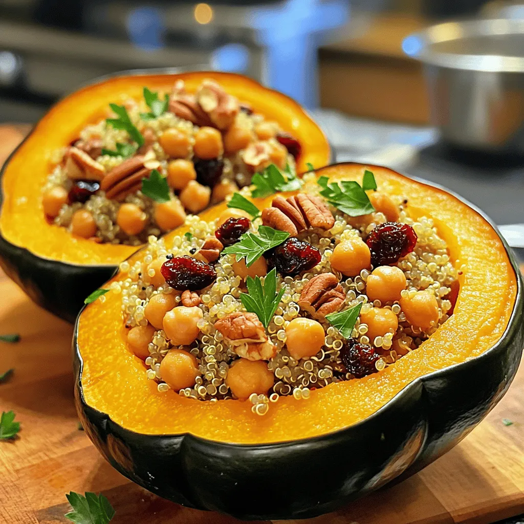 To make the stuffed acorn squash, gather these key ingredients: - 2 medium acorn squashes, halved and seeds removed - 1 cup quinoa, rinsed and drained - 2 cups vegetable broth (or water) - 1 cup cooked chickpeas (canned or boiled) - 1/2 cup dried cranberries - 1/4 cup chopped pecans - 1 small onion, finely diced - 2 cloves garlic, minced - 1 teaspoon ground cumin - 1 teaspoon ground cinnamon - Salt and freshly ground black pepper to taste - 2 tablespoons olive oil - Fresh parsley or cilantro for garnish For a little extra flair, consider these garnishes: - A drizzle of olive oil - Extra cranberries for a pop of color - Chopped pecans for crunch - Fresh herbs, like parsley or cilantro You can easily swap some ingredients for different flavors: - Use brown rice instead of quinoa for a heartier texture. - Swap chickpeas for black beans or lentils for a change. - Try walnuts or almonds in place of pecans for a different nutty flavor. - If you want a sweet touch, consider adding diced apples or pears. These options let you customize the recipe to your taste or what you have on hand. Check out the Full Recipe to dive deeper into this delightful dish! To start, you need to preheat your oven to 400°F (200°C). This step warms the oven for roasting the squash. Next, take the halved acorn squashes and place them cut-side up on a baking sheet. Brush each half with olive oil. I like to use about 1 tablespoon per half. Then, sprinkle salt and black pepper on top. Roast the squash for 25 to 30 minutes. You want the squash to be tender and easy to pierce with a fork. While the squash roasts, it's time to cook the quinoa. In a medium saucepan, bring 2 cups of vegetable broth to a rolling boil. After that, add 1 cup of rinsed quinoa. Cover the pot and lower the heat. Let it simmer on low for about 15 minutes. When done, the quinoa will be fluffy, and all the liquid should be absorbed. Remove it from the heat but keep it covered for another 5 minutes. This steaming step makes the quinoa even better. Now, let’s make the filling. In a large skillet, heat 1 tablespoon of olive oil over medium heat. Add a small diced onion and sauté it for about 5 minutes. The onion should turn translucent. Next, stir in 2 minced garlic cloves, 1 teaspoon of ground cumin, and 1 teaspoon of ground cinnamon. Cook this mix for about 1 minute until you smell the great aroma. Then, add 1 cup of cooked chickpeas, 1/2 cup of dried cranberries, and 1/4 cup of chopped pecans. Stir everything well and let it cook for another 3 to 4 minutes. This helps all the flavors mix. Finally, fluff your cooked quinoa with a fork and add it to the skillet. Mix everything well and season with salt and black pepper to taste. Now your filling is ready for the squash! For the full recipe, you can refer back to the ingredients list. To make stuffed acorn squash shine, use roasting as your main cooking method. Roasting gives the squash a sweet, caramelized flavor that takes this dish to the next level. When you roast, make sure to cut the squash in half and scoop out the seeds first. Brush them with olive oil and sprinkle with salt. This helps the squash cook evenly. For tender squash, roast at 400°F (200°C). This temperature creates a nice balance between cooking through and browning. Cook for about 25-30 minutes, until a fork easily pierces the flesh. If you want extra tenderness, you can cover the squash with foil during the first half of cooking. This traps steam and helps make it soft. To boost flavors, add spices to the quinoa mix. Ground cumin and cinnamon work wonders. You can also include fresh herbs like thyme or rosemary for a fragrant twist. Consider adding a splash of lemon juice for brightness. If you enjoy a bit of heat, add a pinch of red pepper flakes. To make your meal more colorful, top the dish with extra cranberries and pecans before serving. Remember, you can find the full recipe for stuffed acorn squash with quinoa and cranberries to get all the tasty details! {{image_4}} You can easily make this dish vegetarian by swapping out the chickpeas. Try using lentils or black beans instead. Both options add protein and flavor. You can also use roasted vegetables like zucchini or bell peppers for extra taste and texture. Mix in some spinach or kale for a nutrient boost. The main ingredient, quinoa, is naturally gluten-free. If you want to add grains, choose gluten-free options like rice or millet. Always check labels on ingredients like broth and spices to ensure they are gluten-free. This way, you can enjoy a safe and tasty meal. Use seasonal ingredients to change the flavor of the stuffing. In fall, add apples or pears for sweetness. In winter, try adding brussels sprouts or sweet potatoes. Spring brings fresh herbs like mint or basil, while summer allows for tomatoes or corn. These swaps keep the dish fresh and exciting all year round. You can find the full recipe to explore more options. After you make the stuffed acorn squash, let it cool to room temperature. Store leftovers in an airtight container. Place it in the fridge for up to three days. This keeps the flavors fresh and safe. If you plan to eat it later, cover each half well to avoid drying out. You can freeze stuffed acorn squash for longer storage. Wrap each half tightly in plastic wrap. Then, place them in a freezer-safe bag or container. This helps prevent freezer burn. They will last for about three months in the freezer. When you are ready to enjoy them, thaw in the fridge overnight before reheating. To reheat, preheat your oven to 350°F (175°C). Place the stuffed squash on a baking sheet. Cover with aluminum foil to retain moisture. Heat for about 20-25 minutes, or until warmed through. You can also use the microwave. Place a half in a microwave-safe dish and cover it. Heat for 3-5 minutes, checking often to avoid overcooking. Enjoy your delicious meal again! For the full recipe, check out the details above. Cooking acorn squash usually takes about 25 to 30 minutes. First, you roast it in the oven at 400°F (200°C). You want it tender enough to pierce easily with a fork. This time may vary a bit, depending on the size of the squash. Keep an eye on it to avoid overcooking. Yes, you can prepare the stuffing a day ahead. Cook the quinoa and mix it with the chickpeas, cranberries, and spices. Store it in the fridge until you are ready to stuff the squash. This makes the cooking process faster and easier on the day you plan to serve it. Stuffed acorn squash pairs well with a simple green salad or roasted vegetables. You could also serve it with a light soup for a complete meal. For a festive touch, consider adding cranberry sauce or a dollop of yogurt on the side. This recipe is already vegan-friendly! It uses quinoa, chickpeas, and cranberries for a hearty filling. You can enjoy the stuffed acorn squash without any animal products. For added flavor, consider using vegetable broth instead of water when cooking the quinoa. For the full recipe, check out the details above. Stuffed acorn squash with quinoa is a tasty dish. We covered the ingredients, preparation, and cooking steps. I shared tips to make cooking easier and your dish more flavorful. You can also explore variations to suit your taste or dietary needs. Remember, you can store leftovers well and reheat them easily. Enjoy this healthy, satisfying meal anytime. Try it out and share your results!