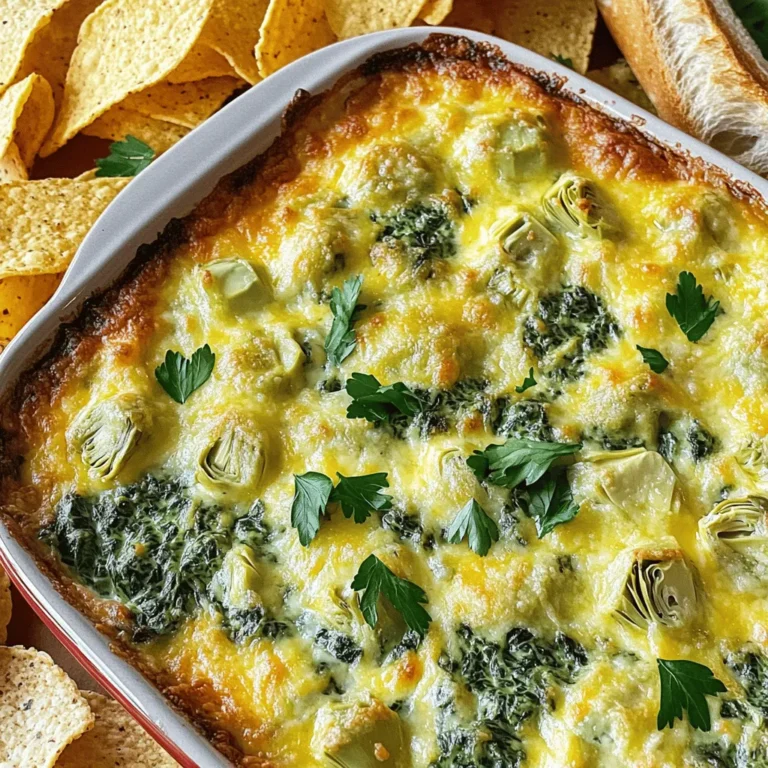 To make a great cheesy spinach and artichoke dip, here are the key ingredients you need: - 1 cup fresh spinach, finely chopped - 1 cup canned artichoke hearts, thoroughly drained and roughly chopped - 1 cup cream cheese, brought to room temperature - 1/2 cup sour cream, at room temperature - 1 cup shredded mozzarella cheese - 1/2 cup freshly grated Parmesan cheese - 1 garlic clove, finely minced - 1 teaspoon fresh lemon juice - 1/2 teaspoon crushed red pepper flakes (optional for a hint of heat) - Salt and pepper to taste These ingredients blend together to create a creamy and cheesy dip that’s perfect for any gathering. If you want to switch things up, here are some good alternatives: - Instead of cream cheese, you can try using Greek yogurt or ricotta cheese for a lighter twist. - For sour cream, low-fat plain yogurt works well, giving a similar taste while cutting calories. - If you're dairy-free, look for plant-based cream cheese or cheese shreds made from nuts or soy. These substitutions allow you to tailor the dip to fit your taste and dietary needs. To enjoy this dip, here are some tasty options for serving: - Serve it with crispy tortilla chips for a classic crunch. - Toasted baguette slices make for a delicious and elegant option. - Fresh vegetable sticks like carrots, bell peppers, and celery add a healthy touch. These dippers not only enhance the flavor but also make your serving platter look great. For the full recipe, check out the details in the recipe section. First, prepare your spinach and artichokes. Use fresh spinach for the best taste. Wash it well, then chop it finely. For canned artichokes, drain them and chop them into small pieces. This helps them mix well in the dip. Next, soften the cream cheese. Take it out of the fridge at least 30 minutes before you start. This makes mixing much easier. You want it smooth and creamy for the best texture. Now, let's mix the ingredients. In a medium-sized bowl, combine the softened cream cheese, sour cream, shredded mozzarella cheese, and grated Parmesan cheese. Use a spatula or hand mixer to blend these until smooth. Make sure there are no lumps; a smooth dip is key. After that, fold in the chopped spinach, artichokes, minced garlic, lemon juice, and optional crushed red pepper flakes. Mixing these in well is important for even flavor throughout. Season the mixture with salt and pepper to taste. Taste as you go to get it just right. Now, set your oven temperature to 350°F (175°C) and let it preheat. Once it’s hot, spoon the creamy mixture into a baking dish. Spread it evenly for even cooking. Bake the dip for 25-30 minutes. Keep an eye on it. You’ll know it’s done when it’s bubbly and the top turns a light golden brown. After baking, carefully remove the dish from the oven. Let it cool for a few minutes before serving. This dip pairs perfectly with tortilla chips or toasted baguette slices. For the full recipe, check the detailed instructions. To make a smooth dip, avoid lumps in the mixture. Start with softened cream cheese. Beat it well before adding the other ingredients. Use a spatula or mixer to blend until creamy. This helps ensure a nice texture. For a golden top, bake at 350°F (175°C) for 25-30 minutes. Keep an eye on the dip. It should bubble and turn light brown. If the top is not golden, broil it for a minute or two. Just watch it closely to avoid burning. Spices and herbs can boost the flavor of your dip. I love adding garlic and fresh lemon juice. They add zest and brightness. You can also use dried herbs like oregano or thyme for extra taste. For a creamier texture, mix in more sour cream or cream cheese. This makes it rich and smooth. Some like to add a splash of cream or a bit of mayonnaise. This can also help if the dip feels too thick. Serve this dip warm for the best taste. It’s creamy and gooey when hot. You can make it ahead and reheat it before serving. For plating ideas, use a shallow dish. Spread the dip evenly. Surround it with tortilla chips or toasted baguette slices. This makes it look inviting and fun. You can also sprinkle fresh parsley on top for a pop of color. Check out the Full Recipe for more details! {{image_4}} You can make cheesy spinach and artichoke dip even tastier. Adding cooked bacon or sausage brings a savory twist. Just chop them finely and mix them in. It adds a nice crunch and depth of flavor. You can also try using different cheeses. Swap mozzarella for gouda or add cheddar for a sharp kick. Mixing cheeses gives the dip a rich, gooey texture. If you're looking for a vegan option, use cashew cream instead of dairy. Blend soaked cashews with nutritional yeast for a cheesy taste. You can also use vegan cream cheese. For gluten-free options, serve the dip with fresh vegetable sticks or gluten-free chips. This makes it perfect for everyone at your gathering. You can add a fun twist by mixing in Mediterranean flavors. Try adding sun-dried tomatoes or kalamata olives. This gives the dip a bright, tangy taste. For a Southwest spin, include jalapeños for some heat. Just chop them finely and fold them in. It adds a spicy kick that many will love. For the full recipe, check out the detailed instructions above. After making your cheesy spinach and artichoke dip, you might have leftovers. Store them in the fridge to keep them fresh. Use airtight containers to avoid any unwanted odors. Glass containers work great since they do not stain or hold smells. Make sure to seal the lid tightly to keep moisture in. When it’s time to enjoy your dip again, reheating is simple. To keep it creamy, use the oven if you can. Preheat it to 350°F (175°C). Place the dip in an oven-safe dish and cover it with foil. This prevents it from drying out. Heat for about 15-20 minutes or until hot. You can also use the microwave. Just heat it in short bursts to avoid overcooking. Stir in between to keep it smooth. If you want to freeze the dip, it’s easy! First, let it cool completely. Then, put it in a freezer-safe container. Make sure to leave some space at the top for expansion. Seal it well and label it with the date. To thaw, move it to the fridge for a few hours or overnight. Reheat it using the same methods mentioned above. Enjoy your cheesy spinach and artichoke dip anytime with these simple storage tips! For the full recipe, check out the earlier section. Cheesy Spinach and Artichoke Dip lasts about 3 to 5 days in the fridge. Make sure to store it in an airtight container. This keeps the dip fresh and tasty for your next snack. If you find leftovers, check for any off smells or changes in texture before eating. Yes, you can make this dip in advance. Prepare the dip up to the baking step. Then, cover and chill it in the fridge. When you're ready to serve, just bake it until bubbly. This method saves time and keeps your party stress-free. I love serving this dip with tortilla chips or toasted baguette slices. Both options add a nice crunch. You can also try fresh vegetable sticks like carrots or celery for a healthy touch. These pair well and create a fun snack spread. Yes, you can freeze the dip. Store it in a freezer-safe container. It stays good for up to 3 months. When ready to eat, thaw it overnight in the fridge. Then, reheat it in the oven for best results. To add some heat, mix in crushed red pepper flakes. You can also use diced jalapeños or hot sauce. Adjust the amount to fit your taste. A little spice can make this dip even more exciting and flavorful. For the full recipe, check out the complete guide. This article covered everything you need to create a delicious Cheesy Spinach and Artichoke Dip. You learned the main ingredients, substitutions, and serving ideas. I provided step-by-step instructions for prep, mixing, and baking. Remember to explore variations to suit your taste and dietary needs. Proper storage and reheating tips will keep your dip fresh. Enjoy sharing it with friends and family at your next gathering!