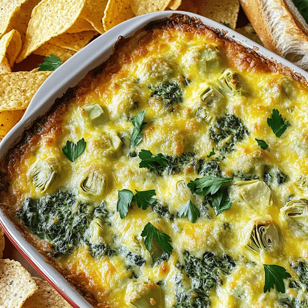 To make a great cheesy spinach and artichoke dip, here are the key ingredients you need: - 1 cup fresh spinach, finely chopped - 1 cup canned artichoke hearts, thoroughly drained and roughly chopped - 1 cup cream cheese, brought to room temperature - 1/2 cup sour cream, at room temperature - 1 cup shredded mozzarella cheese - 1/2 cup freshly grated Parmesan cheese - 1 garlic clove, finely minced - 1 teaspoon fresh lemon juice - 1/2 teaspoon crushed red pepper flakes (optional for a hint of heat) - Salt and pepper to taste These ingredients blend together to create a creamy and cheesy dip that’s perfect for any gathering. If you want to switch things up, here are some good alternatives: - Instead of cream cheese, you can try using Greek yogurt or ricotta cheese for a lighter twist. - For sour cream, low-fat plain yogurt works well, giving a similar taste while cutting calories. - If you're dairy-free, look for plant-based cream cheese or cheese shreds made from nuts or soy. These substitutions allow you to tailor the dip to fit your taste and dietary needs. To enjoy this dip, here are some tasty options for serving: - Serve it with crispy tortilla chips for a classic crunch. - Toasted baguette slices make for a delicious and elegant option. - Fresh vegetable sticks like carrots, bell peppers, and celery add a healthy touch. These dippers not only enhance the flavor but also make your serving platter look great. For the full recipe, check out the details in the recipe section. First, prepare your spinach and artichokes. Use fresh spinach for the best taste. Wash it well, then chop it finely. For canned artichokes, drain them and chop them into small pieces. This helps them mix well in the dip. Next, soften the cream cheese. Take it out of the fridge at least 30 minutes before you start. This makes mixing much easier. You want it smooth and creamy for the best texture. Now, let's mix the ingredients. In a medium-sized bowl, combine the softened cream cheese, sour cream, shredded mozzarella cheese, and grated Parmesan cheese. Use a spatula or hand mixer to blend these until smooth. Make sure there are no lumps; a smooth dip is key. After that, fold in the chopped spinach, artichokes, minced garlic, lemon juice, and optional crushed red pepper flakes. Mixing these in well is important for even flavor throughout. Season the mixture with salt and pepper to taste. Taste as you go to get it just right. Now, set your oven temperature to 350°F (175°C) and let it preheat. Once it’s hot, spoon the creamy mixture into a baking dish. Spread it evenly for even cooking. Bake the dip for 25-30 minutes. Keep an eye on it. You’ll know it’s done when it’s bubbly and the top turns a light golden brown. After baking, carefully remove the dish from the oven. Let it cool for a few minutes before serving. This dip pairs perfectly with tortilla chips or toasted baguette slices. For the full recipe, check the detailed instructions. To make a smooth dip, avoid lumps in the mixture. Start with softened cream cheese. Beat it well before adding the other ingredients. Use a spatula or mixer to blend until creamy. This helps ensure a nice texture. For a golden top, bake at 350°F (175°C) for 25-30 minutes. Keep an eye on the dip. It should bubble and turn light brown. If the top is not golden, broil it for a minute or two. Just watch it closely to avoid burning. Spices and herbs can boost the flavor of your dip. I love adding garlic and fresh lemon juice. They add zest and brightness. You can also use dried herbs like oregano or thyme for extra taste. For a creamier texture, mix in more sour cream or cream cheese. This makes it rich and smooth. Some like to add a splash of cream or a bit of mayonnaise. This can also help if the dip feels too thick. Serve this dip warm for the best taste. It’s creamy and gooey when hot. You can make it ahead and reheat it before serving. For plating ideas, use a shallow dish. Spread the dip evenly. Surround it with tortilla chips or toasted baguette slices. This makes it look inviting and fun. You can also sprinkle fresh parsley on top for a pop of color. Check out the Full Recipe for more details! {{image_4}} You can make cheesy spinach and artichoke dip even tastier. Adding cooked bacon or sausage brings a savory twist. Just chop them finely and mix them in. It adds a nice crunch and depth of flavor. You can also try using different cheeses. Swap mozzarella for gouda or add cheddar for a sharp kick. Mixing cheeses gives the dip a rich, gooey texture. If you're looking for a vegan option, use cashew cream instead of dairy. Blend soaked cashews with nutritional yeast for a cheesy taste. You can also use vegan cream cheese. For gluten-free options, serve the dip with fresh vegetable sticks or gluten-free chips. This makes it perfect for everyone at your gathering. You can add a fun twist by mixing in Mediterranean flavors. Try adding sun-dried tomatoes or kalamata olives. This gives the dip a bright, tangy taste. For a Southwest spin, include jalapeños for some heat. Just chop them finely and fold them in. It adds a spicy kick that many will love. For the full recipe, check out the detailed instructions above. After making your cheesy spinach and artichoke dip, you might have leftovers. Store them in the fridge to keep them fresh. Use airtight containers to avoid any unwanted odors. Glass containers work great since they do not stain or hold smells. Make sure to seal the lid tightly to keep moisture in. When it’s time to enjoy your dip again, reheating is simple. To keep it creamy, use the oven if you can. Preheat it to 350°F (175°C). Place the dip in an oven-safe dish and cover it with foil. This prevents it from drying out. Heat for about 15-20 minutes or until hot. You can also use the microwave. Just heat it in short bursts to avoid overcooking. Stir in between to keep it smooth. If you want to freeze the dip, it’s easy! First, let it cool completely. Then, put it in a freezer-safe container. Make sure to leave some space at the top for expansion. Seal it well and label it with the date. To thaw, move it to the fridge for a few hours or overnight. Reheat it using the same methods mentioned above. Enjoy your cheesy spinach and artichoke dip anytime with these simple storage tips! For the full recipe, check out the earlier section. Cheesy Spinach and Artichoke Dip lasts about 3 to 5 days in the fridge. Make sure to store it in an airtight container. This keeps the dip fresh and tasty for your next snack. If you find leftovers, check for any off smells or changes in texture before eating. Yes, you can make this dip in advance. Prepare the dip up to the baking step. Then, cover and chill it in the fridge. When you're ready to serve, just bake it until bubbly. This method saves time and keeps your party stress-free. I love serving this dip with tortilla chips or toasted baguette slices. Both options add a nice crunch. You can also try fresh vegetable sticks like carrots or celery for a healthy touch. These pair well and create a fun snack spread. Yes, you can freeze the dip. Store it in a freezer-safe container. It stays good for up to 3 months. When ready to eat, thaw it overnight in the fridge. Then, reheat it in the oven for best results. To add some heat, mix in crushed red pepper flakes. You can also use diced jalapeños or hot sauce. Adjust the amount to fit your taste. A little spice can make this dip even more exciting and flavorful. For the full recipe, check out the complete guide. This article covered everything you need to create a delicious Cheesy Spinach and Artichoke Dip. You learned the main ingredients, substitutions, and serving ideas. I provided step-by-step instructions for prep, mixing, and baking. Remember to explore variations to suit your taste and dietary needs. Proper storage and reheating tips will keep your dip fresh. Enjoy sharing it with friends and family at your next gathering!