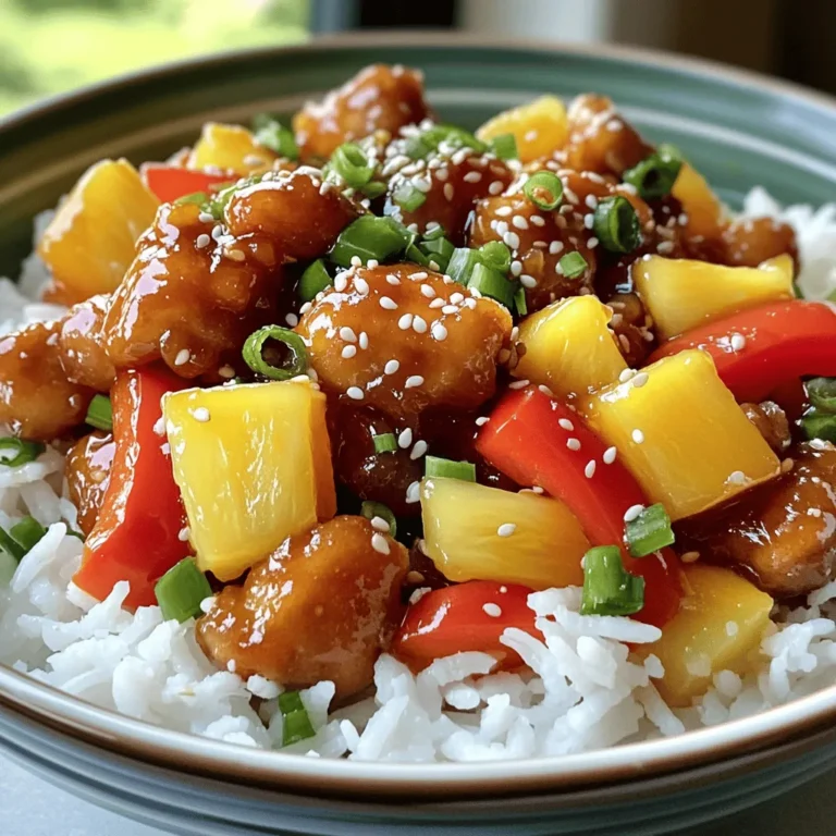 To make crispy sweet and sour chicken, you need some key ingredients. Here’s what to gather: - 1 lb (450g) chicken breast, cut into bite-sized pieces - 1 cup cornstarch - 2 large eggs, beaten - Oil for frying - Salt and black pepper to taste These ingredients form the base of your dish. The chicken gives protein, while cornstarch creates that crispy texture. Eggs help the cornstarch stick to the chicken. Adding vibrant colors and fresh flavors is easy with the right vegetables and fruits. Here’s what you’ll need: - 1 cup bell peppers, chopped (mix of colors for visual appeal) - 1 cup pineapple chunks (fresh or canned) - 1 cup onion, chopped - 3 cloves garlic, minced The bell peppers and onions add crunch and sweetness. Pineapple brings a juicy burst of flavor. Garlic adds depth to the dish. The sweet and sour sauce makes this dish memorable. Gather these components: - 1/2 cup ketchup - 1/4 cup apple cider vinegar - 1/4 cup brown sugar - 2 tablespoons soy sauce - 1 tablespoon cornstarch mixed with 2 tablespoons water (for slurry) This sauce balances sweetness and tang. Ketchup gives a rich base, while apple cider vinegar adds a zesty kick. Brown sugar enhances the sweetness, and soy sauce adds umami. The cornstarch slurry thickens the sauce perfectly. For the full recipe, check out the complete list of steps to follow. Happy cooking! Start by seasoning the chicken pieces with salt and pepper. This simple step adds great flavor. Next, dredge each piece in cornstarch. Make sure to shake off any extra cornstarch. This helps create a nice, crispy crust. After that, dip the chicken pieces into the beaten eggs. This coating will help the cornstarch stick well. In a large skillet, heat oil over medium-high heat. You want the oil to shimmer before adding the chicken. Fry the chicken in batches. Avoid crowding the pan to keep the chicken crispy. Cook each piece for about 4-5 minutes per side. When golden brown, use a slotted spoon to remove the chicken. Place it on paper towels to drain any excess oil. Lower the heat to medium. In the same pan, add chopped onions and bell peppers. Sauté them for about 3-4 minutes or until soft. This brings out their sweetness. Then, add minced garlic and cook for another minute. The aroma will fill your kitchen and make your mouth water. In a bowl, whisk together the sauce ingredients: ketchup, apple cider vinegar, brown sugar, and soy sauce. Combine these until smooth. Pour this sweet and tangy sauce over the sautéed vegetables. Stir gently to mix everything together. The colors and smells will be inviting. Raise the heat slightly and bring the sauce to a gentle simmer. This helps blend the flavors. Once it simmers, add pineapple chunks for sweetness. Then, mix the cornstarch slurry and pour it in. Stir continuously until the sauce thickens, which takes about 2-3 minutes. You want it to coat the chicken well. Add the crispy chicken back into the pan. Carefully fold it into the thickening sauce. Toss everything gently to coat each piece of chicken. Once warmed through, the dish is ready to serve. For a great presentation, plate it over fluffy rice or steamed quinoa. You can also garnish it with sesame seeds and green onions for extra flair. To get that perfect crispy texture, start with your oil. Heat it well, around 350°F (175°C) is ideal. If the oil isn't hot enough, your chicken will soak up oil and get soggy. Fry the chicken in batches to avoid crowding. This keeps the oil temperature steady. Once fried, place the chicken on paper towels. This helps drain off any extra oil. For a twist on the classic sauce, try adding a splash of orange juice. It brightens the flavor. You can also swap brown sugar with honey for a different sweetness. Using fresh ginger in your sauce will give an extra kick. Remember to taste as you mix. Adjust salt and pepper to suit your taste buds. Presentation makes your dish look more appealing. Serve your crispy sweet and sour chicken over fluffy white rice or quinoa. Sprinkle sesame seeds on top for crunch. Finely chopped green onions add a pop of color. You can even add a few slices of fresh pineapple on the side for a tropical touch. This will make your meal look vibrant and inviting. {{image_4}} You can switch up the protein in this dish. Shrimp works great and cooks fast. Just sauté it until it turns pink. Tofu is another good option. Use firm tofu for the best texture. Cut it into cubes and fry until golden. Pork also fits well. Use pork tenderloin or chops, cut into bite-sized pieces. Each protein adds its own flavor, keeping things exciting. You can mix in different veggies for added nutrition. Broccoli is a great choice. It adds a nice crunch and color. Carrots give a sweet flavor and vibrant look. Snap peas are another fun option. They stay crisp and add a pop of freshness. Feel free to combine any of these for a colorful plate. It makes your meal more appealing and nutritious. You can easily tweak the sauce to match your taste. If you like heat, add some red pepper flakes or sriracha. This will spice up the dish nicely. For sweetener options, you can swap brown sugar for honey or maple syrup. This change adds a different flavor twist. Adjust the acidity by adding more vinegar or a squeeze of lime juice. Each change can create a new experience with this classic dish. For the full recipe, check out the detailed instructions earlier. After enjoying your crispy sweet and sour chicken, store any leftovers in an airtight container. This keeps the dish fresh for up to three days. Before storing, let the chicken cool down to room temperature. This prevents condensation, which can make the chicken soggy. If you have sauce left over, store it separately to keep the chicken crispy. To freeze your crispy sweet and sour chicken, place it in a freezer-safe container or bag. Make sure to remove as much air as possible. This helps avoid freezer burn. It can stay good for about one month. When you're ready to eat, thaw it overnight in the fridge. For the best taste and texture, reheat your chicken in an oven. Preheat the oven to 350°F (175°C). Spread the chicken on a baking sheet and cover with foil. Heat for about 15-20 minutes or until warm. This method helps keep the chicken crispy. You can also reheat it in a skillet over medium heat. Just add a splash of water to the pan to create steam, which helps warm it without drying out. Enjoy your leftovers just as much as the first time! To make crispy sweet and sour chicken, start with these steps: 1. Prep Chicken: Cut chicken breast into bite-sized pieces. Season with salt and pepper. Dredge in cornstarch, then coat in beaten eggs. 2. Fry Chicken: Heat oil in a skillet over medium-high heat. Fry chicken pieces until golden brown, about 4-5 minutes per side. Drain on paper towels. 3. Sauté Vegetables: Lower heat and add chopped onion and bell peppers to the same pan. Cook for 3-4 minutes. Add minced garlic and cook for another minute. 4. Prepare Sauce: Mix ketchup, apple cider vinegar, brown sugar, and soy sauce in a bowl. Pour this mixture over the vegetables in the pan. 5. Thicken Sauce: Bring the sauce to a gentle simmer. Add pineapple chunks and cornstarch slurry. Stir until the sauce thickens, about 2-3 minutes. 6. Combine Chicken and Sauce: Add the fried chicken back into the pan. Toss gently to coat the chicken in the sauce. 7. Serve: Let the dish rest for a minute. Serve it over rice or quinoa for a complete meal. Yes, you can prepare some parts in advance. Cook the chicken and the sauce ahead of time. Store them separately in airtight containers in the fridge. You can keep the chicken for up to three days. The sauce will last about a week. When ready to serve, reheat the chicken and sauce together in a pan. This keeps the chicken crispy and the sauce fresh. Yes, you can make a vegetarian version! Use tofu instead of chicken. Press the tofu to remove excess moisture, then cut it into cubes. Coat and fry the tofu pieces just like you would with chicken. You can also use seitan or tempeh for a similar texture. The sauce remains the same, giving you that sweet and sour flavor. I love serving crispy sweet and sour chicken with steamed rice or quinoa. You can also pair it with: - Fried rice - Noodles - Steamed broccoli - A fresh cucumber salad These sides complement the dish well and add color to your plate. Enjoy your meal! For the complete recipe, check the [Full Recipe]. Crispy sweet and sour chicken is a delightful dish. We explored key ingredients, cooking methods, and tips for perfecting it. You learned how to achieve that crispy texture and enhance flavors. Remember, try different proteins and veggies for variety. Proper storage keeps leftovers fresh. This dish is not only tasty but also versatile. Enjoy making and sharing it with friends and family. Let your kitchen creativity shine with this classic recipe!