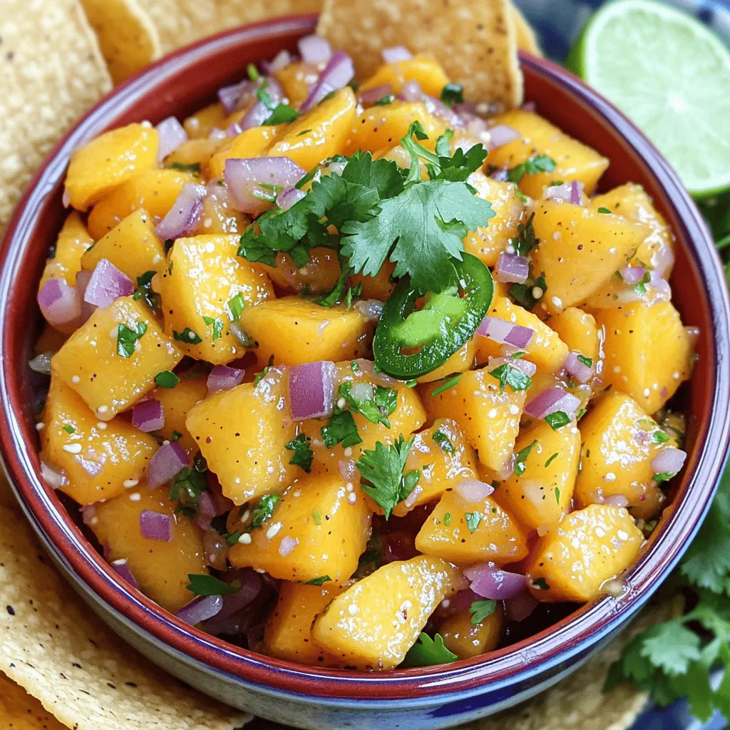 Fresh peach salsa is all about fresh ingredients. Each one plays a key role in creating a bold flavor. Here’s what you need: - Fresh peaches: 3 ripe peaches, diced into small cubes. Choose peaches that feel a bit soft but firm. Overripe peaches can be mushy. - Additional vegetables and herbs: - 1/2 medium red onion, finely chopped for crunch and a mild bite. - 1 jalapeño pepper, deseeded and minced (adjust to taste for heat). - 1/4 cup fresh cilantro, finely chopped for a fresh herbal note. - Seasonings and acids: - Juice of 1 lime (about 2 tablespoons) for brightness. - 1/2 teaspoon garlic powder to add depth. - 1/4 teaspoon salt to enhance flavors. - 1/4 teaspoon freshly ground black pepper for a bit of spice. - 1 tablespoon honey (optional, for added sweetness). These ingredients combine to create a vibrant and flavorful salsa. Each bite bursts with freshness, making it perfect for summer meals. You can find the Full Recipe that guides you through each step of making this delicious dish. Cutting peaches is simple. Start by slicing each peach in half. Remove the pit gently with a spoon. Now, dice the flesh into small cubes. Aim for bite-sized pieces to make it easy to enjoy. Choosing the right peach matters. Use ripe peaches for the best flavor. Ripe peaches feel slightly soft to the touch and have a sweet aroma. If they are too hard, they may taste bland in your salsa. Once your peaches are ready, it’s time to mix. In a medium bowl, combine the diced peaches, red onion, and jalapeño. Stir gently for even mixing. You want each bite to have a bit of everything! Next, add cilantro, lime juice, garlic powder, salt, and black pepper. If you like it sweet, drizzle in some honey. Mix well until everything is coated. This step is key for great flavor. Now it’s time to taste your salsa. This is where you can make it your own. If it needs more zing, add a splash of lime juice. If it tastes flat, sprinkle in a bit more salt. Adjusting flavors is fun! Let your salsa rest for 15-20 minutes. This helps the flavors blend together. After resting, give it a final taste and adjust again if needed. Enjoy this fresh peach salsa with chips or as a topping for your favorite dishes. For the full recipe, check the details above. To avoid mushy salsa, choose ripe but firm peaches. Overripe peaches can turn to mush quickly. When you dice the peaches, make sure the pieces are small but not too tiny. This keeps them intact during mixing. Gently combine the ingredients to preserve the peach chunks. To boost flavor, try adding spices like cumin or smoked paprika. These spices add depth and warmth. You can also use garlic for a punch. If you want a sweeter salsa, mix in diced mango or a dash more honey. Fresh herbs like basil or mint can give a new twist. Letting your salsa rest helps the flavors meld. After mixing, cover the bowl and leave it at room temp for 15-20 minutes. This time allows the juices to blend. You’ll taste more depth and richness after resting. Fresh Peach Salsa is best served fresh, but this step makes it even better. {{image_4}} You can spice up your peach salsa by adding more jalapeños or using other peppers. If you want heat, try serrano or habanero peppers. Adjust the amount based on your taste. Just remember, the more peppers you add, the spicier it gets. You can also mix in a pinch of cayenne pepper for extra warmth. This will give your salsa a nice kick that pairs well with the sweet peaches. For a sweeter twist, consider using alternative sweeteners like agave or maple syrup. Agave gives a mild sweetness, while maple syrup adds a rich flavor. You can start with one tablespoon and taste as you go. If you want a sweeter salsa, add more. Balancing the sweetness with lime juice will keep your salsa bright and fresh. Mixing peaches with other fruits can create exciting flavors. Try adding mango or pineapple for a tropical vibe. Diced mango will bring a creamy texture, while pineapple adds a tangy twist. You can combine equal parts of each fruit for a vibrant mix. This not only enhances the taste but also adds beautiful colors to your salsa. For the full recipe, you can check out the Fresh Peach Salsa Delight. To keep your fresh peach salsa tasty, place it in an airtight container. This helps keep air out. Store it in your fridge. Make sure it is sealed well. This keeps the salsa fresh and prevents it from absorbing other odors in the fridge. Fresh peach salsa stays good for about 3 to 5 days in the fridge. After that, the peaches can start to get mushy. Check for any signs of spoilage before enjoying it again. If it smells off or looks different, toss it. Eating fresh salsa is best for flavor and safety. You can freeze peach salsa if you want to save it for later! To do this, pour the salsa into a freezer-safe bag. Press out as much air as you can before sealing. This helps keep the texture nice. When you are ready to eat it, thaw it in the fridge overnight. The texture may change slightly, but the taste will still be great! You can serve fresh peach salsa with many dishes. Here are some ideas: - Crispy tortilla chips - Grilled chicken or fish - Tacos or burritos - Quesadillas - Over a fresh salad This salsa adds a tasty twist to your meals. You can get creative with how you use it! Yes, you can use canned peaches. Just make sure they are packed in juice or water. Here’s how to adapt the recipe: - Drain the canned peaches well. - Dice them into small pieces, just like fresh peaches. - Reduce the honey, as canned peaches may be sweeter. Using canned peaches is a great option when fresh ones are not in season. You can make fresh peach salsa a few hours before serving. Here are some tips: - Prepare the salsa and store it in an airtight container. - Keep it in the fridge until you are ready to serve. - Let it sit at room temperature for 15-20 minutes before serving. This resting time helps the flavors blend well. Yes, you can make salsa without cilantro. Here are some options: - Use fresh parsley for a different taste. - Omit the cilantro completely if you dislike it. - Try adding a pinch of fresh mint for a fresh twist. Feel free to adjust based on your taste preferences! This blog post covered fresh peach salsa from start to finish. We discussed key ingredients like ripe peaches, spices, and herbs. You learned step-by-step how to prepare and mix everything for the best flavor. I shared tips for the perfect texture and how resting improves taste. We explored variations to spice things up or create sweetness. Finally, I provided storage tips to keep your salsa fresh. Enjoy experimenting with your peach salsa. It’s a fun and tasty way to elevate your meals!