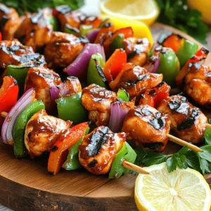 - Chicken breast - BBQ sauce (homemade or store-bought) - Olive oil - Apple cider vinegar - Smoked paprika - Garlic powder - Ground cumin - Bell peppers (red and green) - Red onion - Choosing fresh ingredients To create tasty grilled BBQ chicken skewers, you need key ingredients. The main star is chicken breast, which you should cut into 1-inch cubes. This size cooks evenly and stays juicy. Next, grab your BBQ sauce. You can use homemade sauce for a personal twist or your favorite store-bought brand. Olive oil adds moisture, while apple cider vinegar gives a nice tang. For spices, smoked paprika brings a hint of sweetness. Garlic powder adds depth, and ground cumin adds warmth. These spices make your chicken flavorful. When it comes to vegetables, I love using vibrant bell peppers and red onion. They add color and crunch. Choose fresh ingredients for the best taste. Fresh veggies not only look good but also enhance the overall flavor. Remember, the balance of these ingredients creates juicy, flavorful skewers. For the full recipe, check the guidelines provided. Enjoy your cooking! To start, gather your marinade ingredients. In a bowl, whisk together the BBQ sauce, olive oil, apple cider vinegar, smoked paprika, garlic powder, cumin, sea salt, and black pepper. Mix until smooth. This step is key for flavor. Next, add the chicken cubes. Make sure every piece is coated well in the marinade. Cover the bowl and let it sit in the fridge for at least 30 minutes. This gives the chicken time to soak up the tasty flavors. If you use wooden skewers, soak them in water for 30 minutes. This helps stop them from burning on the grill. If you go with metal skewers, you can skip this step. Once ready, take the marinated chicken from the fridge. Start threading the chicken pieces onto the skewers. Alternate with chunks of red bell pepper, green bell pepper, and red onion. This makes your skewers colorful and tasty. Now, it’s time to grill! Preheat your grill to medium-high heat, around 400°F (200°C). This temperature gives you nice grill marks and juicy chicken. Once hot, place the skewers on the grill. Grill them for 10-12 minutes. Remember to turn them often for even cooking. Your chicken is ready when it hits 165°F (75°C) inside. For a flavor boost, brush on some more BBQ sauce in the last few minutes of grilling. To check the full recipe, refer to the earlier section for all the details. Marinating chicken is key to great taste. I like to marinate for at least 30 minutes. If you have time, two hours works best. This gives the chicken time to soak up all the flavors. Use a mix of BBQ sauce, olive oil, apple cider vinegar, and spices. Make sure each piece is coated well. This helps every bite burst with flavor. You can use homemade or store-bought BBQ sauce. Homemade sauce adds a personal touch. It lets you control the taste. Store-bought sauces are quick and easy. Look for sauces that match your taste. Some are sweet, while others are spicy. Try different ones to find your favorite. To get those perfect grill marks, preheat your grill first. Aim for a medium-high heat of about 400°F (200°C). This heat sears the chicken quickly and gives great marks. Don’t forget to turn your skewers while grilling. This ensures even cooking on all sides. Aim for about 10-12 minutes of cooking time. Your chicken will be juicy and full of flavor. {{image_4}} You can easily swap chicken for shrimp or beef. Shrimp cooks fast and adds a nice touch. Just be careful not to overcook it. Beef gives a hearty flavor. Use tender cuts like sirloin for best results. If you prefer a veggie option, try tofu or mushrooms. Both soak up flavors well and grill nicely. Adding spices or citrus to the marinade boosts flavor. Try lemon or lime juice for a fresh kick. You can also mix in herbs like thyme or rosemary. They add a nice earthy taste. Experiment with different BBQ sauces too. Sweet, smoky, or spicy options can change the taste. Each sauce brings a new twist to your skewers. Don’t forget the veggies! Zucchini and cherry tomatoes are great choices. They cook fast and add color. Cut veggies into even pieces for even cooking. Brush them lightly with olive oil before grilling. This helps them stay moist and adds flavor. Rotate your skewers often for the best grill marks. After a fun meal, I want to keep those grilled skewers fresh. To do this, let them cool first. Then, place the skewers in an airtight container. You can also wrap them tightly in plastic wrap. They will stay fresh in the fridge for about three to four days. Always check for any signs of spoilage before eating. If you want to keep your skewers longer, freezing is a great choice. First, let the skewers cool completely. Then, wrap them well in plastic wrap. Place them in a freezer-safe bag or container. They can last up to three months in the freezer. When you are ready to eat, thaw them in the fridge overnight. For reheating, place them on a hot grill for about five to seven minutes. This will bring back their juicy flavor and nice grill marks. Pair your grilled BBQ chicken skewers with tasty sides. Some great choices are coleslaw, corn on the cob, or a fresh garden salad. These dishes add crunch and freshness. For drinks, try cold lemonade, iced tea, or a light beer. These beverages will enhance the meal's flavors. For more details on making these delicious skewers, check out the Full Recipe. To ensure your chicken is fully cooked, use a meat thermometer. The internal temperature should reach 165°F (75°C). This ensures the chicken is safe to eat. Look for visual cues too. The chicken should have no pink inside. Juices should run clear, not pink. These signs show that your chicken is ready to enjoy. You can use wooden skewers without soaking, but it's not ideal. Soaking helps prevent burning on the grill. It keeps your skewers sturdy and safe while cooking. If you skip soaking, use metal skewers. They do not burn and work well for grilling. You can also coat the wooden skewers in oil to help reduce burning. The best BBQ sauce depends on your taste. If you like sweet, try sauces with honey or brown sugar. For a kick, look for sauces with chipotle or cayenne pepper. Some popular brands include Sweet Baby Ray's and Stubbs. If you want to make your own, mix ketchup, vinegar, and spices. Homemade sauce can give your skewers a personal touch. For the full recipe, check out the detailed steps above. Grilling BBQ chicken skewers is simple and fun. You learned key ingredients, spices, and grilling tips. Proper marinating and choosing fresh veggies boost flavor. Substituting proteins or trying new marinades offers tasty variations. Remember to store leftovers the right way to keep them fresh. Follow safety tips for cooking and grilling techniques. Enjoy great meals with your friends and family. Happy grilling!