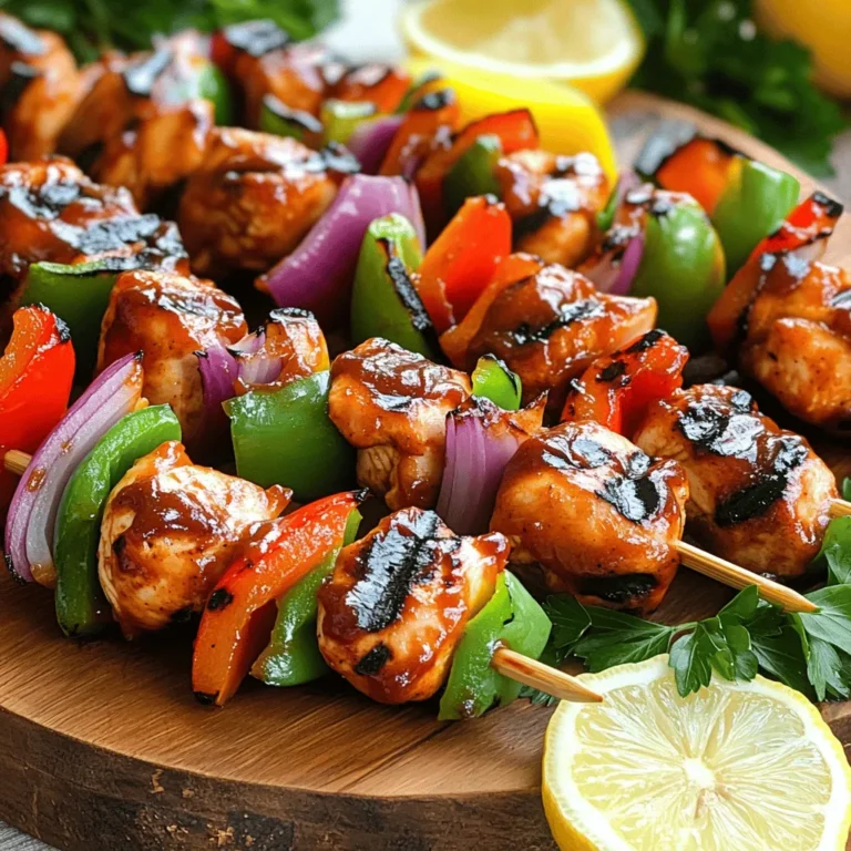 - Chicken breast - BBQ sauce (homemade or store-bought) - Olive oil - Apple cider vinegar - Smoked paprika - Garlic powder - Ground cumin - Bell peppers (red and green) - Red onion - Choosing fresh ingredients To create tasty grilled BBQ chicken skewers, you need key ingredients. The main star is chicken breast, which you should cut into 1-inch cubes. This size cooks evenly and stays juicy. Next, grab your BBQ sauce. You can use homemade sauce for a personal twist or your favorite store-bought brand. Olive oil adds moisture, while apple cider vinegar gives a nice tang. For spices, smoked paprika brings a hint of sweetness. Garlic powder adds depth, and ground cumin adds warmth. These spices make your chicken flavorful. When it comes to vegetables, I love using vibrant bell peppers and red onion. They add color and crunch. Choose fresh ingredients for the best taste. Fresh veggies not only look good but also enhance the overall flavor. Remember, the balance of these ingredients creates juicy, flavorful skewers. For the full recipe, check the guidelines provided. Enjoy your cooking! To start, gather your marinade ingredients. In a bowl, whisk together the BBQ sauce, olive oil, apple cider vinegar, smoked paprika, garlic powder, cumin, sea salt, and black pepper. Mix until smooth. This step is key for flavor. Next, add the chicken cubes. Make sure every piece is coated well in the marinade. Cover the bowl and let it sit in the fridge for at least 30 minutes. This gives the chicken time to soak up the tasty flavors. If you use wooden skewers, soak them in water for 30 minutes. This helps stop them from burning on the grill. If you go with metal skewers, you can skip this step. Once ready, take the marinated chicken from the fridge. Start threading the chicken pieces onto the skewers. Alternate with chunks of red bell pepper, green bell pepper, and red onion. This makes your skewers colorful and tasty. Now, it’s time to grill! Preheat your grill to medium-high heat, around 400°F (200°C). This temperature gives you nice grill marks and juicy chicken. Once hot, place the skewers on the grill. Grill them for 10-12 minutes. Remember to turn them often for even cooking. Your chicken is ready when it hits 165°F (75°C) inside. For a flavor boost, brush on some more BBQ sauce in the last few minutes of grilling. To check the full recipe, refer to the earlier section for all the details. Marinating chicken is key to great taste. I like to marinate for at least 30 minutes. If you have time, two hours works best. This gives the chicken time to soak up all the flavors. Use a mix of BBQ sauce, olive oil, apple cider vinegar, and spices. Make sure each piece is coated well. This helps every bite burst with flavor. You can use homemade or store-bought BBQ sauce. Homemade sauce adds a personal touch. It lets you control the taste. Store-bought sauces are quick and easy. Look for sauces that match your taste. Some are sweet, while others are spicy. Try different ones to find your favorite. To get those perfect grill marks, preheat your grill first. Aim for a medium-high heat of about 400°F (200°C). This heat sears the chicken quickly and gives great marks. Don’t forget to turn your skewers while grilling. This ensures even cooking on all sides. Aim for about 10-12 minutes of cooking time. Your chicken will be juicy and full of flavor. {{image_4}} You can easily swap chicken for shrimp or beef. Shrimp cooks fast and adds a nice touch. Just be careful not to overcook it. Beef gives a hearty flavor. Use tender cuts like sirloin for best results. If you prefer a veggie option, try tofu or mushrooms. Both soak up flavors well and grill nicely. Adding spices or citrus to the marinade boosts flavor. Try lemon or lime juice for a fresh kick. You can also mix in herbs like thyme or rosemary. They add a nice earthy taste. Experiment with different BBQ sauces too. Sweet, smoky, or spicy options can change the taste. Each sauce brings a new twist to your skewers. Don’t forget the veggies! Zucchini and cherry tomatoes are great choices. They cook fast and add color. Cut veggies into even pieces for even cooking. Brush them lightly with olive oil before grilling. This helps them stay moist and adds flavor. Rotate your skewers often for the best grill marks. After a fun meal, I want to keep those grilled skewers fresh. To do this, let them cool first. Then, place the skewers in an airtight container. You can also wrap them tightly in plastic wrap. They will stay fresh in the fridge for about three to four days. Always check for any signs of spoilage before eating. If you want to keep your skewers longer, freezing is a great choice. First, let the skewers cool completely. Then, wrap them well in plastic wrap. Place them in a freezer-safe bag or container. They can last up to three months in the freezer. When you are ready to eat, thaw them in the fridge overnight. For reheating, place them on a hot grill for about five to seven minutes. This will bring back their juicy flavor and nice grill marks. Pair your grilled BBQ chicken skewers with tasty sides. Some great choices are coleslaw, corn on the cob, or a fresh garden salad. These dishes add crunch and freshness. For drinks, try cold lemonade, iced tea, or a light beer. These beverages will enhance the meal's flavors. For more details on making these delicious skewers, check out the Full Recipe. To ensure your chicken is fully cooked, use a meat thermometer. The internal temperature should reach 165°F (75°C). This ensures the chicken is safe to eat. Look for visual cues too. The chicken should have no pink inside. Juices should run clear, not pink. These signs show that your chicken is ready to enjoy. You can use wooden skewers without soaking, but it's not ideal. Soaking helps prevent burning on the grill. It keeps your skewers sturdy and safe while cooking. If you skip soaking, use metal skewers. They do not burn and work well for grilling. You can also coat the wooden skewers in oil to help reduce burning. The best BBQ sauce depends on your taste. If you like sweet, try sauces with honey or brown sugar. For a kick, look for sauces with chipotle or cayenne pepper. Some popular brands include Sweet Baby Ray's and Stubbs. If you want to make your own, mix ketchup, vinegar, and spices. Homemade sauce can give your skewers a personal touch. For the full recipe, check out the detailed steps above. Grilling BBQ chicken skewers is simple and fun. You learned key ingredients, spices, and grilling tips. Proper marinating and choosing fresh veggies boost flavor. Substituting proteins or trying new marinades offers tasty variations. Remember to store leftovers the right way to keep them fresh. Follow safety tips for cooking and grilling techniques. Enjoy great meals with your friends and family. Happy grilling!