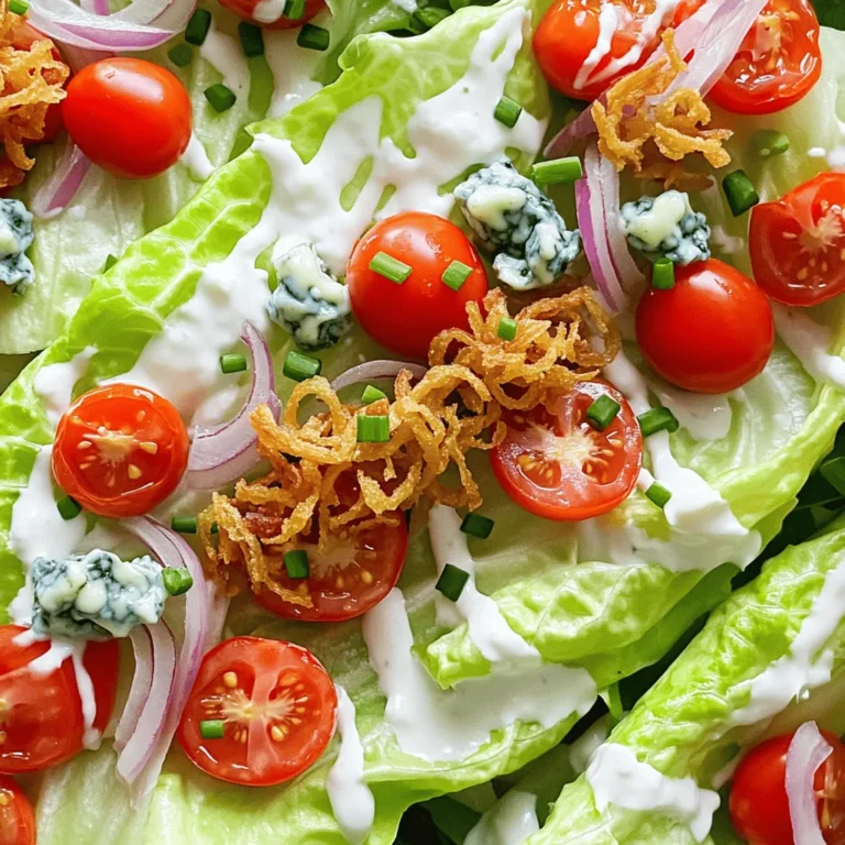 - 1 large head of iceberg lettuce - 1 cup cherry tomatoes - ½ cup red onion - ½ cup blue cheese crumbles - ½ cup buttermilk dressing - ¼ cup crispy fried onions - Salt and pepper - Fresh chives The classic wedge salad brings a crisp texture and fresh taste. To make it, you need a few key ingredients that work together to create a delightful dish. You start with crunchy iceberg lettuce, which forms the base of your salad. The tomatoes add a sweet burst, while the red onion gives a sharp crunch. Blue cheese crumbles bring a rich flavor, and buttermilk dressing adds creaminess. The crispy fried onions add a fun crunch on top, and fresh chives finish it off with a pop of color. If you want to switch things up, there are many options. You can try ranch or Caesar dressing instead of buttermilk dressing for a different taste. Feta or goat cheese can replace blue cheese for a milder flavor. For a lighter salad, use Greek yogurt instead of buttermilk dressing. You can also skip the crispy fried onions if you prefer something lighter. Use toasted nuts for crunch instead. This salad is light and tasty. Each serving has about 150 calories. It’s a great choice for gluten-free and vegetarian diets. The fresh veggies provide vitamins and minerals, making this dish not only delicious but also healthy. You can enjoy it as a side dish or a light meal. For the full recipe, check out the detailed instructions to make this salad shine. To start, wash the head of iceberg lettuce. Rinse it under cool running water. This step removes dirt and debris. After washing, pat the lettuce dry with a clean kitchen towel. Now, carefully cut the lettuce into four equal wedges. Make sure to slice from the top to the base. Place the wedges on a serving platter with the cut sides facing up. This makes them look nice and fresh. Next, let’s prepare the toppings. Take a medium mixing bowl and add the halved cherry tomatoes. Then, add the thinly sliced red onion. Season this mixture with a pinch of salt and some freshly ground black pepper. Toss the ingredients gently to mix them well. Allow the flavors to blend for a few minutes. This will enhance the taste and make them more flavorful. Now, it’s time to assemble the salad. Start with each lettuce wedge and drizzle buttermilk dressing over the top. Make sure some dressing seeps into the layers of the lettuce. This adds a lot of flavor. Next, spoon the cherry tomato and red onion mixture evenly on each wedge. Aim for a colorful topping that looks great. Sprinkle blue cheese crumbles over the top for a rich flavor. Finally, add crispy fried onions for some crunch. For a finishing touch, garnish with finely chopped fresh chives. They add color and flavor. You can find the full recipe and details for this delicious dish in the recipe section above. To make your wedge salad pop, focus on color and height. Use a large white plate to let the greens shine. Arrange the wedges so they stand upright, cut side up, for a dramatic look. Top each wedge with a mix of cherry tomatoes and red onions. This adds color and makes it more appealing. For a restaurant-style finish, sprinkle fresh chives on top. You can also add a drizzle of extra dressing around the plate for flair. Want to take your salad up a notch? Add crispy bacon bits for a savory crunch. You can also toss in some sliced cucumbers for a refreshing bite. If you like heat, try adding jalapeños or a sprinkle of red pepper flakes. Balancing flavors is key. Use salt and pepper wisely, and taste as you go. The right seasoning will elevate your salad and make it more enjoyable. When hosting a large gathering, you can easily scale the recipe. Just use more heads of lettuce and triple the toppings. Each wedge can be a serving, making it easy to portion. For smaller meals, cut the recipe in half. Serve smaller wedges for a lighter option. This way, everyone can enjoy a taste without filling up too quickly. {{image_4}} You can switch up the dressing to change the flavor. A tangy ranch dressing adds zest. For a creamy touch, try a garlic aioli. You can also mix Greek yogurt with herbs for a healthier option. Each dressing brings a unique taste to your classic wedge salad. - Buttermilk Dressing: Creamy and tangy, perfect for classic flavors. - Ranch Dressing: Rich and herby, adds a bold kick. - Greek Yogurt Dressing: Light and fresh, with a hint of tang. - Garlic Aioli: Creamy with a garlic punch, great for bold flavors. Seasonal ingredients can elevate your wedge salad. In summer, add fresh berries for sweetness. In fall, roasted butternut squash gives warmth and color. Try adding citrus segments in winter for a fresh burst. Each season offers a chance to be creative and celebrate local produce. - Summer Salad: Add strawberries and a light vinaigrette. - Fall Salad: Incorporate roasted pumpkin and pecans. - Winter Salad: Use citrus fruits like oranges and grapefruits. - Spring Salad: Top with radishes and fresh herbs. Let your taste buds travel by adding global flavors. A Mediterranean twist may include feta cheese and olives. For a Mexican flair, sprinkle some chili powder and add avocado. Each culture offers spices and flavors to enhance your salad. - Mediterranean Wedge: Use feta, olives, and a lemon vinaigrette. - Mexican Wedge: Add avocado, cilantro, and lime. - Asian Wedge: Use sesame dressing and top with sliced almonds. - Indian Wedge: Add curry powder to the dressing for warmth. Feel free to explore and mix these ideas with the full recipe for a classic wedge salad. To keep your wedge salad fresh, store it in an airtight container. Place the salad in the fridge as soon as possible. This will help lock in flavors and keep it crisp. It’s best to eat leftovers within three days to enjoy the best taste and texture. Wedge salad is best served cold, so reheating is not safe or recommended. Instead, get creative with leftovers. You can chop the salad and mix it into a wrap or use it as a topping for grilled chicken. This way, you avoid waste and create a new dish! Freezing wedge salad isn't ideal. Lettuce will lose its crispness when thawed. However, you can freeze some components. For example, blue cheese crumbles can freeze well. Just place them in a freezer bag, and they will last up to three months. When ready to use, thaw them in the fridge overnight. A classic wedge salad features crisp iceberg lettuce cut into triangles. It often includes bright red cherry tomatoes, crunchy red onions, and creamy blue cheese. The salad is usually topped with a rich buttermilk dressing. This dish is cool, crisp, and very refreshing. It pairs well with many meals. Yes, you can prep parts of the salad ahead. Wash and cut the lettuce a few hours before serving. Keep it in a sealed container in the fridge. You can also mix the cherry tomatoes and onions in advance. Just add the dressing right before serving to keep it fresh. Wedge salad goes well with many dishes. You can serve it with grilled chicken or steak for a filling meal. It also pairs nicely with a warm soup, like tomato or potato leek. For a lighter option, serve it with a side of roasted vegetables. Enjoy your wedge salad with these tasty pairings! In this blog post, we covered the classic wedge salad, focusing on its simple ingredients and assembly. From fresh lettuce to tasty toppings, every part creates a delightful dish. I shared tips for presentation, flavor, and variations to elevate your salad game. Remember, you can adjust ingredients to fit your needs and experiment with seasonal flavors. With these details, you can enjoy a delicious wedge salad at any gathering. Embrace creativity and have fun making it your own!