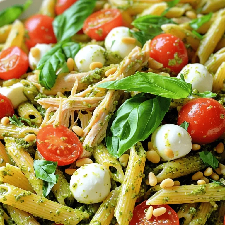 To make Chicken Pesto Pasta Salad, you need fresh and tasty ingredients. Here’s what you will use: - 2 cups penne pasta - 1 cup cooked chicken breast, shredded - 1/2 cup cherry tomatoes, halved - 1/2 cup mozzarella balls, drained - 1/4 cup fresh basil leaves, chopped - 1/4 cup pesto sauce - 2 tablespoons extra virgin olive oil - Juice of 1 fresh lemon - Salt and black pepper to taste - Optional: 1/4 cup pine nuts, toasted Each ingredient brings its own flavor. The penne pasta serves as a great base. The chicken adds protein. Tomatoes give freshness, while mozzarella adds creaminess. You can change things up with add-ins. Here are some great options: - Spinach or arugula for extra greens - Bell peppers for crunch - Grated Parmesan cheese for a salty kick - Cooked bacon for a smoky flavor - Quinoa instead of pasta for a healthier twist Feel free to mix and match. Your salad can be unique each time you make it. When it comes to pesto, you have choices. You can use fresh homemade pesto or store-bought pesto. Fresh pesto tastes bright and bold. You can make it with basil, garlic, pine nuts, cheese, and olive oil. Store-bought pesto saves time but may have preservatives. Both options work well in your salad. I recommend trying fresh pesto if you have the time. It elevates the dish and adds a personal touch. For the full recipe, check out the [Full Recipe]. 1. Cook the Pasta: Start by boiling water in a large pot. Add salt for flavor. When it boils, add 2 cups of penne pasta. Cook until al dente, about 8-10 minutes. Drain the pasta and rinse it with cold water to cool it down. 2. Mix the Ingredients: In a big mixing bowl, add 1 cup of shredded cooked chicken, 1/2 cup of halved cherry tomatoes, and 1/2 cup of drained mozzarella balls. Use a spatula to mix them well. 3. Combine with Pasta: Add the cooled penne pasta to the bowl. Gently mix to combine everything. Be careful not to break the mozzarella balls. 4. Make the Dressing: In a small bowl, whisk together 1/4 cup of pesto sauce, 2 tablespoons of extra virgin olive oil, and the juice from 1 fresh lemon. Add a pinch of salt and black pepper. 5. Dress the Salad: Pour the dressing over the pasta salad. Use a spoon or tongs to toss everything gently. Make sure all the ingredients are coated. 6. Fold in Fresh Herbs: Add 1/4 cup of chopped fresh basil and optional 1/4 cup of toasted pine nuts. Gently fold them into the salad without bruising the basil. 7. Taste and Adjust: Taste your salad. If it needs more flavor, add more salt, pepper, or lemon juice. 8. Chill Before Serving: Cover the salad with plastic wrap. Let it chill in the fridge for at least 30 minutes. This helps the flavors mix well. - Use a large pot to give the pasta room to move. - Salt the water before adding pasta. This makes it taste better. - Stir the pasta often while it cooks to prevent sticking. - Always taste the pasta a minute before the time is up. It should be firm but not hard. Making the dressing is quick and easy. In just a few steps, you can create a burst of flavor. Start with fresh pesto sauce. If you like a creamier dressing, mix in some yogurt or sour cream. Always taste your dressing before adding it to the salad. Adjust the flavors based on your taste. This simple dressing brings the whole dish together and makes it shine. For the full recipe, check out the details above. Mixing ingredients well is key to flavor. Start with the pasta. Make sure it is cold before adding other items. This keeps everything fresh. Next, add the chicken, tomatoes, and mozzarella. Use a spatula to fold gently. This ensures the mozzarella stays whole. It adds nice pops of flavor to each bite. Taste your dish as you cook. Start with a pinch of salt and pepper. The lemon juice adds brightness, so taste it first. If it needs more zing, add another squeeze. Always remember that you can add more, but you can't take it out. This rule helps you control the flavors. For a great look, serve the salad in a big bowl. Layer the salad for a beautiful view. Add extra basil leaves on top. A sprinkle of toasted pine nuts adds crunch. This makes your dish eye-catching and fun. Enjoy serving this colorful salad at any gathering! You can find the full recipe in the main article. {{image_4}} You can boost your Chicken Pesto Pasta Salad with more veggies and proteins. Adding fresh spinach or arugula gives a nice crunch. Bell peppers add color and sweetness. Toss in some peas or zucchini for a nutritious kick. You can also swap chicken for shrimp, tofu, or chickpeas. This way, you can cater to different tastes and dietary needs. When it comes to ingredients, you have choices. Using homemade pesto elevates your dish. It tastes fresh and bright. You can easily make pesto with basil, nuts, olive oil, and garlic. If you’re short on time, store-bought pesto works too. Just pick a brand with simple, quality ingredients. This saves time without losing flavor. You can adjust this recipe for various diets. For a gluten-free option, use gluten-free pasta. Many brands offer great alternatives. If you want a vegan version, replace the chicken with chickpeas or roasted vegetables. Use a vegan pesto made from nuts and nutritional yeast instead of cheese. These swaps keep the dish tasty and satisfying for everyone. To store leftover chicken pesto pasta salad, place it in an airtight container. Make sure the lid seals tightly to keep the salad fresh. You can keep it in the fridge for up to three days. If you notice the salad looking dry, add a splash of olive oil or lemon juice before serving. This will help restore some moisture. Freezing pasta salad is not the best choice since the texture can change. If you do want to freeze it, separate the chicken and pasta from the veggies and dressing. Store each part in a freezer-safe bag or container. You can freeze it for up to one month. When ready, thaw it in the fridge overnight before serving. Reheating chicken pesto pasta salad is simple. If you have stored it in the fridge, serve it cold or at room temperature. If you prefer it warm, place it in a microwave-safe dish. Heat it for about 30 seconds at a time until it reaches your desired warmth. Be careful not to overheat, as it can make the pasta mushy. Always check the seasoning again after reheating and adjust as needed. You can use tofu, shrimp, or chickpeas as great chicken alternatives. Tofu gives a nice texture. Shrimp adds a seafood twist. Chickpeas provide protein and a hearty feel. You can also try cooked turkey or beef for a different taste. The key is to use a protein you enjoy. This salad stays fresh in the fridge for three to five days. Make sure to store it in an airtight container. The flavors will blend nicely as it sits. However, the longer it sits, the softer the pasta becomes. Yes, you can prepare this salad a day in advance. It tastes even better after the flavors meld overnight. Just keep it covered in the fridge. If you use fresh basil, add it right before serving to keep it vibrant. Check out the Full Recipe for complete details! This article covered how to make a tasty Chicken Pesto Pasta Salad. You learned about key ingredients, and how to cook pasta just right. I shared some helpful tips for mixing and serving. Remember, you can add veggies or change spices to fit your taste. Store leftovers well for future meals. This salad is great for lunch or a gathering. Enjoy your cooking and happy eating!