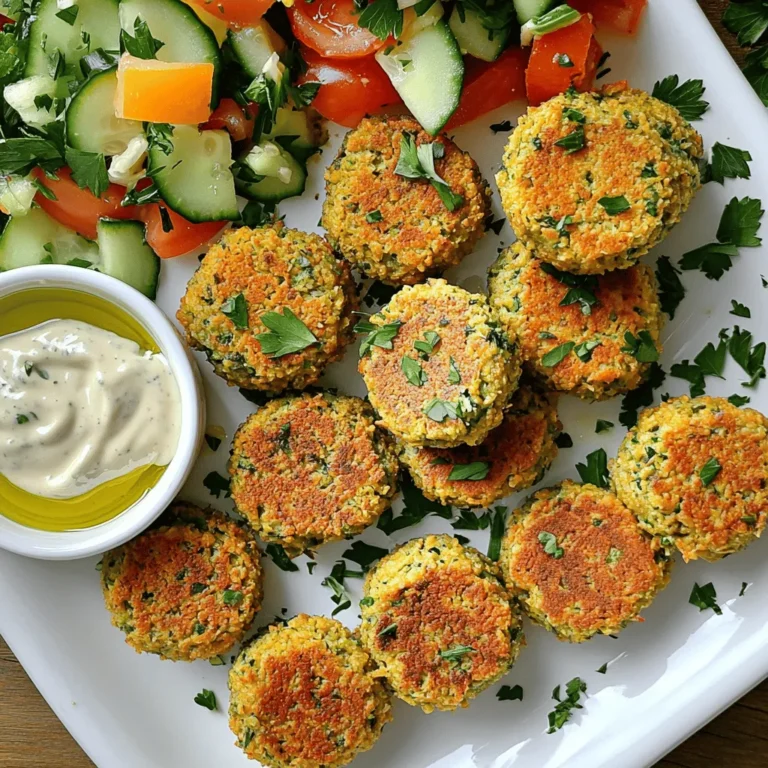 - 2 cups canned chickpeas - Fresh herbs: parsley and cilantro - Key spices: cumin and coriander To make crispy baked falafel, start with the main ingredients. The base is 2 cups of canned chickpeas. They give falafel a wonderful texture. Fresh herbs like parsley and cilantro add bright flavors. Using both gives a fresh taste. Spices are key too. Ground cumin and coriander bring warmth and depth. They create a balance that makes falafel special. - Aromatics: onion and garlic - Binding ingredients: tahini and breadcrumbs - Optional: olive oil for drizzling Next, we have additional ingredients. Aromatics like onion and garlic make the falafel smell great. They add a savory note that enhances the dish. Binding ingredients are also important. Tahini helps hold everything together. Breadcrumbs add crunch and structure. If you want a golden and crispy finish, drizzle olive oil on top. It helps the falafel bake evenly and get that perfect crunch. For the full recipe, check out the detailed instructions provided. 1. Preheat your oven to 400°F (200°C). 2. Line a baking sheet with parchment paper. This helps prevent sticking and ensures even cooking. 3. In a food processor, add the drained chickpeas, chopped onion, minced garlic, parsley, cilantro, cumin, coriander, baking powder, salt, black pepper, lemon juice, and tahini. 4. Pulse the mixture. You want it well combined but still chunky, like a paste. 1. Transfer the mixture to a mixing bowl. 2. Fold in the breadcrumbs. If it feels wet, add more breadcrumbs until it holds together. 3. Use your hands to shape the mixture into small balls or patties, about the size of golf balls. 4. Place them evenly on the prepared baking sheet. 1. Drizzle a good amount of olive oil over the falafel balls. This helps them get crispy. 2. Bake in the oven for about 20 minutes. Flip them halfway through for even browning. 3. Look for a golden brown color and a crispy outside. 4. Let the falafel cool for a few minutes before serving. This enhances their flavor and texture. For the full recipe, check the detailed instructions provided earlier. To make your falafel crispy, olive oil plays a key role. It adds flavor and helps create a golden crust. I suggest drizzling olive oil on top of your falafel before baking. This not only enhances the taste but also promotes even cooking. Baking techniques matter too. Preheat your oven to 400°F (200°C) for the best results. Use parchment paper on your baking sheet to prevent sticking. This will help the falafel stay intact and crisp up nicely. Adjusting the breadcrumbs is also important. If your mixture feels too wet, add more breadcrumbs until it holds together. If you want extra crunch, consider using panko breadcrumbs. They give a delightful texture that enhances the overall experience. For a beautiful presentation, arrange your crispy baked falafel on a colorful platter. Pair it with a creamy tahini sauce and a fresh cucumber-tomato salad. This adds both flavor and visual appeal. You might also want to serve it with warm pita bread. Add a side of hummus or tzatziki for a fun dip. These flavors complement the falafel well and make for a tasty meal. One common mistake is not achieving the right consistency. If your falafel falls apart during baking, it may be too wet. Always ensure your mixture holds together well. Adjust breadcrumbs as needed to fix this. Another mistake is overcrowding the baking sheet. Give each falafel space to bake evenly. This helps them crisp up nicely. Flip them halfway through baking for even browning. Finally, don’t skip the cooling step. Let the falafel cool for a few minutes after baking. This enhances their flavor and texture, making your dish even more delightful. For the full recipe, you can refer to the detailed guide above. {{image_4}} You can make falafel even more exciting by adding spices. Try mixing in smoked paprika for a warm, smoky flavor. If you want a brighter taste, add some zest from a lemon. You might also enjoy using fresh herbs like mint or dill for a fresh twist. Each region has its own spin, so feel free to experiment! For those who need gluten-free options, you can swap breadcrumbs with ground oats or almond flour. Both work well and keep the falafel together. If you want to make it vegan, just skip the tahini or use sunflower seed butter instead. This way, everyone can enjoy these tasty bites! While baking gives falafel a nice crunch, you can try air frying them for a quicker option. Air-frying uses less oil and cooks them evenly. You can also pan-fry them in a little oil for golden-brown goodness. Just make sure to keep an eye on them so they don’t burn. For the full recipe, check out the detailed steps above to make your crispy baked falafel! To store leftover falafel, place them in an airtight container. This helps keep them fresh. If you have sauce, store it separately. Leftover falafel stays tasty for about three to four days in the fridge. For freezing, let the falafel cool completely first. Then, space them on a baking sheet and freeze until solid. Once frozen, transfer them to a freezer bag. This way, they won’t stick together. To reheat, bake them directly from the freezer. Heat at 375°F (190°C) for about 15-20 minutes until warm and crispy. In the fridge, your leftover falafel will last about three to four days. If frozen, they can last up to three months. Just remember to seal them well to avoid freezer burn. Enjoy your crispy baked falafel whenever you want with these easy storage tips. For the full recipe, check back to create these delicious bites! Crispy baked falafel pairs well with many sides. You can serve it with: - Hummus for a creamy dip - Tahini sauce for added flavor - Tzatziki sauce for a cool touch - Fresh salads like cucumber-tomato salad - Pita bread for a classic wrap These options enhance the meal and add fresh tastes. To achieve extra crispy falafel, follow these tips: - Use panko breadcrumbs instead of regular ones. They add more crunch. - Drizzle olive oil generously over the falafel before baking. This helps with browning. - Bake at 400°F (200°C) for the best crispiness. Flip them halfway for even cooking. These small changes can make a big difference in texture. Yes, you can use dried chickpeas! Here’s how: - Soak 1 cup of dried chickpeas overnight in water. This softens them. - Drain and rinse the chickpeas before using them in the recipe. - Cook them in boiling water for about 1 hour until tender. Using dried chickpeas gives a fresher taste but takes more time. For the complete details on making crispy baked falafel, check out the [Full Recipe]. Baked falafel is easy and fun to make. By using canned chickpeas, fresh herbs, and key spices like cumin, you create a tasty dish. Follow the steps for perfect shapes, timing, and crunch. Remember to use olive oil and adjust breadcrumbs for crispiness. Play with flavors and storage tips to maximize your enjoyment. With this guide, you can make falafel that delights and satisfies. Now, you're ready to impress friends and family with your delicious creation!