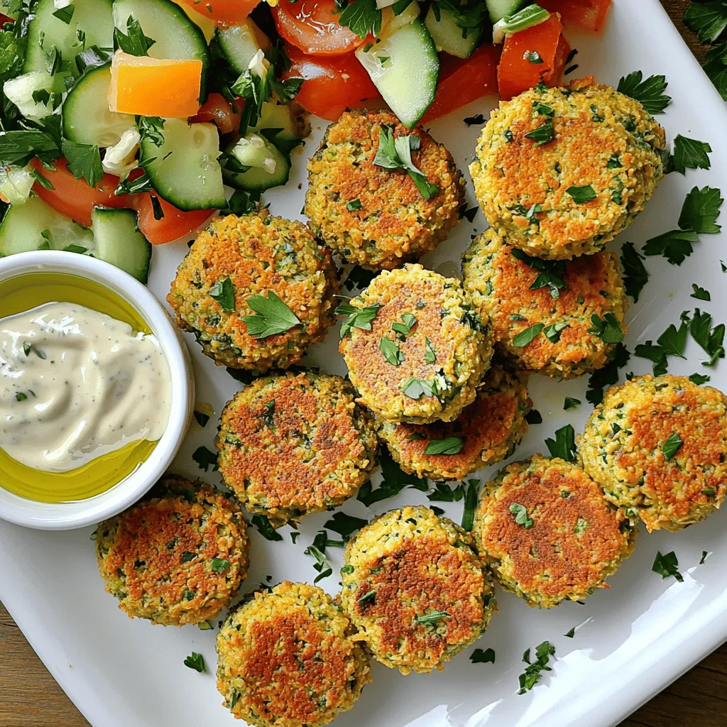- 2 cups canned chickpeas - Fresh herbs: parsley and cilantro - Key spices: cumin and coriander To make crispy baked falafel, start with the main ingredients. The base is 2 cups of canned chickpeas. They give falafel a wonderful texture. Fresh herbs like parsley and cilantro add bright flavors. Using both gives a fresh taste. Spices are key too. Ground cumin and coriander bring warmth and depth. They create a balance that makes falafel special. - Aromatics: onion and garlic - Binding ingredients: tahini and breadcrumbs - Optional: olive oil for drizzling Next, we have additional ingredients. Aromatics like onion and garlic make the falafel smell great. They add a savory note that enhances the dish. Binding ingredients are also important. Tahini helps hold everything together. Breadcrumbs add crunch and structure. If you want a golden and crispy finish, drizzle olive oil on top. It helps the falafel bake evenly and get that perfect crunch. For the full recipe, check out the detailed instructions provided. 1. Preheat your oven to 400°F (200°C). 2. Line a baking sheet with parchment paper. This helps prevent sticking and ensures even cooking. 3. In a food processor, add the drained chickpeas, chopped onion, minced garlic, parsley, cilantro, cumin, coriander, baking powder, salt, black pepper, lemon juice, and tahini. 4. Pulse the mixture. You want it well combined but still chunky, like a paste. 1. Transfer the mixture to a mixing bowl. 2. Fold in the breadcrumbs. If it feels wet, add more breadcrumbs until it holds together. 3. Use your hands to shape the mixture into small balls or patties, about the size of golf balls. 4. Place them evenly on the prepared baking sheet. 1. Drizzle a good amount of olive oil over the falafel balls. This helps them get crispy. 2. Bake in the oven for about 20 minutes. Flip them halfway through for even browning. 3. Look for a golden brown color and a crispy outside. 4. Let the falafel cool for a few minutes before serving. This enhances their flavor and texture. For the full recipe, check the detailed instructions provided earlier. To make your falafel crispy, olive oil plays a key role. It adds flavor and helps create a golden crust. I suggest drizzling olive oil on top of your falafel before baking. This not only enhances the taste but also promotes even cooking. Baking techniques matter too. Preheat your oven to 400°F (200°C) for the best results. Use parchment paper on your baking sheet to prevent sticking. This will help the falafel stay intact and crisp up nicely. Adjusting the breadcrumbs is also important. If your mixture feels too wet, add more breadcrumbs until it holds together. If you want extra crunch, consider using panko breadcrumbs. They give a delightful texture that enhances the overall experience. For a beautiful presentation, arrange your crispy baked falafel on a colorful platter. Pair it with a creamy tahini sauce and a fresh cucumber-tomato salad. This adds both flavor and visual appeal. You might also want to serve it with warm pita bread. Add a side of hummus or tzatziki for a fun dip. These flavors complement the falafel well and make for a tasty meal. One common mistake is not achieving the right consistency. If your falafel falls apart during baking, it may be too wet. Always ensure your mixture holds together well. Adjust breadcrumbs as needed to fix this. Another mistake is overcrowding the baking sheet. Give each falafel space to bake evenly. This helps them crisp up nicely. Flip them halfway through baking for even browning. Finally, don’t skip the cooling step. Let the falafel cool for a few minutes after baking. This enhances their flavor and texture, making your dish even more delightful. For the full recipe, you can refer to the detailed guide above. {{image_4}} You can make falafel even more exciting by adding spices. Try mixing in smoked paprika for a warm, smoky flavor. If you want a brighter taste, add some zest from a lemon. You might also enjoy using fresh herbs like mint or dill for a fresh twist. Each region has its own spin, so feel free to experiment! For those who need gluten-free options, you can swap breadcrumbs with ground oats or almond flour. Both work well and keep the falafel together. If you want to make it vegan, just skip the tahini or use sunflower seed butter instead. This way, everyone can enjoy these tasty bites! While baking gives falafel a nice crunch, you can try air frying them for a quicker option. Air-frying uses less oil and cooks them evenly. You can also pan-fry them in a little oil for golden-brown goodness. Just make sure to keep an eye on them so they don’t burn. For the full recipe, check out the detailed steps above to make your crispy baked falafel! To store leftover falafel, place them in an airtight container. This helps keep them fresh. If you have sauce, store it separately. Leftover falafel stays tasty for about three to four days in the fridge. For freezing, let the falafel cool completely first. Then, space them on a baking sheet and freeze until solid. Once frozen, transfer them to a freezer bag. This way, they won’t stick together. To reheat, bake them directly from the freezer. Heat at 375°F (190°C) for about 15-20 minutes until warm and crispy. In the fridge, your leftover falafel will last about three to four days. If frozen, they can last up to three months. Just remember to seal them well to avoid freezer burn. Enjoy your crispy baked falafel whenever you want with these easy storage tips. For the full recipe, check back to create these delicious bites! Crispy baked falafel pairs well with many sides. You can serve it with: - Hummus for a creamy dip - Tahini sauce for added flavor - Tzatziki sauce for a cool touch - Fresh salads like cucumber-tomato salad - Pita bread for a classic wrap These options enhance the meal and add fresh tastes. To achieve extra crispy falafel, follow these tips: - Use panko breadcrumbs instead of regular ones. They add more crunch. - Drizzle olive oil generously over the falafel before baking. This helps with browning. - Bake at 400°F (200°C) for the best crispiness. Flip them halfway for even cooking. These small changes can make a big difference in texture. Yes, you can use dried chickpeas! Here’s how: - Soak 1 cup of dried chickpeas overnight in water. This softens them. - Drain and rinse the chickpeas before using them in the recipe. - Cook them in boiling water for about 1 hour until tender. Using dried chickpeas gives a fresher taste but takes more time. For the complete details on making crispy baked falafel, check out the [Full Recipe]. Baked falafel is easy and fun to make. By using canned chickpeas, fresh herbs, and key spices like cumin, you create a tasty dish. Follow the steps for perfect shapes, timing, and crunch. Remember to use olive oil and adjust breadcrumbs for crispiness. Play with flavors and storage tips to maximize your enjoyment. With this guide, you can make falafel that delights and satisfies. Now, you're ready to impress friends and family with your delicious creation!