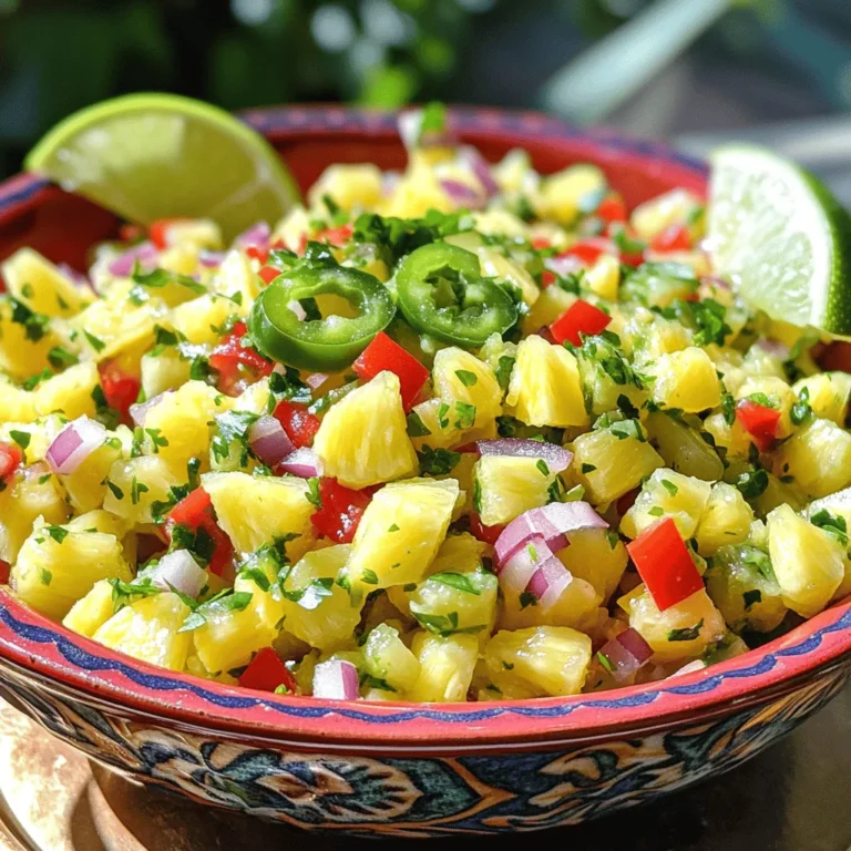- Ripe pineapple: 1, finely diced - Red bell pepper: 1, diced - Red onion: 1 small, finely chopped - Jalapeño: 1, seeded and minced - Fresh cilantro: 1/4 cup, finely chopped - Limes: Juice of 2 - Honey: 1 tablespoon (optional) - Salt: to taste A serving of fresh pineapple salsa has about 50 calories. It is rich in vitamins C and A, along with potassium. You get a great boost of hydration from the fresh ingredients. To choose a ripe pineapple, look for fruit with a sweet smell, firm skin, and a slight give when pressed. The color should be vibrant and golden at the base. When selecting herbs, choose fresh cilantro with bright green leaves and no wilting. This ensures your salsa packs in the best flavors. To make fresh pineapple salsa, start by dicing the pineapple. 1. Cut the pineapple in half: Place it on a cutting board. Use a sharp knife to slice it lengthwise. 2. Remove the core: Carefully cut out the hard center from both halves. 3. Dice the fruit: Cut each half into smaller pieces. Aim for uniform, bite-sized cubes for even mixing. When handling jalapeños, safety is key. 1. Wear gloves: This prevents the oils from irritating your skin. 2. Slice the pepper: Cut it in half lengthwise. 3. Remove the seeds: Use a small spoon to scoop them out. This controls the heat level in your salsa. Now, let’s mix the salsa. 1. Add ingredients to a bowl: Place the diced pineapple, red bell pepper, red onion, and minced jalapeño into a large mixing bowl. 2. Incorporate cilantro: Sprinkle freshly chopped cilantro over the mixture. 3. Mix in lime juice: Squeeze the juice of two limes over everything. This adds bright flavor. 4. Sweeten if desired: If you want a touch of sweetness, add one tablespoon of honey. 5. Season with salt: Add salt to taste and stir gently. For an even blend, use a folding motion. This keeps the ingredients intact while mixing. Resting is important for flavor. 1. Let the salsa sit: Allow it to rest for at least 15 minutes at room temperature. This helps the flavors combine. 2. Chill for extra freshness: If you have time, refrigerate the salsa for up to an hour before serving. For presentation, serve in a colorful bowl. - Garnish: Line the bowl with lime wedges and add a sprig of cilantro on top. - Pairing: This salsa is great with tortilla chips or as a topping for grilled chicken or fish. Enjoy the bright, tropical flavors! For the complete instructions, refer to the Full Recipe. To make your salsa pop, try adding spices. A pinch of cumin or chili powder gives it a nice kick. You can also add paprika for a smoky touch. Each spice brings out flavors in the pineapple. Honey balances the acidity from the lime juice. Just a tablespoon can sweeten the salsa. It helps the flavors blend well, creating a perfect mix. If your salsa tastes too tangy, honey is your friend! To keep your salsa fresh, store it in an airtight container. This helps prevent air from spoiling the taste. Always place it in the fridge. Fresh pineapple salsa lasts about three days in the fridge. After that, the flavors may fade. If it starts to look watery, it's time to toss it. Pineapple salsa pairs well with many dishes. It's great with grilled chicken or fish. You can also serve it with tacos or grilled shrimp. For drinks, try sparkling water with lime. A light white wine also complements the flavors. If you want something fun, serve it with a tropical cocktail! You can find the full recipe in the article for more details. Enjoy your cooking! {{image_4}} You can mix different fruits in your pineapple salsa. Mango adds sweetness and a rich flavor. Kiwi can give a tangy twist that surprises the taste buds. Feel free to try other tropical fruits too. Seasonal fruits work great, like peaches in summer or apples in fall. This flexibility keeps your salsa fresh and exciting. Adjusting the spice level is easy. You can use different peppers to change the heat. Jalapeños give a medium kick, while serranos are spicier. If you want a mild salsa, just skip the peppers. You can also add more lime juice to balance the heat if it becomes too much. This way, you can make it just right for everyone. Want to make your salsa heartier? Try adding veggies like corn or black beans. They add texture and nutrition. You can also mix in ripe avocados for creaminess. This turns your salsa into a delicious salad that can be a meal on its own. Each of these add-ins brings new flavors and makes your dish more satisfying. For the full recipe, check out the Tropical Paradise Pineapple Salsa! To make fresh pineapple salsa, begin by preparing the ingredients. First, slice the pineapple in half and remove the core. Then, dice the pineapple into small pieces. Next, add the diced red bell pepper, chopped red onion, and minced jalapeño to a large bowl. Make sure to seed the jalapeño to control the heat. Sprinkle the chopped cilantro over the mixture. Squeeze the juice of two limes into the bowl. If you like it sweet, you can add honey. Stir everything together and season with salt to taste. Let the salsa rest for at least 15 minutes to allow flavors to mix. For a cooler dish, chill it for up to an hour before serving. You can prepare this salsa ahead of time. It works well for gatherings. Just keep it in the fridge until you are ready to serve. This recipe makes about six servings. For parties, serve about 1/2 cup per person. If you expect bigger appetites, consider serving 3/4 cup. This salsa pairs well with many dishes, so feel free to adjust serving sizes based on your meal. To present the salsa, use a colorful bowl. Add lime wedges and cilantro on top for decoration. If you want to see how to make this salsa, a video demonstration can be very helpful. It shows you each step clearly. Fresh pineapple salsa stays good for about 3 to 5 days in the fridge. To keep it fresh, store it in an airtight container. This helps maintain its bright colors and flavors. I recommend using a glass container instead of plastic. Glass keeps the salsa tasting better. Yes, you can make this salsa a day in advance. This allows the flavors to blend nicely. Just remember to store it in the fridge. Before serving, give it a gentle stir. If you find it a bit watery, you can drain some liquid. Pineapple salsa pairs well with many dishes. Here are some ideas: - Grilled chicken or fish - Tacos or burritos - Crispy tortilla chips - As a topping for burgers - Mixed into a salad Feel free to get creative with your pairings! This post detailed how to make fresh pineapple salsa. You learned about the key ingredients and their health benefits. We also covered tips for selecting the best produce. The step-by-step instructions made preparation simple. Enhancements like spices and storage advice help keep it fresh. Finally, the variations allowed you to customize your salsa. Enjoy making this tasty dish for any occasion!