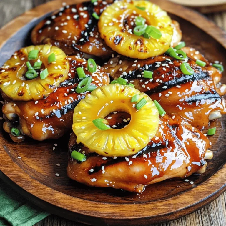 - 4 boneless, skinless chicken thighs - 1 cup teriyaki sauce - 1/2 fresh pineapple, sliced into 1/2-inch rings - 2 tablespoons soy sauce - 1 tablespoon brown sugar - 1 teaspoon freshly grated ginger - 2 cloves garlic, finely minced - 1 tablespoon sesame oil - 1 tablespoon rice vinegar - 2 green onions, finely chopped - Sesame seeds Gathering the right ingredients is key for Grilled Pineapple Teriyaki Chicken. Start with fresh chicken thighs. They stay juicy and tender when grilled. You can use store-bought or homemade teriyaki sauce. I often prefer making my own, as it gives a fresh taste. Next, you want ripe pineapple. Choose one that feels heavy and smells sweet. The sweetness will balance the salty teriyaki sauce. For the marinade, you need a few simple items. Soy sauce adds saltiness, while brown sugar gives a nice caramel note. Ginger and garlic bring warmth and depth. Sesame oil adds a nutty flavor, and rice vinegar gives a bit of tang. Finally, for garnishing, chop green onions for color and freshness. A sprinkle of sesame seeds adds a nice crunch. These ingredients come together to create a vibrant, tasty dish. For the full recipe, check the provided link. First, gather your ingredients for the marinade. In a bowl, mix teriyaki sauce, soy sauce, brown sugar, grated ginger, minced garlic, sesame oil, and rice vinegar. Whisk these together until smooth. Add the chicken thighs and coat them well with the marinade. Cover the bowl with plastic wrap and put it in the fridge. Let the chicken marinate for at least 30 minutes. For more flavor, let it marinate for up to 2 hours. While the chicken marinates, preheat your grill to medium-high heat. If you’re using charcoal, wait for the coals to glow red. This will ensure even grilling and great flavor in your chicken. Now it's time to grill the pineapple. Take your pineapple rings and brush both sides with teriyaki sauce. Once the grill is hot, place the pineapple on it. Grill for about 3-4 minutes on each side. You want to see nice grill marks and a caramelized look. When done, set the grilled pineapple aside on a plate. Next, take the chicken thighs out of the fridge. Let any extra marinade drip off. Place the chicken on the hot grill. Cook for about 5-7 minutes per side. Aim for an internal temperature of 165°F (75°C). In the last few minutes, brush on more marinade for added flavor. When the chicken is cooked, take it off the grill. Let it rest for a few minutes. This helps keep the juices inside. To serve, place a grilled pineapple ring on each plate. Top it with a grilled chicken thigh. For a beautiful touch, sprinkle chopped green onions and sesame seeds on top. Enjoy your meal! For the full recipe, check out [Full Recipe]. For juicy chicken, preheat your grill to medium-high heat. This temperature helps create a nice sear on the chicken. A hot grill also locks in moisture, making the meat tender. If using charcoal, wait until the coals glow red and spread evenly for the best result. The marinade is key to great flavor. I suggest marinating the chicken for at least 30 minutes. This time allows the flavors to soak in. For an even richer taste, let it marinate for up to 2 hours. Just remember, don’t go over 2 hours, or the chicken might turn mushy. When picking a pineapple, look for one that feels heavy for its size. The skin should be golden and slightly soft at the base. A ripe pineapple smells sweet at the bottom. Avoid ones that are too green or have brown spots. A good pineapple adds the perfect touch to your grilled chicken. For more details and to try the dish, check out the Full Recipe. {{image_4}} You can easily swap chicken for other proteins. Try pork tenderloin or shrimp for a tasty twist. Tofu is a great choice for a vegetarian option. Just make sure to press the tofu to remove extra moisture. This helps it absorb the marinade better. No matter what protein you choose, aim for similar cooking times for best results. Want to kick up the flavor? Add red pepper flakes for heat or lime juice for zest. You can also mix in a dash of sesame seeds or a splash of orange juice for sweetness. Experimenting with spices like smoked paprika or five-spice powder can add depth. This way, you can create a unique flavor profile each time. Pair your grilled pineapple teriyaki chicken with steamed rice or a fresh salad. Jasmine rice complements the dish's sweetness well. For salads, consider a mix of greens with a light vinaigrette. You can also serve it with grilled vegetables for added color and nutrition. These options enhance your meal and make it more satisfying. For the full recipe, check out the details above. Store your Grilled Pineapple Teriyaki Chicken in an airtight container. This keeps it fresh and prevents odors from mixing. The chicken and pineapple can last in the fridge for about 3 to 4 days. Always let the chicken cool down before sealing it. This helps avoid condensation inside the container. To freeze your grilled chicken and pineapple, first, let them cool completely. Wrap each piece tightly in plastic wrap. Then place them in a freezer bag or a container. This keeps air out and prevents freezer burn. You can freeze it for up to 3 months. Label the bags with the date for easy tracking. To reheat your chicken, use the oven or stovetop. Preheat your oven to 350°F (175°C). Place the chicken in a baking dish and add a splash of water or broth. Cover it with foil. Heat for about 15-20 minutes until warm. For stovetop, use a skillet over medium heat. Add a bit of oil and warm the chicken gently. Avoid high heat to keep it juicy. You can make teriyaki sauce easily at home. Here’s how: - 1 cup soy sauce - 1/2 cup brown sugar - 1/4 cup rice vinegar - 2 tablespoons sesame oil - 1 teaspoon grated ginger - 2 cloves minced garlic Combine all these ingredients in a saucepan. Heat over medium until the sugar dissolves. Stir it well, and let it simmer for a few minutes. Your homemade teriyaki sauce is ready to use! Yes, you can use chicken breasts. They are leaner but may dry out faster than thighs. To prevent this, marinate them longer. Chicken thighs stay juicy and tender. If you prefer breasts, just keep an eye on cooking time. Many sides pair well with this dish. Here are some ideas: - Steamed jasmine rice - Grilled vegetables - Asian slaw - Quinoa salad These sides will complement the sweet and savory flavors of the chicken. Marinate the chicken for at least 30 minutes. For the best flavor, aim for 2 hours. The longer it sits, the more flavor it absorbs. Just don’t marinate too long, or the texture may change. Yes, you can grill indoors! Use a grill pan on your stovetop. Another option is to use a broiler in your oven. Both methods will give you a nice char and keep the flavor intact. This blog post covered how to make Grilled Pineapple Teriyaki Chicken. We explored key ingredients, marinade tips, and grilling steps. I shared variations and storage info to help you enjoy this dish longer. Always remember to adjust the marinade and experiment with flavors. Whether serving to friends or family, this dish is sure to impress. With these tips, you'll cook with confidence and skill. Enjoy the process and the delicious outcome!