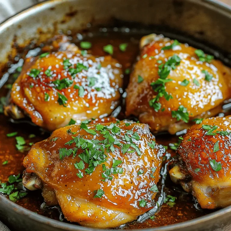 To make Honey Mustard Chicken Thighs, you need simple, fresh ingredients. Here’s what you will need: - 4 bone-in chicken thighs, skin-on - 1/4 cup honey - 1/4 cup Dijon mustard - 2 tablespoons olive oil - 3 cloves garlic, minced - 1 teaspoon dried thyme - 1 teaspoon paprika - Salt and black pepper to taste - Fresh parsley for garnish These ingredients bring great flavor to your meal. The honey adds sweetness, while the Dijon mustard gives it a nice tang. Olive oil keeps the chicken juicy, and garlic boosts the taste. Dried thyme and paprika add depth, making every bite delicious. Don’t forget the parsley! It makes your dish look pretty and fresh. This recipe is quick and easy, perfect for any night. For the full instructions, check the Full Recipe. First, preheat your oven to 400°F (200°C). This heat will cook your chicken just right. In a small bowl, whisk together these ingredients: - 1/4 cup honey - 1/4 cup Dijon mustard - 2 tablespoons olive oil - 3 cloves garlic, minced - 1 teaspoon dried thyme - 1 teaspoon paprika - Salt and black pepper to taste Make sure to mix well. This creates a smooth and tasty marinade. Next, take your chicken thighs and place them in a large bowl or a resealable bag. Pour the marinade over the chicken. Ensure each piece is coated well. For the best flavor, let it marinate for at least 30 minutes. If you have more time, refrigerating it overnight works wonders. Now, heat a large oven-safe skillet over medium-high heat. Once hot, add the marinated chicken thighs, skin-side down. Sear them for about 5-7 minutes until the skin is golden brown. This step gives the chicken a nice crisp. After that, flip the thighs using tongs. Transfer the skillet to your preheated oven. Bake for 25-30 minutes. Check that the internal temperature reaches 165°F (75°C). If the juices run clear, the chicken is done. Once cooked, take the skillet from the oven and let the chicken rest for 5 minutes. This helps keep it juicy. Before serving, sprinkle some fresh parsley on top for a lovely finish. For the complete recipe, don't forget to check the [Full Recipe]. To get the best flavor, marinate the chicken thighs well. Use a large bowl or a resealable plastic bag for this. After mixing the marinade, pour it over the chicken. Make sure each piece is coated. For great results, let the chicken sit in the marinade for at least 30 minutes. You can also refrigerate it overnight. This extra time helps the flavors soak in deep. Cooking chicken thighs at the right temperature is key. Preheat your oven to 400°F (200°C). This hot oven cooks the chicken evenly and keeps it juicy. After searing the chicken for 5-7 minutes on the stovetop, transfer it to the oven. Bake for 25-30 minutes. Check the chicken's internal temperature. It should reach 165°F (75°C) for safe eating. Let it rest for 5 minutes before serving, which helps keep it moist. When serving, presentation matters. Place the chicken thighs on a white platter or a wooden board. Drizzle any leftover marinade over the top for added flavor. Garnish with fresh parsley for a pop of color. This simple touch makes the dish look more inviting. You can pair the chicken with roasted veggies or a fresh salad. These sides complement the sweet and tangy flavors of the honey mustard. For the full recipe, check out the details above. {{image_4}} You can change the sauce to fit your taste. Try using maple syrup instead of honey. This gives a unique sweetness. You can also mix in some soy sauce for a savory twist. If you like heat, add a dash of hot sauce or cayenne pepper. For a tangy flavor, consider apple cider vinegar. Each option adds a new layer to the dish. While chicken thighs are great, you can also use chicken breasts. They cook faster but stay moist if cooked right. Drumsticks are another option. They have lots of flavor and a nice crisp skin. You can even use a whole chicken, just adjust cooking time. Each cut brings its own charm to the recipe. For a full meal, add vegetables. Root veggies like carrots and potatoes roast well. Toss them in the marinade for extra flavor. You can also use green beans or broccoli. Place them in the skillet with the chicken. They will soak up the sauce and cook perfectly. This way, you have a tasty one-pan meal that's easy to serve. For the full recipe, check out the previous section. After cooking, let the chicken cool down. Place the chicken thighs in an airtight container. Store them in the fridge for up to three days. Make sure the temperature stays below 40°F (4°C). This keeps your chicken safe and tasty. If you want to store the chicken longer, freezing is a great option. Wrap each thigh tightly in plastic wrap. Then put them in a freezer-safe bag. You can freeze them for up to three months. Remember to label the bag with the date. When you are ready to enjoy leftovers, preheat your oven to 350°F (175°C). Place the chicken in a baking dish. Cover it with foil to keep it moist. Heat for about 20-25 minutes. You can also use a microwave, but it may dry the chicken out. For the best taste, the oven is the way to go. Enjoy your meal again! You should marinate honey mustard chicken thighs for at least 30 minutes. This allows the flavors to soak into the meat. If you have time, marinating overnight works even better. It deepens the taste and makes the chicken more tender. Yes, you can use boneless chicken thighs. They cook faster than bone-in thighs. Adjust the cooking time to about 20-25 minutes in the oven. Always check that the internal temperature reaches 165°F (75°C) for safety. Honey mustard chicken thighs pair well with many sides. Here are some ideas: - Steamed vegetables: Broccoli or green beans add color. - Rice or quinoa: Both soak up the sauce nicely. - Salad: A fresh green salad balances the meal. - Mashed potatoes: Creamy potatoes are a great comfort food option. You can find the full recipe to help you create this delicious meal. In this post, I shared ingredients and steps for making honey mustard chicken thighs. I provided tips for marinating and cooking this dish to enhance its flavor. You learned about variations and how to store leftovers properly. Remember, simple changes can make a big impact on taste. I encourage you to try these ideas for yourself. Enjoy cooking and delight in every bite!