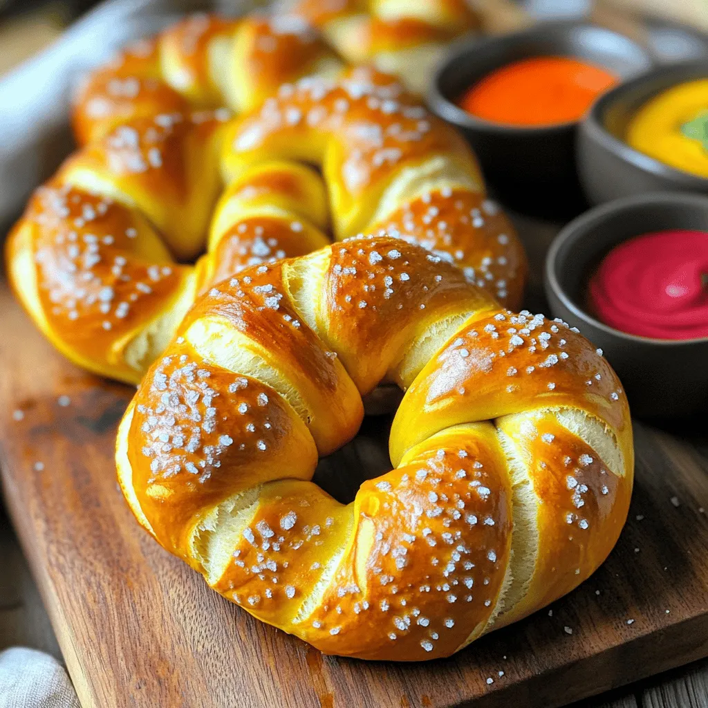 To make soft pretzels, you need a few key ingredients. Here’s what you’ll need: - 4 cups all-purpose flour - 1 packet (2 ¼ teaspoons) active dry yeast - 1 ½ cups warm water (about 110°F or 43°C) - ¼ cup granulated sugar - 2 teaspoons fine salt - ½ cup baking soda - 1 large egg, beaten (for egg wash) - Coarse sea salt (for sprinkling) - 1 tablespoon olive oil (for greasing) These ingredients work together to create that classic soft pretzel taste and texture. You can enhance your pretzels with extra flavors. Consider adding: - Garlic powder for a savory kick - Cheese, like cheddar or Parmesan, for a cheesy twist - Cinnamon and sugar for a sweet treat - Mustard or cheese sauce for dipping These options can make your pretzels even more exciting. You might not have every ingredient on hand. Here are some swaps: - If you lack all-purpose flour, try bread flour for a chewier texture. - Honey can replace granulated sugar if you want a natural sweetener. - Use almond milk or oat milk instead of water for a dairy-free version. These substitutions can help you adapt the recipe to what you have available. Enjoy your pretzel-making adventure! To start, I combine warm water and sugar in a large bowl. I gently sprinkle the active dry yeast over the water. I let it sit for 5 to 10 minutes. When it becomes frothy, the yeast is ready. This step is key for making soft pretzels. It wakes up the yeast, which helps the dough rise and become fluffy. Next, I add all-purpose flour and fine salt to the yeast mixture. I use a wooden spoon to stir until the dough starts to come together. Then, I lightly flour a clean surface and turn the dough out. Kneading it by hand takes about 5 to 7 minutes. I want it to be smooth and elastic. If it feels sticky, I add a bit more flour. This step builds strength in the dough and improves texture. After kneading, I transfer the dough to a greased bowl. I turn the dough to coat it in olive oil. Then, I cover the bowl with a clean towel. I let it rise in a warm spot for about 1 hour. This allows the dough to double in size. Once risen, I punch it down to release air. I divide the dough into 8 equal pieces and roll each piece into a long rope. Each rope should be about 24 inches long. I twist each rope into a pretzel shape, pressing the ends down to secure them. This part is fun and lets me be creative! For the full recipe, check the details above. To get that soft, chewy texture, you need to follow key steps. Firstly, make sure your yeast is fresh. A bubbly mixture shows it’s alive. Knead the dough well, about 5 to 7 minutes. This step develops gluten, giving your pretzels their chew. When boiling, don't skip the baking soda. It helps form that classic pretzel crust. Many new bakers make mistakes that can ruin their pretzels. One common error is not measuring flour precisely. Too much flour makes the dough dry. Another mistake is skipping the boiling step. Boiling is crucial for that shiny finish. Lastly, don’t rush the rise. Letting the dough double in size is key for fluffiness. Shaping pretzels can be tricky, but I have tips to help. First, roll the dough into even ropes. Aim for about 24 inches long. To twist, make a loop, cross the ends, and press them down. This technique gives the pretzel its shape. Practice makes perfect, so don’t worry if it’s not perfect on the first try. For more details, check out the Full Recipe. {{image_4}} You can take your pretzels to the next level by adding flavors. Cheese is a popular choice. Just sprinkle some shredded cheese on top before baking. You can also mix cheese into the dough for a cheesy twist. Garlic is another great flavor. Brush melted garlic butter over the pretzels right after baking for a savory treat. This adds a rich taste that pairs well with the soft dough. If you want something sweet, try adding sugar or cinnamon. You can mix a bit of sugar into the dough for a subtle sweetness. For a fun twist, after baking, coat the pretzels in melted butter and then in a mix of sugar and cinnamon. This makes a delicious treat that is perfect for dessert or a snack. Kids love these sweet pretzel twists! If you are gluten-free, you can still enjoy soft pretzels! Use gluten-free all-purpose flour instead of regular flour. Make sure your baking soda is gluten-free as well. The dough will feel different, but it will still taste great. Follow the same steps as the traditional recipe. You can find many gluten-free mixes that work well for this. Just check the labels to be sure. Enjoy your gluten-free pretzels with your favorite dips! Explore the full recipe to see how to make these variations! To keep your pretzels fresh, let them cool first. Place them in a zip-top bag or an airtight container. Store them at room temperature for up to two days. This keeps them soft and tasty. If you want to keep them longer, consider freezing. When you're ready to enjoy your leftover pretzels, reheating is simple. Preheat your oven to 350°F (175°C). Place the pretzels on a baking sheet. Heat them for about 5 to 10 minutes. This restores their softness and warm flavor. You can also use a microwave, but they may turn chewy. Freezing pretzels is a great idea for later. After they cool, wrap each pretzel tightly in plastic wrap. Place the wrapped pretzels in a freezer-safe bag. They can last up to three months in the freezer. When ready to eat, thaw them overnight in the fridge and reheat as mentioned. This way, you can enjoy your homemade soft pretzels anytime! You can tell the dough is ready when it has doubled in size. This usually takes about one hour. To check, gently poke the dough with your finger. If it springs back slowly, it is ready to shape. If it springs back fast, it needs more time to rise. Yes, you can use instant yeast. It works great and does not need to be activated first. Just mix it directly into the flour. You may need to adjust the water slightly, as instant yeast absorbs moisture differently. The best way to reheat soft pretzels is in the oven. Preheat it to 350°F (175°C). Place the pretzels on a baking sheet and heat for about 5 to 10 minutes. This method keeps them soft and warm. To prevent tough pretzels, do not over-knead the dough. Knead just until smooth and elastic. Also, make sure to not boil them too long. Thirty seconds on each side is perfect for a soft texture. For the best results, follow the Full Recipe. Homemade soft pretzels are fun to make, and they taste amazing. We covered essential and optional ingredients, plus tips for substitutions. You now know how to activate yeast and shape your dough. Remember the tips for the perfect texture, and avoid common mistakes. There are many flavor variations, including cheese and sweet options. Store extras wisely and reheat them for the best taste. Enjoy making pretzels with your favorite flavors today!