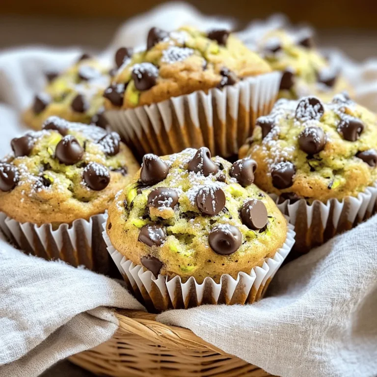 To make delicious zucchini chocolate chip muffins, gather these simple ingredients: - 1 medium zucchini, grated (approximately 1 cup) - 1 cup all-purpose flour - 1/2 cup whole wheat flour - 1/2 teaspoon baking soda - 1 teaspoon baking powder - 1/2 teaspoon salt - 1/2 teaspoon ground cinnamon - 2 large eggs - 1/2 cup granulated sugar - 1/4 cup packed brown sugar - 1/3 cup vegetable oil - 1 teaspoon vanilla extract - 1/2 cup semi-sweet chocolate chips - 1/4 cup walnuts or pecans, chopped (optional for extra crunch) These ingredients blend well and create a moist muffin. The grated zucchini adds moisture while keeping the muffins healthy. The mix of flours gives a great texture. The sugars balance the chocolatey goodness. You can add nuts for crunch, or leave them out if you want a smoother bite. If you want the full details on how to put this all together, check out the Full Recipe. Start by preheating your oven to 350°F (175°C). This step is key for even baking. Prepare a muffin tin by lining it with paper liners or lightly greasing each cup. In a medium mixing bowl, whisk together the following dry ingredients: - 1 cup all-purpose flour - 1/2 cup whole wheat flour - 1/2 teaspoon baking soda - 1 teaspoon baking powder - 1/2 teaspoon salt - 1/2 teaspoon ground cinnamon Mix well to ensure they are evenly combined. This helps the muffins rise properly. In a larger bowl, crack two large eggs and beat them lightly. Add: - 1/2 cup granulated sugar - 1/4 cup packed brown sugar Mix these until smooth and slightly frothy. This gives the muffins a nice texture. Slowly add in: - 1/3 cup vegetable oil - 1 teaspoon vanilla extract Stir until fully combined. Next, gently fold in 1 cup of grated zucchini. Make sure it’s evenly distributed for great flavor. Gradually add the dry mixture to the wet ingredients. Use a spatula to fold them together gently. It’s okay if there are a few lumps. Next, divide the batter evenly among the prepared muffin cups, filling each about two-thirds full. Place the muffin tin in the preheated oven and bake for 18 to 20 minutes. To check if they are done, insert a toothpick into the center. It should come out clean or with a few moist crumbs. Once done, let the muffins cool in the pan for about 5 minutes before transferring them to a wire rack. This makes them easier to remove without breaking. For the full recipe, refer to the earlier sections. To make great muffins, follow these tips closely: - Use Fresh Ingredients: Fresh baking powder and soda give the best rise. - Room Temperature Eggs: Bring your eggs to room temperature for better mixing. - Preheat the Oven: Always preheat your oven to 350°F (175°C) before baking. - Fill Muffin Cups Evenly: Fill each cup about two-thirds full for a nice dome shape. Overmixing can lead to tough muffins, which we want to avoid. Here’s how: - Mix Dry and Wet Separately: Always mix dry and wet ingredients in separate bowls first. - Fold Gently: When combining, use a spatula to fold the mixture. Stop mixing when you see a few lumps. - Don’t Worry About Lumps: A few lumps are okay; they will bake out in the oven. Presentation is important for making your muffins look as good as they taste. Try these ideas: - Serve Warm: Serve your muffins warm from the oven for a cozy feel. - Use a Basket: Place muffins in a basket lined with a cloth napkin for a rustic touch. - Garnish: Lightly dust with powdered sugar or drizzle melted chocolate on top for flair. For the full recipe of Zucchini Chocolate Chip Muffins, check the earlier section. {{image_4}} You can make these muffins gluten-free easily. Just swap the all-purpose flour with gluten-free flour blend. Make sure it has xanthan gum to help with texture. This change keeps the muffins soft and tasty. You can also mix in other fun ingredients. Dried fruits like raisins or cranberries add sweetness. Chopped nuts like walnuts or pecans give a nice crunch. You can even add seeds for more texture. Just be sure to adjust the amount of chocolate chips if you add more. If you want a lower sugar treat, you have options. Use less granulated sugar or brown sugar. You can try sugar substitutes like stevia or monk fruit sweetener. These options can help keep the muffins sweet without the extra calories. Just remember to check the package for measurements. Check out the [Full Recipe] for more details! To keep your zucchini chocolate chip muffins fresh, store them in an airtight container. You can place them on the counter. They will stay tasty for about three days. If you want to keep them longer, consider freezing. Freezing muffins is easy and smart. First, let the muffins cool completely. Then, wrap each muffin in plastic wrap or aluminum foil. Place them in a freezer-safe bag or container. These muffins can last up to three months in the freezer. When you want one, just take it out and reheat. Reheating is quick and simple. You can use a microwave or an oven. For the microwave, heat one muffin for 15 to 20 seconds. For the oven, preheat to 350°F (175°C). Place the muffin on a baking sheet and warm it for about 5 to 10 minutes. Enjoy your warm muffin with a cup of coffee or tea! To make zucchini chocolate chip muffins from scratch, follow this simple recipe. Start by preheating your oven to 350°F (175°C). Prepare your muffin tin with liners or grease it. In one bowl, mix all-purpose flour, whole wheat flour, baking soda, baking powder, salt, and cinnamon. In another bowl, beat two eggs, then add granulated and brown sugar. Mix in vegetable oil and vanilla extract. Fold in grated zucchini, then combine the wet and dry ingredients. Lastly, add chocolate chips and any nuts if you want. Fill the muffin cups and bake them for 18 to 20 minutes. For the full recipe, check the instructions above. Yes, you can use frozen zucchini in this recipe. Just make sure to thaw it first. Drain any excess water to avoid soggy muffins. Frozen zucchini works well because it retains most of its flavor. It also provides moisture, just like fresh zucchini does. This option is great if you have leftover zucchini from last season. Zucchini offers several health benefits. It is low in calories and high in fiber. This can help keep you feeling full longer. Zucchini is also packed with vitamins like A and C. These vitamins support your immune system and skin health. Plus, adding veggies to your muffins makes them more nutritious. It’s a great way to sneak in some extra greens. Zucchini muffins can last up to a week when stored properly. Keep them in an airtight container at room temperature. If you want them to last longer, you can freeze them. Just make sure they are completely cooled before freezing. They can stay fresh in the freezer for about three months. Yes, you can substitute other types of flour in this recipe. Almond flour, oat flour, or coconut flour are all good options. Each type of flour can change the texture slightly, so keep that in mind. If you use a gluten-free flour blend, make sure it has a binding agent, like xanthan gum, for the best results. You now have a clear guide for making delicious zucchini chocolate chip muffins. We covered the ingredients and step-by-step instructions needed to bake them perfectly. Plus, I shared tips on avoiding common baking mistakes and ways to store your muffins. You can also explore tasty variations to suit your taste. Remember, these muffins are not just yummy; they bring the added health benefits of zucchini. Happy baking, and enjoy these treats!