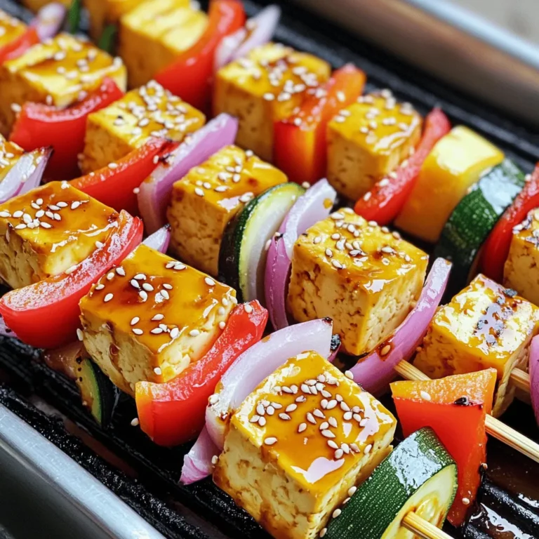 - Firm tofu and its preparation Use 14 oz of firm tofu for this recipe. Press it for about 30 minutes to remove excess water. This step helps the tofu absorb the teriyaki sauce, making it more flavorful. Cut the tofu into 1-inch cubes for even cooking. - Marinade ingredients for teriyaki sauce The marinade is key to the dish's taste. For a simple teriyaki sauce, mix together: - 1/4 cup soy sauce - 2 tablespoons maple syrup - 1 tablespoon rice vinegar - 1 tablespoon sesame oil - 1 teaspoon minced garlic (about 2 cloves) - 1 teaspoon minced ginger (fresh preferred) This blend gives the skewers a sweet and savory profile. - Colorful vegetables to enhance the skewers Color matters! Use a mix of vegetables for a vibrant look and taste. I suggest: - 1 red bell pepper, cut into 1-inch chunks - 1 medium zucchini, sliced into 1/2-inch thick rounds - 1 red onion, cut into quarters These veggies not only add color but also texture and flavor. - Additional seasonings or garnishes Feel free to add sesame seeds for garnish. They add a nice crunch and look great. You can also sprinkle some fresh cilantro or green onions for extra flavor and color. - Suggestions for protein substitutions If you want to mix it up, consider other proteins. You can use tempeh or seitan for a similar texture. Chicken or shrimp works too, if you prefer meat. Just adjust the cooking time accordingly. For the complete recipe, refer to the [Full Recipe]. The ingredients listed here create a great base for the teriyaki grilled tofu skewers. Happy cooking! To make the teriyaki marinade, combine soy sauce, maple syrup, rice vinegar, sesame oil, minced garlic, and minced ginger in a bowl. Whisk until mixed well. This marinade adds deep flavors to the tofu. For great results, use firm tofu. Press it to remove excess water. This helps the tofu absorb the marinade. After mixing, gently add the cubed tofu. Toss carefully to coat without breaking it. Cover the bowl and let it sit in the fridge for at least 30 minutes. For a stronger taste, try marinating it overnight. If you use wooden skewers, soak them in water for 20 to 30 minutes. This simple step prevents burning on the grill. While the skewers soak, prepare your vegetables. Cut red bell pepper, zucchini, and red onion into bite-sized pieces. After soaking, take the skewers and assemble them. Start with a tofu cube, then add a piece of red bell pepper, followed by zucchini and red onion. Repeat this pattern until the skewer is filled. This creates a colorful and tasty mix. Preheat your grill to medium-high heat. This ensures even cooking for your skewers. Once heated, place the skewers on the grill. Cook them for 8 to 10 minutes. Use tongs to turn the skewers occasionally. This helps them cook evenly. In the last minute, brush any leftover teriyaki marinade over the skewers. This adds extra glaze and flavor. When done, carefully take the skewers off the grill. Let them cool for about a minute before serving. Enjoy your teriyaki grilled tofu skewers! For the full recipe, check the earlier section. To make your teriyaki marinade pop, use fresh ingredients. Fresh garlic and ginger add great taste. A longer marinating time gives deeper flavors. Aim for at least 30 minutes, but overnight is best. Common mistakes include not pressing the tofu well. If the tofu is too wet, it won’t absorb the marinade. Also, avoid using too much soy sauce, as it can overpower the dish. Balance is key. When grilling tofu, medium-high heat works best. This helps the tofu get a nice char. Don’t forget to turn the skewers often. This ensures even cooking on all sides. For veggies, keep an eye on cooking time. Overcooked veggies lose their crunch. Aim for tender but still crisp, which adds great texture. Style your dish neatly on a platter. Arrange the skewers in a fan shape for visual appeal. For garnishing, sprinkle sesame seeds over the skewers. Fresh cilantro or green onions also add color and flavor. Serve with steamed rice or a fresh salad to make a complete meal. For the full recipe, check out the detailed instructions above. {{image_4}} You can easily make these skewers with other proteins. Try using seitan or tempeh. Both absorb flavors well and work great. If you prefer legumes, marinated chickpeas can add a nice touch. These options keep the dish vegan while still being tasty. Want to spice things up? Add some sriracha or chili paste to the marinade. This adds heat and depth. You can also mix in some pineapple juice for a sweeter twist. Experimenting with different spices like smoked paprika or five-spice powder can also create unique flavors. Switch up the veggies based on the season. In spring, try asparagus or snap peas. For summer, zucchini and bell peppers shine. In fall, use mushrooms and butternut squash for a hearty taste. Winter calls for root vegetables like carrots or sweet potatoes. Each season brings fresh flavors to your skewers. To store leftover teriyaki grilled tofu skewers, place them in an airtight container. Make sure to let them cool down first. This step helps keep them fresh. Store the container in the fridge for up to three days. If you want to keep them longer, consider freezing. Just keep in mind that the texture may change. To reheat the skewers, the oven works best. Preheat it to 350°F (175°C). Place the skewers on a baking sheet. Heat them for about 10 minutes, or until warm. You can also use a microwave. Just heat for 30 seconds at a time, checking to avoid overcooking. Yes, you can freeze the skewers! Wrap them in plastic wrap and put them in a freezer bag. Squeeze out as much air as you can. They will stay good for about two months. When you're ready to eat, let them thaw in the fridge overnight. Then, reheat as mentioned above. This method keeps the flavor intact. Marinating tofu for at least 30 minutes gives it good flavor. If you want even more taste, let it sit overnight. The longer the tofu marinates, the better it absorbs the teriyaki sauce. Yes, you can use store-bought teriyaki sauce. It saves time and still tastes great. Just make sure to check the label for quality ingredients. These skewers pair well with steamed rice or a fresh green salad. You can also serve them with a side of grilled vegetables. For extra flavor, add a dollop of spicy mayo or a drizzle of extra teriyaki sauce. To stop skewers from sticking, oil the grill grates before cooking. You can also brush a little oil on the skewers. If using wooden skewers, soaking them in water helps too. This keeps them from burning and sticking. This blog post covered how to make tasty teriyaki grilled tofu skewers. We explored key ingredients like firm tofu, flavorful marinade, and vibrant veggies. I shared step-by-step instructions for marinating, preparing, and grilling the skewers. You learned tips to enhance the dish, like perfecting the marinade and improving presentation. In the end, these skewers are a fun and healthy meal. With simple ingredients and steps, you can enjoy grilling any time.