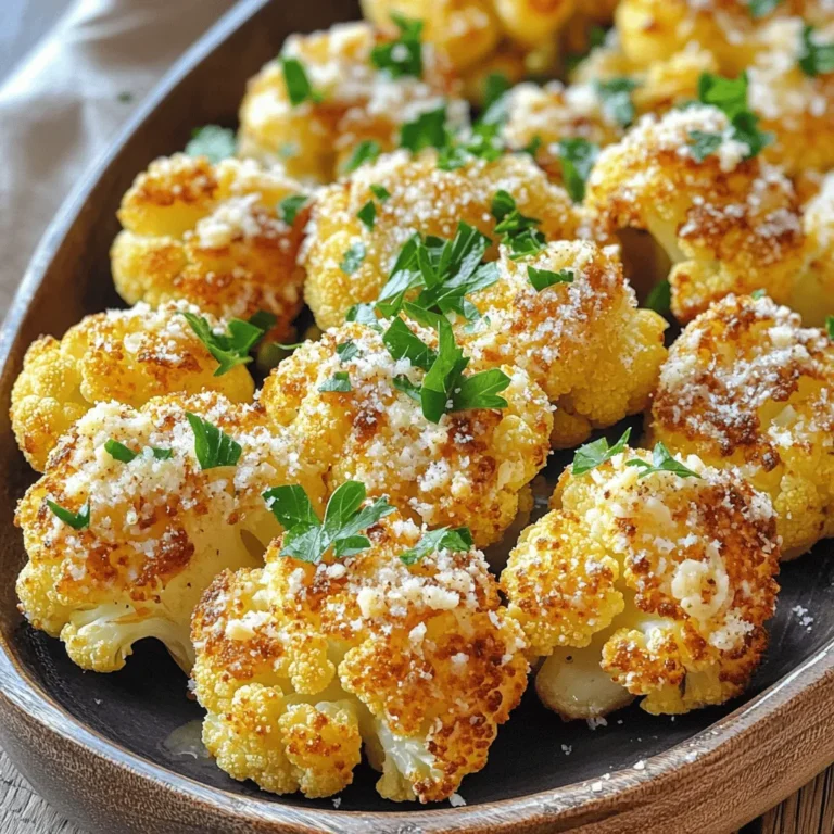 To make Parmesan roasted cauliflower, gather these simple ingredients: - 1 large head of cauliflower, cut into bite-sized florets - 3 tablespoons extra virgin olive oil - 1 cup freshly grated Parmesan cheese - 2 teaspoons garlic powder - 1 teaspoon onion powder - 1 teaspoon smoked paprika - Salt and freshly ground black pepper, to taste - Fresh parsley, finely chopped (for garnish) Using fresh ingredients makes a big difference in taste. Look for a cauliflower head that is firm and free of blemishes. The olive oil should be extra virgin for the best flavor. Freshly grated Parmesan cheese melts better than pre-grated. It has a richer taste and adds a creamy texture. Spices should be fresh too. This helps ensure you get the best flavor in every bite. If you want to change things up, try these add-ins: - Red pepper flakes for heat - Lemon zest for a fresh twist - Balsamic glaze drizzled on top for sweetness - Other cheeses like mozzarella or cheddar for different flavors These options let you customize the dish to fit your taste. Feel free to mix and match! For the full recipe, check out the details above. Start with a large head of cauliflower. Cut it into small, bite-sized florets. This size helps them cook evenly. Rinse the florets under cold water. Then, dry them well with a towel. Removing excess moisture helps them roast better. In a large mixing bowl, add the dried cauliflower florets. Pour in three tablespoons of extra virgin olive oil. Toss the florets until they are well-coated. In another bowl, mix one cup of freshly grated Parmesan cheese, two teaspoons of garlic powder, one teaspoon of onion powder, and one teaspoon of smoked paprika. Add salt and freshly ground black pepper to taste. Combine these dry ingredients well. Spread the coated cauliflower onto a lined baking sheet. Make sure they are in a single layer. This step helps them roast evenly. Preheat your oven to 425°F (220°C). Place the baking sheet in the oven and roast for 25 to 30 minutes. Flip the florets halfway through for even cooking. Look for a golden brown color and a tender texture. Once done, take the cauliflower out of the oven. Let it cool for a few minutes. Garnish with fresh parsley for a pop of color. Serve it on a bright platter for a beautiful display. You can also drizzle a little olive oil on top for extra flavor. This dish pairs well with grilled meats or as part of a veggie spread. Enjoy your delicious Parmesan roasted cauliflower! For more detailed guidance, check out the Full Recipe. To get that perfect roast, you need the right oven temperature. Preheat your oven to 425°F (220°C). This high heat crisps the edges and makes the cauliflower tender. Spread the florets in a single layer on the baking sheet. If they are too crowded, they will steam instead of roast. Flip them halfway through cooking for even browning. Aim for a golden color; that's when they taste the best. One common mistake is not drying the cauliflower. After washing, make sure it's dry. Excess water can lead to soggy florets. Another mistake is using old Parmesan cheese. Fresh cheese melts better and has more flavor. Lastly, don't skip the seasoning. A light touch of salt and pepper really makes a difference. You can easily make this dish even tastier. Try adding a squeeze of lemon juice before serving for a zesty kick. Fresh herbs like thyme or rosemary also add depth. For spice lovers, sprinkle some red pepper flakes for heat. You can find all these flavor ideas in the [Full Recipe]. {{image_4}} You can switch up the cheese for more flavor. Try pecorino Romano for a saltier bite. Goat cheese adds creaminess and tang. For a milder taste, use mozzarella or cheddar. Each cheese brings a unique twist to the dish. So, feel free to experiment with what you have on hand. If you like heat, add some cayenne pepper or crushed red pepper flakes. Start with a pinch and taste as you go. For a milder flavor, skip the smoked paprika. You can also use Italian seasoning for a different herb mix. Adjusting spices lets you make the dish your own. You can mix in other veggies for fun. Try bell peppers, carrots, or zucchini. Cut them into similar sizes as the cauliflower. This way, everything cooks evenly. Roasting a mix adds color and taste. You get a delightful medley on your plate. Check out the Full Recipe for more ideas on making this dish stand out! To keep your Parmesan roasted cauliflower fresh, place it in an airtight container. Make sure it cools to room temperature first. This helps prevent moisture buildup. Store it in the fridge for up to four days. If you want to enjoy it later, make sure to check the smell and texture before eating. When it's time to enjoy your leftovers, reheating is key. I recommend using the oven for the best results. Preheat your oven to 350°F (175°C). Spread the cauliflower on a baking sheet. Heat for about 10 to 15 minutes. This will crisp it up again and keep the cheese flavor strong. You can also use a microwave for quick reheating. Just heat for one to two minutes. But keep in mind, it won’t be as crispy. If you want to store the cauliflower for longer, freezing is a great option. Start by letting it cool completely. Then, place it in a freezer-safe bag. Squeeze out as much air as possible before sealing it. You can freeze it for up to three months. When ready to eat, thaw it overnight in the fridge. Then, reheat in the oven for the best taste. For more details, check out the full recipe. Roasting cauliflower takes about 25 to 30 minutes. Preheat your oven to 425°F (220°C). Place the cauliflower on a baking sheet in a single layer. Halfway through, flip the florets for even cooking. You want them to be golden brown and fork-tender. Yes, you can make this dish ahead of time. Roast the cauliflower and let it cool. Store it in an airtight container in the fridge for up to three days. When you’re ready to serve, just reheat it in the oven. This keeps it crisp and tasty. Parmesan roasted cauliflower pairs well with many dishes. Serve it alongside grilled chicken or fish for a balanced meal. It also complements pasta or a fresh salad. You can even use it as a topping for grain bowls. This dish adds a flavorful crunch to your plate. For the full recipe, check out the details above! In this blog post, we explored how to make delicious Parmesan Roasted Cauliflower. We outlined the key ingredients and shared tips for picking top-quality ones. I provided step-by-step instructions, covering preparation, mixing, roasting, and serving. You learned tips to ensure perfect roasting and avoid common mistakes. We discussed variations like different cheeses and spices, along with storage and reheating advice. With these insights, you can enjoy this tasty dish in many ways. Take your time and have fun creating your own version!