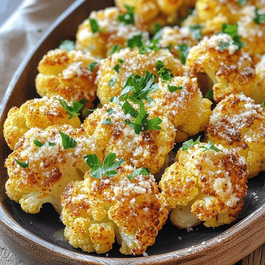 To make Parmesan roasted cauliflower, gather these simple ingredients: - 1 large head of cauliflower, cut into bite-sized florets - 3 tablespoons extra virgin olive oil - 1 cup freshly grated Parmesan cheese - 2 teaspoons garlic powder - 1 teaspoon onion powder - 1 teaspoon smoked paprika - Salt and freshly ground black pepper, to taste - Fresh parsley, finely chopped (for garnish) Using fresh ingredients makes a big difference in taste. Look for a cauliflower head that is firm and free of blemishes. The olive oil should be extra virgin for the best flavor. Freshly grated Parmesan cheese melts better than pre-grated. It has a richer taste and adds a creamy texture. Spices should be fresh too. This helps ensure you get the best flavor in every bite. If you want to change things up, try these add-ins: - Red pepper flakes for heat - Lemon zest for a fresh twist - Balsamic glaze drizzled on top for sweetness - Other cheeses like mozzarella or cheddar for different flavors These options let you customize the dish to fit your taste. Feel free to mix and match! For the full recipe, check out the details above. Start with a large head of cauliflower. Cut it into small, bite-sized florets. This size helps them cook evenly. Rinse the florets under cold water. Then, dry them well with a towel. Removing excess moisture helps them roast better. In a large mixing bowl, add the dried cauliflower florets. Pour in three tablespoons of extra virgin olive oil. Toss the florets until they are well-coated. In another bowl, mix one cup of freshly grated Parmesan cheese, two teaspoons of garlic powder, one teaspoon of onion powder, and one teaspoon of smoked paprika. Add salt and freshly ground black pepper to taste. Combine these dry ingredients well. Spread the coated cauliflower onto a lined baking sheet. Make sure they are in a single layer. This step helps them roast evenly. Preheat your oven to 425°F (220°C). Place the baking sheet in the oven and roast for 25 to 30 minutes. Flip the florets halfway through for even cooking. Look for a golden brown color and a tender texture. Once done, take the cauliflower out of the oven. Let it cool for a few minutes. Garnish with fresh parsley for a pop of color. Serve it on a bright platter for a beautiful display. You can also drizzle a little olive oil on top for extra flavor. This dish pairs well with grilled meats or as part of a veggie spread. Enjoy your delicious Parmesan roasted cauliflower! For more detailed guidance, check out the Full Recipe. To get that perfect roast, you need the right oven temperature. Preheat your oven to 425°F (220°C). This high heat crisps the edges and makes the cauliflower tender. Spread the florets in a single layer on the baking sheet. If they are too crowded, they will steam instead of roast. Flip them halfway through cooking for even browning. Aim for a golden color; that's when they taste the best. One common mistake is not drying the cauliflower. After washing, make sure it's dry. Excess water can lead to soggy florets. Another mistake is using old Parmesan cheese. Fresh cheese melts better and has more flavor. Lastly, don't skip the seasoning. A light touch of salt and pepper really makes a difference. You can easily make this dish even tastier. Try adding a squeeze of lemon juice before serving for a zesty kick. Fresh herbs like thyme or rosemary also add depth. For spice lovers, sprinkle some red pepper flakes for heat. You can find all these flavor ideas in the [Full Recipe]. {{image_4}} You can switch up the cheese for more flavor. Try pecorino Romano for a saltier bite. Goat cheese adds creaminess and tang. For a milder taste, use mozzarella or cheddar. Each cheese brings a unique twist to the dish. So, feel free to experiment with what you have on hand. If you like heat, add some cayenne pepper or crushed red pepper flakes. Start with a pinch and taste as you go. For a milder flavor, skip the smoked paprika. You can also use Italian seasoning for a different herb mix. Adjusting spices lets you make the dish your own. You can mix in other veggies for fun. Try bell peppers, carrots, or zucchini. Cut them into similar sizes as the cauliflower. This way, everything cooks evenly. Roasting a mix adds color and taste. You get a delightful medley on your plate. Check out the Full Recipe for more ideas on making this dish stand out! To keep your Parmesan roasted cauliflower fresh, place it in an airtight container. Make sure it cools to room temperature first. This helps prevent moisture buildup. Store it in the fridge for up to four days. If you want to enjoy it later, make sure to check the smell and texture before eating. When it's time to enjoy your leftovers, reheating is key. I recommend using the oven for the best results. Preheat your oven to 350°F (175°C). Spread the cauliflower on a baking sheet. Heat for about 10 to 15 minutes. This will crisp it up again and keep the cheese flavor strong. You can also use a microwave for quick reheating. Just heat for one to two minutes. But keep in mind, it won’t be as crispy. If you want to store the cauliflower for longer, freezing is a great option. Start by letting it cool completely. Then, place it in a freezer-safe bag. Squeeze out as much air as possible before sealing it. You can freeze it for up to three months. When ready to eat, thaw it overnight in the fridge. Then, reheat in the oven for the best taste. For more details, check out the full recipe. Roasting cauliflower takes about 25 to 30 minutes. Preheat your oven to 425°F (220°C). Place the cauliflower on a baking sheet in a single layer. Halfway through, flip the florets for even cooking. You want them to be golden brown and fork-tender. Yes, you can make this dish ahead of time. Roast the cauliflower and let it cool. Store it in an airtight container in the fridge for up to three days. When you’re ready to serve, just reheat it in the oven. This keeps it crisp and tasty. Parmesan roasted cauliflower pairs well with many dishes. Serve it alongside grilled chicken or fish for a balanced meal. It also complements pasta or a fresh salad. You can even use it as a topping for grain bowls. This dish adds a flavorful crunch to your plate. For the full recipe, check out the details above! In this blog post, we explored how to make delicious Parmesan Roasted Cauliflower. We outlined the key ingredients and shared tips for picking top-quality ones. I provided step-by-step instructions, covering preparation, mixing, roasting, and serving. You learned tips to ensure perfect roasting and avoid common mistakes. We discussed variations like different cheeses and spices, along with storage and reheating advice. With these insights, you can enjoy this tasty dish in many ways. Take your time and have fun creating your own version!
