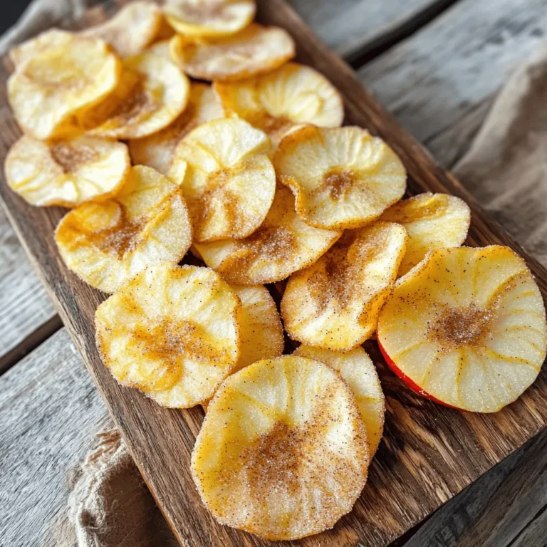 - 2 large apples (recommended varieties: Honeycrisp, Fuji) - 1 teaspoon ground cinnamon - 1 tablespoon sugar (optional) - A pinch of salt - Baking sheets - Parchment paper - Apple corer or small knife - Mandoline slicer (for even slices) To make easy cinnamon apple chips, we need some simple ingredients. Start with two large apples. I suggest using Honeycrisp or Fuji apples. They give the best flavor and crunch. You will also need a teaspoon of ground cinnamon. If you want a sweeter taste, add one tablespoon of sugar. Finally, grab a pinch of salt to balance the flavors. For the tools, you will need baking sheets and parchment paper. The parchment paper stops the apples from sticking. An apple corer or a small knife is key for removing the core from the apples. A mandoline slicer helps you cut the apples into thin, even rounds. This step is important to make sure they bake well. You can find the full recipe for crispy cinnamon apple chips in the main article. - Set oven temperature to 225°F (110°C). - Prepare baking sheets with parchment paper. - Wash and core apples. - Slice into thin rounds (1/8 inch thick). - Combine cinnamon, sugar, and salt in a bowl. - Lay slices in a single layer on baking sheets. - Lightly sprinkle seasoning mix over slices. - Bake for 1.5 to 2 hours. - Flip slices halfway through baking. - Allow apple chips to cool on baking sheets. By following these steps, you’ll make tasty cinnamon apple chips. This recipe is simple and fun. The full recipe brings out the best flavors for a great snack! To make great cinnamon apple chips, start with the right apples. I love Honeycrisp and Fuji apples. They are sweet and have a nice crunch. The type of apple matters a lot. A good apple makes a big difference in taste. Next, think about how thick you slice them. You want the slices to be about 1/8 inch thick. If they are too thick, they will not get crispy. If they are too thin, they might burn. A mandoline slicer can help you get even slices. Baking your apple chips takes some care. Bake them at a low temperature, around 225°F (110°C). This helps them dry out slowly. Make sure to flip the slices halfway through. This step helps them crisp up evenly. After baking, turn off the oven but leave the chips inside. This extra time helps them gain that perfect crunch. It makes them even crisper without burning. You can adjust the sugar to suit your taste. If you want a sweeter chip, add more sugar. If you like it less sweet, use less. You can even skip the sugar if you prefer. The natural sweetness of the apples is enough for many people. Remember, the key is to taste as you go. This will help you find your perfect balance. For more details, check the Full Recipe. {{image_4}} You can easily change the flavor of your apple chips. Try adding nutmeg or cloves for extra warmth. These spices give a cozy taste that pairs well with apples. If you want a touch of sweetness, drizzle honey or maple syrup on the chips before baking. This extra layer of flavor makes them even more delicious. If you want quicker results, try using the microwave. Lay the apple slices on a microwave-safe plate and cook them for a few minutes. Keep an eye on them to prevent burning. Another option is a dehydrator. This method gives you a different texture and taste. The chips may be chewier, but they are still tasty! Apple chips are great on their own, but you can make them even better. Pair them with yogurt or nut butter for a tasty snack. They add a nice crunch to salads or desserts. You can sprinkle them on top of oatmeal or ice cream for an extra treat. These ideas make your healthy snack even more fun! To keep your cinnamon apple chips fresh, store them in airtight containers. This prevents air from making them soft. You can also use resealable plastic bags. Make sure to squeeze out as much air as possible before sealing. Try to keep your chips in a cool, dry place. Avoid sunlight, as heat can reduce their crispness. For the best taste, eat them within a week. At room temperature, your apple chips can stay fresh for about a week. If you want to keep them longer, consider freezing them. Place the chips in a single layer on a baking sheet first. Freeze for a few hours, then transfer to a bag. This method prevents them from sticking together. Frozen apple chips can last for up to six months. When you're ready to enjoy them, just take out a few and let them thaw at room temperature. Enjoy these snacks anytime! For the full recipe, check out the detailed instructions above. Yes, you can use other spices! Consider trying nutmeg or ginger for warmth. For a sweet twist, add a pinch of cloves. These spices can change the flavor and make your apple chips unique. Mix and match to find your favorite blend. Your apple chips are done when they are dry and crisp. They should feel light and snap easily when you break them. If they bend, they need more time. Keep an eye on them in the last few minutes to avoid burning. Yes, these apple chips are healthy! They are made from fresh apples and have no added chemicals. They are low in calories and high in fiber, which can help with digestion. Store-bought snacks often have added sugars and preservatives. Homemade apple chips give you full control over the ingredients. This makes them a much better choice for a snack. You can use pre-sliced apples, but be careful. Store-bought slices may be thicker and less uniform. This can lead to uneven baking. If you use them, check for doneness more often. You might need to adjust the baking time to get the right crunch. You now know how to make delicious apple chips at home. Start with fresh apples and simple ingredients. Preheat your oven and follow the steps carefully for the best results. Remember, using the right apple varieties and slicing them evenly ensures perfect crispiness. Feel free to add your favorite spices or try different cooking methods. Store them well to keep your apple chips fresh. Enjoy this healthy snack that’s easy to make and better than store-bought options! Happy snacking!