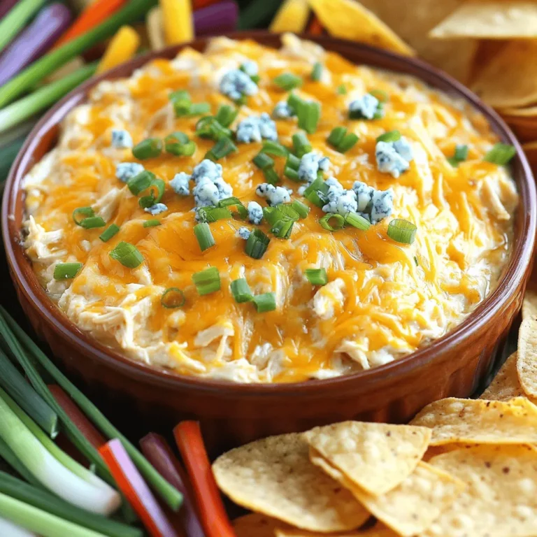 To make a great Buffalo Ranch Chicken Dip, you need simple, tasty items. Here’s what you need: - 2 cups shredded cooked chicken (rotisserie chicken works great!) - 1 cup cream cheese, softened to room temperature - 1 cup ranch dressing (homemade or store-bought) - 1 cup buffalo sauce (choose mild or hot based on your heat preference) - 1 cup shredded sharp cheddar cheese - 1/2 cup crumbled blue cheese (optional for added flavor) - 1/4 cup green onions, finely chopped (for a fresh garnish) - Tortilla chips or crunchy veggie sticks (for serving) These ingredients work well together. The chicken provides protein, while the cream cheese and ranch dressing add creaminess. The buffalo sauce brings heat, and the cheeses give a rich flavor. You can add more fun flavors to your dip. Consider these choices: - 1/2 cup diced celery for a crunch - 1/2 cup diced red bell pepper for sweetness - A splash of Worcestershire sauce for depth These add-ins can really boost the flavor. They give you a tasty twist and make each bite exciting. If you have special dietary needs, you can swap some ingredients: - Use shredded tofu or chickpeas instead of chicken for a vegetarian option. - Swap cream cheese with a dairy-free version for a vegan dip. - Choose a low-fat ranch dressing to cut calories. These substitutions keep the dip delicious while fitting your diet. You can enjoy this flavorful dish no matter your needs! To make Buffalo Ranch Chicken Dip, start by gathering your ingredients. You will need shredded chicken, cream cheese, ranch dressing, buffalo sauce, cheddar cheese, blue cheese, green onions, and your choice of chips or veggie sticks. This step is key to a smooth cooking process. First, preheat your oven to 350°F (175°C). This ensures your dip bakes evenly. In a large bowl, use a hand mixer or whisk to blend the softened cream cheese until it's smooth. Slowly add the ranch dressing and buffalo sauce. Mix until it looks creamy and well-combined. Next, stir in the shredded chicken, making sure it gets coated in the sauce. This is where the flavor really builds up! After mixing, fold in the shredded cheddar cheese and blue cheese if you want. This adds a nice touch of flavor. Now, pour the dip mixture into a greased baking dish. Use a spatula to spread it out evenly. Place it in the oven and bake for 20-25 minutes. You’ll know it’s done when you see bubbles and the top turns golden brown. Let it cool for a few minutes, then sprinkle on chopped green onions for a fresh look. Serve it warm with tortilla chips or crunchy veggie sticks. It’s a creamy, flavorful delight that everyone will love. Check the full recipe for all the details! To get the best creamy texture, use room-temperature cream cheese. Cold cream cheese clumps up and makes it hard to mix. I like to beat it first until smooth. Then, slowly add the ranch dressing and buffalo sauce. This keeps the dip from getting too thick. Mix well, so every bite is creamy and rich. Adding the shredded cheese last helps keep it melted and gooey. When serving your dip, presentation matters. Use a bright bowl to catch the eye. You can place it on a large platter. Surround it with colorful veggie sticks and crispy tortilla chips. This makes it look fun and inviting! I also like to sprinkle extra green onions on top. This adds a nice touch and a pop of color. You can control the heat in your dip easily. Choose a mild buffalo sauce for a gentle kick. If you want more spice, go for a hot version. You can also mix in chopped jalapeños or a dash of cayenne pepper. This lets you create the perfect heat level for you and your guests. Just remember to taste as you go! {{image_4}} You can make a tasty vegetarian dip by swapping chicken for canned chickpeas. Start with 2 cups of drained and rinsed chickpeas. Mash them slightly for texture. Keep the cream cheese and ranch dressing the same. Add some diced bell peppers for crunch. This version still gives you that creamy, ranch taste without the meat. For a fun twist, make a spicy Thai version. Use 1 cup of shredded cooked chicken, but add 1/2 cup of Thai chili sauce. Replace ranch dressing with a mix of 1 cup of coconut milk and 1 tablespoon of lime juice. Toss in some chopped cilantro for freshness. This dip packs a flavor punch that will wow your guests! If you’re on a low-carb diet, use cauliflower instead of chicken. Steam and mash 2 cups of cauliflower until smooth. Keep the cream cheese and ranch dressing. To add a bit of spice, mix in some diced jalapeños. This will keep the dip low in carbs while still being rich and creamy. For more ideas, check out the Full Recipe to see how you can mix and match these variations! After enjoying this tasty dip, store any leftovers right away. Get a clean, airtight container. Place the dip inside and seal it tightly. This helps keep it fresh and safe to eat. You can store it in the fridge for up to three days. Always let the dip cool down before putting it in the fridge. This helps prevent moisture build-up. When you're ready to enjoy the dip again, reheating is key. I recommend using the oven for the best taste. Preheat it to 350°F (175°C). Place the dip in an oven-safe dish. Heat it for about 15-20 minutes, or until it bubbles. If you’re in a hurry, you can use the microwave. Just heat it in 30-second bursts, stirring in between. This helps it heat evenly. Yes, you can freeze Buffalo Ranch Chicken Dip! To do this, let the dip cool completely. Then, pack it into a freezer-safe container. Leave some space at the top because it will expand when frozen. It can last up to three months in the freezer. When you're ready to eat it, thaw it in the fridge overnight. Reheat as mentioned above for the best flavor. Enjoy this creamy, flavorful delight anytime! Yes, you can make Buffalo Ranch Chicken Dip ahead of time. Just prepare it, then cover it and store it in the fridge. You can make it one day before your event. When you're ready to serve, simply bake it as directed in the full recipe. This makes it easy and keeps the flavors fresh. Buffalo Ranch Chicken Dip pairs well with many snacks. Here are some great options: - Tortilla chips - Crunchy veggie sticks like carrots or celery - Pita chips - Bread slices or baguette - Crackers These options add fun textures and flavors to your dip experience. Leftovers of Buffalo Ranch Chicken Dip will last about 3 to 4 days in the fridge. Make sure to store it in an airtight container. You can enjoy it cold, or heat it up in the oven or microwave for a quick snack. Just be sure to check for any signs of spoilage before eating. You learned all about making a tasty Buffalo Ranch Chicken Dip. We covered key ingredients, step-by-step preparation, and helpful tips for the best dip. I shared options for different diets, like vegetarian and low-carb. You can store leftovers safely and even freeze some if needed. My final thoughts? This dip is flexible, fun, and a crowd-pleaser. Enjoy making it for your next gathering!