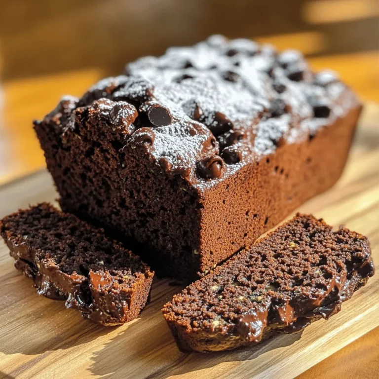 To make a tasty and moist chocolate zucchini bread, gather these simple ingredients: - 1 medium zucchini, finely grated - 1 cup whole wheat flour - 1/2 cup unsweetened cocoa powder - 1/2 teaspoon baking soda - 1/2 teaspoon baking powder - 1/4 teaspoon salt - 1/2 cup pure maple syrup or honey - 1/4 cup unsweetened applesauce - 2 large eggs - 1 tablespoon vanilla extract - 1/2 cup dark chocolate chips (optional) - 1/4 cup chopped walnuts or pecans (optional) These ingredients help create a rich flavor and moist texture. The grated zucchini adds moisture without a strong taste. Whole wheat flour makes the bread hearty and healthy. Cocoa powder gives it that delicious chocolate flavor. Sweeteners like maple syrup or honey ensure the bread stays moist and sweet. Applesauce also adds moisture while cutting down on fat. The eggs help bind everything together. Optional items like dark chocolate chips can add extra richness. Walnuts or pecans bring a nice crunch. You can adjust the recipe to suit your taste. For the full recipe, refer to [Full Recipe]. 1. Preheat your oven to 350°F (175°C). Prepare a 9x5-inch loaf pan. You can grease it lightly or line it with parchment paper. This will help with easy removal once it’s baked. 2. In a large mixing bowl, combine the finely grated zucchini, maple syrup (or honey), unsweetened applesauce, eggs, and vanilla extract. Whisk them together until blended. 3. In a separate bowl, gently whisk the whole wheat flour, cocoa powder, baking soda, baking powder, and salt. Make sure they mix well to avoid clumps. 1. Gradually add the dry ingredients into the wet mixture. Stir just until combined. Avoid over mixing to keep the bread light and fluffy. 2. If you like, gently fold in dark chocolate chips and chopped walnuts or pecans. These add a nice crunch and rich flavor. 3. Carefully pour the batter into the prepared loaf pan. Use a spatula to smooth the top for an even bake. 1. Bake in the preheated oven for 45-50 minutes. Test doneness by inserting a toothpick into the center. It should come out clean or with a few moist crumbs. 2. Once baked, remove the bread from the oven. Let it cool in the pan for about 10 minutes. Then, transfer it to a wire rack to cool completely. For the full recipe, check out the details provided earlier. Enjoy your baking! To make your chocolate zucchini bread perfect, mix well but don’t overdo it. Overmixing can lead to a tough loaf. Stir the batter until just combined. This keeps the bread soft and moist. Accurate measurements matter too. Use a kitchen scale for the best results if you have one. If not, make sure to level off your measuring cups. If you want to switch up the flour, try using almond flour. It gives a nice flavor and works well in this recipe. For sweeteners, you can use agave syrup or coconut sugar. Both options keep the bread tasty and healthy. Just use the same amount as maple syrup or honey. Serve your zucchini bread warm for the best taste. Slice it and dust with powdered sugar for a pretty look. You can also spread nut butter on top for a yummy twist. Pair it with a glass of milk or a cup of tea. These drinks enhance the rich flavors of the bread. For the full recipe, check out the earlier section. {{image_4}} For those with dietary needs, you can easily adapt this recipe. - Gluten-free options: Use a gluten-free flour blend. It works well in this recipe. Just make sure it has a good mix of starch and protein. - Vegan alternatives: Replace the eggs with flax eggs. Mix one tablespoon of ground flaxseed with three tablespoons of water. Let it sit for five minutes until it thickens. You can also switch the honey with agave syrup or another plant-based sweetener. These changes keep the bread tasty while meeting different needs. You can enhance the flavor of your chocolate zucchini bread. - Adding spices like cinnamon or nutmeg: A teaspoon of cinnamon or nutmeg brings warmth. These spices pair well with chocolate and add depth to the flavor. - Incorporating other mix-ins like dried fruit: Try adding dried cherries, cranberries, or even raisins. They add sweetness and chewiness. Mix in about half a cup for the best results. These variations make your bread unique and fun! For the full recipe, check out the details above. To keep your chocolate zucchini bread fresh, store it correctly. Wrap the cooled bread tightly in plastic wrap or aluminum foil. This keeps moisture in and prevents it from drying out. Place it in an airtight container for extra protection. You can store it at room temperature for about three days. If you want to keep it longer, freezing works great. To freeze chocolate zucchini bread, slice it first. Wrap each slice in plastic wrap. Then, place the wrapped slices in a freezer-safe bag. This way, you can grab a slice whenever you want a treat. It can stay fresh in the freezer for up to three months. When you’re ready to enjoy your chocolate zucchini bread, warming it up adds to the taste. The best way to heat it is in the microwave. Place a slice on a microwave-safe plate, cover it with a paper towel, and heat for 15-20 seconds. This keeps the bread moist. You can also reheat it in the oven. Preheat the oven to 350°F (175°C). Wrap the bread in foil to prevent it from getting dry. Heat for about 10-15 minutes. This method helps keep the texture soft and warm. For the best taste, enjoy your chocolate zucchini bread within three days if stored at room temperature. If frozen, try to eat it within three months for the best flavor. To keep zucchini bread moist, use fresh zucchini. Grate it finely to release its juice. Adding unsweetened applesauce or pure maple syrup also helps boost moisture. - Bake at the right temperature. Too high can dry it out. - Don’t overmix the batter. This keeps the bread tender. - Cover the bread with foil if it browns too fast. Yes, you can use frozen zucchini. Just let it thaw and drain excess water first. Frozen zucchini works well but may change the texture slightly. - Fresh zucchini offers the best flavor and moisture. - If you have frozen, make sure to squeeze out the water. - Using frozen is a great way to reduce waste. Check for doneness with a toothpick. Insert it into the center of the bread. If it comes out clean or with a few moist crumbs, it’s done. - The edges will pull away from the pan slightly. - The top should look set and spring back when you touch it. - Baking time is usually 45-50 minutes, but ovens vary. For the complete method to make this treat, check out the Full Recipe! You’ve learned how to make delicious chocolate zucchini bread. We covered the main ingredients, step-by-step instructions, and helpful tips. Remember, precise measurements and mixing are key to success. You can also explore variations to match your tastes and dietary needs. Store your bread properly for long-lasting freshness. With these insights, you’ll enjoy baking and sharing this treat. Dive in and enjoy the process!