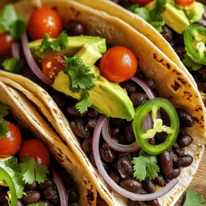 To make Spicy Black Bean Tacos, gather these key ingredients: - 2 cans black beans, thoroughly rinsed and drained - 1 tablespoon extra virgin olive oil - 1 small red onion, finely chopped - 2 cloves garlic, minced - 1 jalapeño pepper, seeded and finely diced - 1 teaspoon ground cumin - 1 teaspoon smoked paprika - Sea salt and freshly cracked black pepper, to taste - 1 cup corn kernels (fresh or frozen) - 1 ripe avocado, sliced - 1 cup cherry tomatoes, halved - Fresh cilantro leaves, for garnish - Small corn or flour tortillas These ingredients create a tasty base for your tacos. The black beans provide protein, while spices add depth. You can make your tacos even better with these optional toppings: - Lime wedges for a zesty kick - Sliced jalapeños for extra heat - Shredded cheese for creamy flavor - Sour cream for richness These toppings can add fun flavors and textures to your meal. Black beans are full of fiber and protein. They help keep you full and satisfied. Avocados provide healthy fats, which are good for your heart. Tomatoes are rich in vitamins and antioxidants. Corn adds a touch of sweetness and crunch. These key ingredients make your tacos not just tasty but also nutritious. For the full recipe, check out the details above. Enjoy your cooking! Start by heating a medium skillet over medium heat. Add one tablespoon of extra virgin olive oil. Let it warm for a moment. Next, add the finely chopped red onion. Sauté the onion for 3 to 5 minutes. You want it soft and clear. Then, add two cloves of minced garlic and one diced jalapeño. Cook for another two minutes. This step brings out the great smells. Now, it's time to add the black beans. Use two cans that you have rinsed and drained. Add one teaspoon of ground cumin and one teaspoon of smoked paprika. Sprinkle in some sea salt and black pepper to taste. Stir everything well. Let it cook for 5 to 7 minutes. This warms the beans and mixes in the spices. If you have corn, add one cup of kernels now. If it’s frozen, add it in the last two minutes. Stir gently to heat through. While your bean mixture cooks, grab another skillet. Place it on medium heat. Warm your small corn or flour tortillas for about 30 seconds on each side. You want them soft and warm. This makes the tacos easy to fold. Now comes the fun part! Take a warm tortilla and spoon a good amount of the black bean mixture onto it. Add slices of ripe avocado on top. Halve the cherry tomatoes and scatter them over the filling. Finish with fresh cilantro leaves for color and flavor. Serve your tacos right away. You can add lime wedges for extra zest. Enjoy your tasty creation! For full details, check the Full Recipe. To make spicy black bean tacos just right, you can change the heat. If you want it milder, use less jalapeño. You can also remove the seeds to lower the spice. For more heat, add extra jalapeño or some chili powder. You could even add hot sauce or diced serrano peppers. Always taste as you go. This way, you can find the perfect balance. Cooking black beans properly is key. Start with rinsing and draining canned beans. This helps remove excess salt and improves flavor. Heat oil in your skillet before adding onions. This method brings out their sweet taste. Stir often to avoid burning. Cooking the beans with spices enhances their flavor. Always stir gently to keep them intact. How you serve your tacos can make them more appealing. Use colorful plates to highlight the vibrant ingredients. Stack the tacos neatly on the plate. Layer avocado, tomatoes, and cilantro for a fresh look. Squeeze lime over the top for a zesty touch. You can even serve with lime wedges on the side. This adds a beautiful finishing touch. For the full recipe, check the details above. {{image_4}} You can easily make these tacos vegetarian or vegan. The main filling is already plant-based. Use black beans for protein and nutrients. Add extra veggies for more flavor. Consider bell peppers or zucchini. These add color and taste. If you want cheese, use vegan cheese to keep it dairy-free. To make this dish gluten-free, choose corn tortillas. Corn tortillas are naturally gluten-free and tasty. Ensure your other ingredients are free from gluten too. Most canned beans and veggies fit this need. Check labels to be safe. You can still enjoy these tacos without any gluten. Mix up your taco filling with fun swaps. Instead of black beans, try pinto beans or lentils. For a twist, add roasted sweet potatoes. They give a sweet and savory flavor. You can swap corn for sautéed spinach or kale. These additions boost nutrition and taste. The key is to experiment and find what you love. For the full recipe, check out the complete details above. To store leftover tacos, first let them cool down. Place the filled tacos in a container with a lid. For best taste, eat them within two days. If you have leftover filling, store it separately in an airtight container. This keeps the tortillas from getting soggy. When ready to eat, remove the tacos from the fridge. If you stored the filling, heat it in a skillet over medium heat for about five minutes. Stir it well to ensure even warming. For the tortillas, warm them in a dry skillet for about 30 seconds on each side. This will bring back their soft texture. You can freeze the bean mixture if you want to save it for later. Place it in a freezer-safe bag or container. Make sure to remove excess air to prevent freezer burn. When you’re ready to use it, thaw it in the fridge overnight. Reheat it in a skillet, then assemble your tacos using fresh tortillas. Check out the Full Recipe for more details on how to craft the perfect spicy black bean tacos! You can serve these tacos with a variety of sides. Here are some great options: - Fresh salsa for added flavor. - Crispy tortilla chips for crunch. - A side of rice to fill you up. - Guacamole for a creamy touch. - A light salad to balance the meal. These sides enhance the taco's taste and make your meal fun. Yes, you can prepare the filling ahead of time. Just store it in the fridge. When you're ready to eat, warm the filling in a skillet. Heat the tortillas just before serving. This method keeps everything fresh and tasty. You can easily adjust this recipe to fit different diets. Here are some ideas: - Vegetarian: This recipe is already vegetarian-friendly. - Vegan: Simply skip any dairy toppings. - Gluten-free: Use corn tortillas instead of flour. - Low-carb: Serve the filling in lettuce wraps. These simple changes help everyone enjoy the dish. Black beans offer many health benefits. Here are a few: - High in protein, great for muscle health. - Packed with fiber, which aids digestion. - Rich in antioxidants, helping to fight disease. - Low in fat, making them heart-healthy. Including black beans in your diet is a smart choice. They are not only delicious but also good for you! For the full recipe, check out the Zesty Spicy Black Bean Tacos. In this post, we explored tasty spicy black bean tacos. We discussed key ingredients, cooking steps, and some clever tips. You learned how to adjust spice, store tacos, and even variations for diets. These tacos are simple and fun to make. Whether you want them mild or spicy, the options are endless. Enjoy your cooking and happy eating!