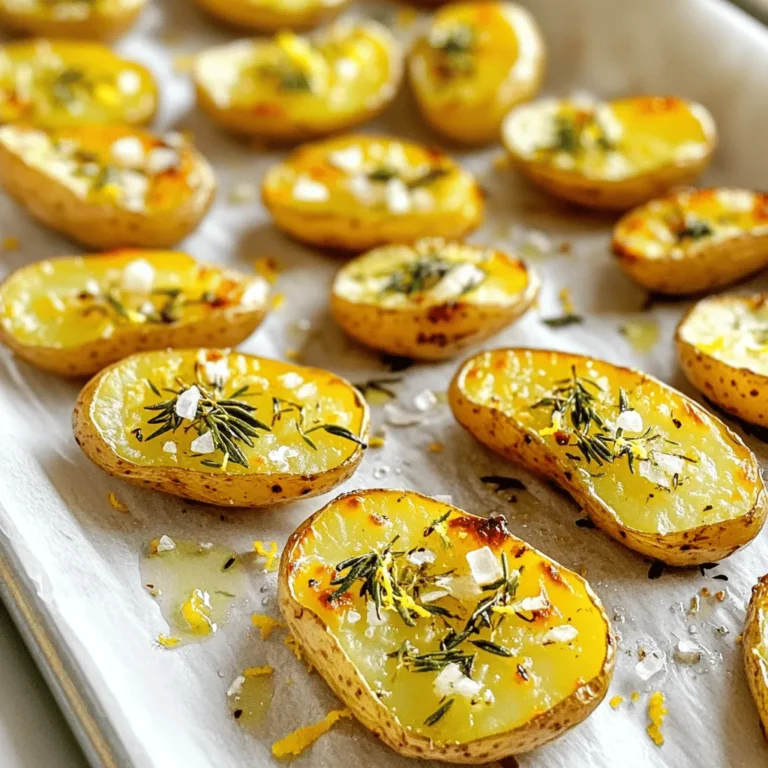 To make Garlic Herb Roasted Fingerling Potatoes, gather the following items: - 1.5 pounds fingerling potatoes, halved lengthwise - 4 cloves garlic, minced - 3 tablespoons extra virgin olive oil - 1 tablespoon fresh rosemary, finely chopped - 1 tablespoon fresh thyme, finely chopped - 1 teaspoon sea salt - ½ teaspoon freshly ground black pepper - Zest of 1 lemon These ingredients come together to create a dish that is both tasty and easy to prepare. The fingerling potatoes are small and tender, making them a perfect choice for roasting. The garlic adds a robust flavor. Fresh herbs like rosemary and thyme bring a lovely aroma and taste. Olive oil helps the potatoes crisp up nicely. Lemon zest adds a bright note that balances the dish. The sea salt and black pepper enhance all the flavors, making every bite a delight. You can easily find these ingredients at your local grocery store. Make sure to pick fresh herbs, as they can elevate the dish. For the complete method to cook these delicious potatoes, check out the Full Recipe. 1. Preheat your oven to 425°F (220°C). This helps the potatoes roast perfectly. 2. In a large mixing bowl, combine the halved fingerling potatoes and minced garlic. Pour in the olive oil. Sprinkle the chopped rosemary and thyme. Add sea salt, black pepper, and lemon zest. Toss everything until the potatoes are well coated. 1. Arrange the potatoes on a baking sheet lined with parchment paper. Make sure the cut sides face down. This helps them get crispy. 2. Place the baking sheet in the oven. Roast the potatoes for 25-30 minutes. Halfway through, flip them with a spatula. This ensures even cooking and a nice golden color. 1. After roasting, let the potatoes cool for about 5 minutes. Taste them and add more salt or pepper if needed. 2. For a great presentation, serve the potatoes in a rustic bowl. Garnish with fresh herbs and a little extra lemon zest for a pop of flavor. You can find the full recipe here. For the best roast, always place the cut sides down. This helps the potatoes cook evenly and get crispy. When you bake them this way, the heat hits the cut sides directly. This is key for a nice golden crust. To ensure crispy potatoes, avoid crowding the baking sheet. Spread them out in one layer. This allows hot air to circulate. Flipping the potatoes halfway through cooking also helps. You want them to be golden all around. You can add spices or other herbs to change the flavor. Try smoked paprika or cumin for a warm twist. You can also mix in fresh parsley or basil for a bright touch. Using different types of potatoes adds variety too. Yukon golds or reds can be great alternatives. Each type brings a unique taste and texture. Experimenting with these options can lead to new favorites. For roasting, use a heavy-duty baking sheet. A rimmed sheet helps contain any oil or juices. Non-stick or parchment paper can make cleanup easier. For easy cleanup, soak the baking sheet right after use. This helps remove any stuck-on bits. You can also line it with foil for less scrubbing. Keeping your tools clean saves time and effort for next time. If you want to see the full recipe for Garlic Herb Roasted Fingerling Potatoes, check out the recipe section above. {{image_4}} You can easily change the recipe to suit your taste. One tasty swap is to use sweet potatoes instead of fingerling potatoes. Sweet potatoes add a hint of sweetness and a colorful touch. You can also try different herbs. Substitute parsley for rosemary or use basil instead of thyme. Adding spices like paprika or cumin can create exciting new flavors. If you want to try a different cooking method, the air fryer is a fun option. Cooking in the air fryer results in crispy potatoes in less time. Set your air fryer to 400°F (200°C) and cook for about 20 minutes. Shake the basket halfway through for even cooking. Grilling is another great method. It adds a lovely smoky flavor to the potatoes. Toss the seasoned potatoes in a grill basket and cook over medium heat. Grill for about 15-20 minutes, turning often until they are tender and have nice grill marks. Garlic herb roasted fingerling potatoes pair well with many dishes. They go great with grilled meats, like chicken or steak. For a vegetarian meal, serve them with roasted veggies or a fresh salad. You can also get creative with dips! Try a garlic aioli or a tangy yogurt sauce. A sprinkle of fresh herbs or a drizzle of balsamic glaze can elevate your dish. For the full recipe, check out the Garlic Herb Roasted Fingerling Potatoes section. To keep your Garlic Herb Roasted Fingerling Potatoes fresh, refrigerate them. Place the cooled potatoes in an airtight container. This helps to retain their flavor and texture. If you have a lot, consider using a glass container. Glass keeps them from picking up other odors in the fridge. Reheating your potatoes can be easy. For the oven, preheat it to 400°F (200°C). Spread the potatoes on a baking sheet. Heat them for about 10-15 minutes. This method keeps them crispy. If using a microwave, place them in a microwave-safe dish. Add a splash of water to keep them moist. Heat in short bursts, checking often to prevent sogginess. You can freeze these potatoes for later use. First, let them cool completely. Spread them on a baking sheet in a single layer. Freeze until solid, then transfer to a freezer-safe bag. This keeps them from sticking together. To thaw, place them in the fridge overnight. Reheat in the oven to regain their crunch. Enjoy their deliciousness even after freezing! Roasting fingerling potatoes takes about 25 to 30 minutes at 425°F (220°C). You want them golden and tender. Flip the potatoes halfway through to ensure they cook evenly. This step helps them achieve that perfect crispy texture. Yes, you can prep the fingerling potatoes ahead of time. Cut and coat them in the olive oil and herbs. Store them in the fridge for up to 24 hours. Just remember to bring them to room temperature before roasting. This will make sure they cook evenly. You can serve these tasty potatoes with many dishes. They pair well with roasted chicken or grilled steak. For a lighter option, try them with a fresh salad or fish. They also make a great side for vegetarian meals. The options are endless! For the full recipe, check out the detailed steps above. Garlic Herb Roasted Fingerling Potatoes are a simple, tasty treat. You start by preheating your oven to 425°F (220°C). Next, you mix halved fingerling potatoes with minced garlic, olive oil, fresh herbs, salt, pepper, and lemon zest in a bowl. Toss them until well-coated, then arrange them cut-side down on a baking sheet. Roast for about 25-30 minutes, flipping halfway for even cooking. The result? Golden, crispy potatoes that are soft inside. Serve them warm, garnished with fresh herbs and lemon zest. They pair nicely with meats or can shine alone as a side dish. For more details, check out the full recipe. In summary, garlic herb roasted fingerling potatoes are easy and tasty. You learned about the best ingredients, tools, and tips for roasting. I shared ways to change the recipe and how to store leftovers. Remember to try different herbs and cooking methods for added flavor. With simple steps, you can impress anyone with this dish. Cooking should be fun and enjoyable, so don’t hesitate to experiment! Enjoy your perfectly roasted potatoes and make them a regular part of your meals.