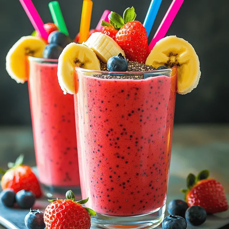 - 1 cup frozen mixed berries - 1 perfectly ripe banana - 1/2 cup coconut milk - 1/2 cup fresh orange juice - 2 tablespoons chia seeds - 1 tablespoon honey or maple syrup (optional) - 1/2 teaspoon pure vanilla extract - Fresh mixed berries and a slice of banana for garnish When making your Tropical Berry Chia Smoothie, fresh and frozen ingredients matter. Each ingredient plays a key role in taste and nutrition. Frozen mixed berries add a burst of flavor. They give your smoothie a refreshing chill. You can choose strawberries, blueberries, or raspberries. Each berry offers unique vitamins. A ripe banana adds natural sweetness and creaminess. Bananas work well to balance the tartness of the berries. They also boost potassium, which is good for your heart. Coconut milk gives a rich, creamy texture. It’s a great dairy alternative for a tropical flavor. If you want a lighter option, feel free to use almond or oat milk. Fresh orange juice wakes up the smoothie with its citrus zing. It adds vitamin C and pairs well with the berries. Chia seeds are tiny, but they pack a punch! They are full of fiber and omega-3 fatty acids. When you soak them, they expand and make your smoothie thicker. Honey or maple syrup can sweeten the mix if you prefer a sweeter taste. Adjust this based on your taste buds. Pure vanilla extract brings a warm, inviting flavor. It enhances all the other ingredients. Finally, for garnish, fresh mixed berries and a banana slice make your smoothie look amazing. They add color and make it fun to drink. To see how to bring these ingredients together, check out the Full Recipe. Enjoy creating this energizing health boost! - Begin with blending the frozen mixed berries and banana. - Add coconut milk, orange juice, chia seeds, and sweetener. - Blend until smooth; scrape down sides if necessary. To start, I use a high-powered blender. I toss in one cup of frozen mixed berries and one ripe banana. The frozen berries add a cool touch, while the banana sweetens the mix. Next, I pour in half a cup of coconut milk and half a cup of fresh orange juice. The coconut milk gives a creamy texture, and the orange juice adds a zesty kick. Then, I sprinkle in two tablespoons of chia seeds and, if I want it sweeter, a tablespoon of honey or maple syrup. I blend everything on high speed until it is smooth. If I notice any chunks, I pause to scrape down the sides. This step ensures everything blends well. - Allow the smoothie to rest for 3-5 minutes. - Blend again for smooth incorporation of chia seeds. After blending, I let the smoothie rest for about three to five minutes. This wait allows the chia seeds to expand and thicken the drink. Once the time is up, I give it another quick blend. This final blend ensures the chia seeds are evenly mixed, giving my smoothie a consistent texture. - Pour into glasses and garnish with berries and banana slices. Now comes the fun part! I pour the smoothie into glasses, filling them just right. For a pretty touch, I garnish with fresh mixed berries and a slice of banana on the rim. This adds color and makes the drink look delicious. For the full recipe, check out the details above. - Selecting ripe bananas for optimal sweetness: A ripe banana adds natural sweetness. Look for bananas with a few brown spots. They are soft and sweet, perfect for this smoothie. - Opting for high-quality coconut milk: Choose a creamy, full-fat coconut milk for richness. It enhances the flavor and texture. You want it to blend smoothly with the other ingredients. - Tips for achieving a creamy texture: Start with the frozen fruits and banana first. This helps create a thick, creamy base. Blend on high speed for about 30 seconds. If needed, stop and scrape the sides for an even mix. - Ideal order for adding ingredients in the blender: First, add the frozen mixed berries and banana. Then, pour in the coconut milk and orange juice. Finally, add chia seeds and sweeteners. This order helps the blender work better. - Serving in clear glasses for vibrant display: Use clear glasses to show off the smoothie’s bright colors. It makes your drink look fresh and inviting. - Adding colorful straws for a tropical feel: Choose fun, colorful straws. They add a playful touch to your presentation. It makes sipping the smoothie even more enjoyable. For more details, check the Full Recipe. {{image_4}} You can change the taste of your Tropical Berry Chia Smoothie by switching the fruit. Instead of mixed berries, try using: - 1 cup of frozen mango for a sweeter flavor - 1 cup of frozen pineapple for a tropical twist You can also experiment with different types of bananas. For a unique flavor, use: - Plantains for a less sweet taste - Red bananas for a hint of berry flavor If you want a dairy-free or vegan version, there are simple swaps. Use: - Almond milk or oat milk instead of coconut milk for a lighter taste - Skip the honey to make it fully vegan. You can use maple syrup for sweetness if needed. Want to make your smoothie even healthier? Here are a few easy ideas: - Add a handful of spinach or kale. This will give you extra greens without changing the taste much. - Mix in protein powder or nut butter for a protein boost. This helps keep you full and adds a creamy texture. For the full recipe, check the Tropical Berry Chia Smoothie details above! You can keep your Tropical Berry Chia Smoothie in the fridge for 1-2 days. To maintain freshness, use an airtight container. This helps prevent oxidation and keeps flavors vibrant. A good tip is to pour the smoothie into smaller jars. This way, you can grab a quick breakfast or snack easily. If you have leftovers, freezing is a great choice. Pour the smoothie into ice cube trays or freezer-safe bags. This makes it easy to use later. When you're ready to enjoy, you can simply thaw it. Place the smoothie in the fridge overnight or blend it straight from the freezer. You may need to add a splash of coconut milk to reach your desired texture. Storing properly ensures you get to enjoy this healthy treat anytime! To make your smoothie thicker, add more chia seeds. Start with an extra tablespoon. Let your smoothie rest for 5 to 10 minutes. The chia seeds will absorb liquid, making the mixture thicker. If it’s still too thin, blend it again and let it rest a bit longer. Yes, you can use fresh berries. However, your smoothie will be less cold and may not be as thick. Fresh berries add a different flavor, which can be delicious. If you want a chilled drink, consider adding ice cubes. This will help mimic the frozen texture. Chia seeds are a powerhouse of nutrition. They are rich in omega-3 fatty acids, which are good for your heart. They also provide fiber, which helps with digestion. Plus, chia seeds can keep you full longer. Adding them to your smoothie boosts its nutritional value. Smoothies with chia seeds are not only tasty but also very healthy. For the full recipe, check out the Tropical Berry Chia Smoothie. This blog post shared a simple recipe for a Tropical Berry Chia Smoothie. I outlined the key ingredients, steps for preparation, tips for blending, and serving ideas. You can also explore fruit substitutions and storage methods to keep your smoothie fresh. Remember, making this smoothie is easy and fun. Experiment with flavors and enjoy a healthy treat. Try it out and see how you can make it your own!
