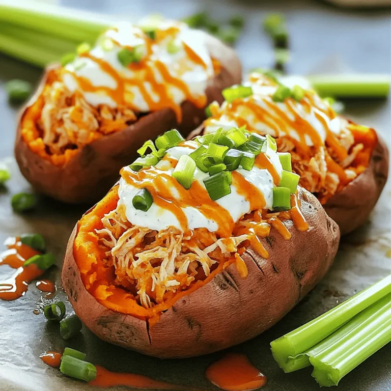 - 4 medium sweet potatoes - 2 cups cooked chicken, shredded - 1/2 cup buffalo sauce (adjust based on your heat preference) - 1/2 cup Greek yogurt or sour cream - 1 cup cheddar cheese, shredded - 1/4 cup green onions, sliced (plus extra for garnish) - Salt and pepper to taste - Olive oil - Optional: celery sticks for garnish - Optional: additional buffalo sauce for drizzling You can swap sweet potatoes for regular potatoes if you prefer. For a lower-fat option, use plain yogurt instead of Greek yogurt or sour cream. If you want a spicier kick, try using a hotter buffalo sauce. For a vegetarian version, replace chicken with chickpeas or roasted veggies. You can also use dairy-free cheese if you want to keep it vegan. Each serving of these stuffed potatoes is packed with flavor and nutrition. You get about 400 calories, 25 grams of protein, and 15 grams of fat. They also provide fiber from the sweet potatoes, making them a filling meal. Each serving gives you a good dose of vitamins A and C, thanks to the sweet potatoes and green onions. This meal is satisfying and balanced, great for any time of day. Start by washing the sweet potatoes well. Remove any dirt and pat them dry. Then, use a fork to poke several holes in each potato. This helps steam escape while baking. Lightly coat the potatoes with olive oil. Sprinkle a little salt on them for added flavor. While the sweet potatoes bake, grab a medium bowl. Combine 2 cups of shredded chicken with 1/2 cup of buffalo sauce. Mix it well so the chicken is coated. Taste it to see if you want more spice. You can always add more buffalo sauce for heat. In another bowl, mix 1/2 cup of Greek yogurt (or sour cream) with half of the shredded cheddar cheese. Add in some sliced green onions for extra flavor. Season this mixture with salt and pepper to taste. Once the sweet potatoes are soft, take them out of the oven. Let them cool for a few minutes. Carefully cut each potato lengthwise down the middle. Use a fork to fluff the insides gently. This creates space for your filling. Spoon the buffalo chicken mixture into each potato. Press it down lightly. Next, add the yogurt-cheese mixture on top. Finally, sprinkle the remaining cheddar cheese over each stuffed potato. Put the stuffed sweet potatoes back in the oven. Bake them for another 10-15 minutes. This melts the cheese and makes it bubbly and golden. When they’re done, take them out and garnish with extra sliced green onions. If you like, drizzle some more buffalo sauce on top. Serve with crunchy celery sticks for a great contrast. Enjoy your flavorful meal! For the complete recipe, check out the Full Recipe. To bake sweet potatoes just right, choose medium-sized ones. This size cooks evenly. Wash each potato well to remove dirt. Prick them with a fork to let steam escape. Coat them lightly with olive oil and sprinkle salt. Bake them at 400°F (200°C) for 45-60 minutes. Check if they are tender with a fork. The skin should look wrinkled and slightly dark. The buffalo sauce can be as spicy as you like. Start with a half cup for the chicken. Mix well and taste it. If you want more heat, add more sauce bit by bit. For a milder version, use less sauce or mix in yogurt. This balances the flavors and makes it creamy. These stuffed sweet potatoes shine on their own. Pair them with crisp celery sticks for crunch. You can also serve them with a side salad. A cool dressing, like ranch, complements the spicy filling. For extra flavor, add fresh herbs or extra green onions on top. This adds color and taste to your dish. If you want the full experience, check out the Full Recipe for more tips. {{image_4}} You can make a tasty vegetarian version by swapping chicken for roasted veggies. Use a mix of bell peppers, zucchini, and mushrooms for great flavor. Toss them in olive oil, salt, and pepper. Roast them in the oven until they are tender. This adds a colorful and healthy twist to the dish. You can also use spicy buffalo sauce to keep that classic flavor. If you want to try different proteins, ground turkey is a great choice. It cooks quickly and absorbs flavors well. Season it with garlic powder and onion powder for extra taste. For a plant-based option, use firm tofu. Press it to remove excess water, then crumble it. Sauté the tofu with buffalo sauce for a spicy kick. Both options work well in this stuffed potato recipe. Toppings can really elevate your dish. Consider adding extra shredded cheese on top before the final bake. You can also add diced avocado for creaminess or crumbled blue cheese for a sharp flavor. Fresh cilantro or parsley can add a nice touch. For crunch, serve with crispy celery sticks. They pair well and balance the rich flavors of the stuffed sweet potatoes. For the complete recipe, check the Full Recipe section. After you enjoy your buffalo chicken stuffed sweet potatoes, store leftovers in an airtight container. Place them in the fridge. They stay fresh for up to three days. Make sure they cool down first. This helps keep them safe to eat later. To reheat, you can use the oven or microwave. If you choose the oven, set it to 350°F (175°C). Place the stuffed sweet potatoes on a baking sheet. Cover them with foil to keep moisture in. Heat for about 15-20 minutes, or until warm. For the microwave, place a potato on a plate. Heat for 1-2 minutes. Check if it’s hot enough; add more time if needed. You can freeze these stuffed sweet potatoes for later. First, let them cool completely. Wrap each one tightly in plastic wrap, then in aluminum foil. This keeps them safe from freezer burn. Place them in a freezer-safe bag or container. They can last up to three months in the freezer. When you’re ready to eat, defrost in the fridge overnight. Then reheat using the oven or microwave. Enjoy this flavorful meal anytime! For more details on making this dish, check out the Full Recipe. Yes, you can make these ahead of time. Bake the sweet potatoes and prepare the chicken filling. Once cool, store them in the fridge. When ready to eat, stuff the potatoes and bake them. This saves time on busy days. You can serve these stuffed sweet potatoes with a fresh salad or crisp celery sticks. A creamy ranch or blue cheese dip pairs well too. For a fun twist, try serving them with tortilla chips. These sides balance the spicy flavors nicely. To check if the sweet potatoes are done, pierce them with a fork. If it goes in easily, they’re ready. The skin should look slightly wrinkled, and the flesh will feel soft. This ensures a perfect base for your buffalo chicken filling. Buffalo Chicken Stuffed Sweet Potatoes are tasty and easy to make. You learned key ingredients and substitutions, how to prep and bake them, and ways to store leftovers. I shared tips to perfect your dish and variations to suit different diets. As you try this recipe, remember to adjust the heat and enjoy with your favorite sides. A flavorful meal can be fun and healthy, so get baking!