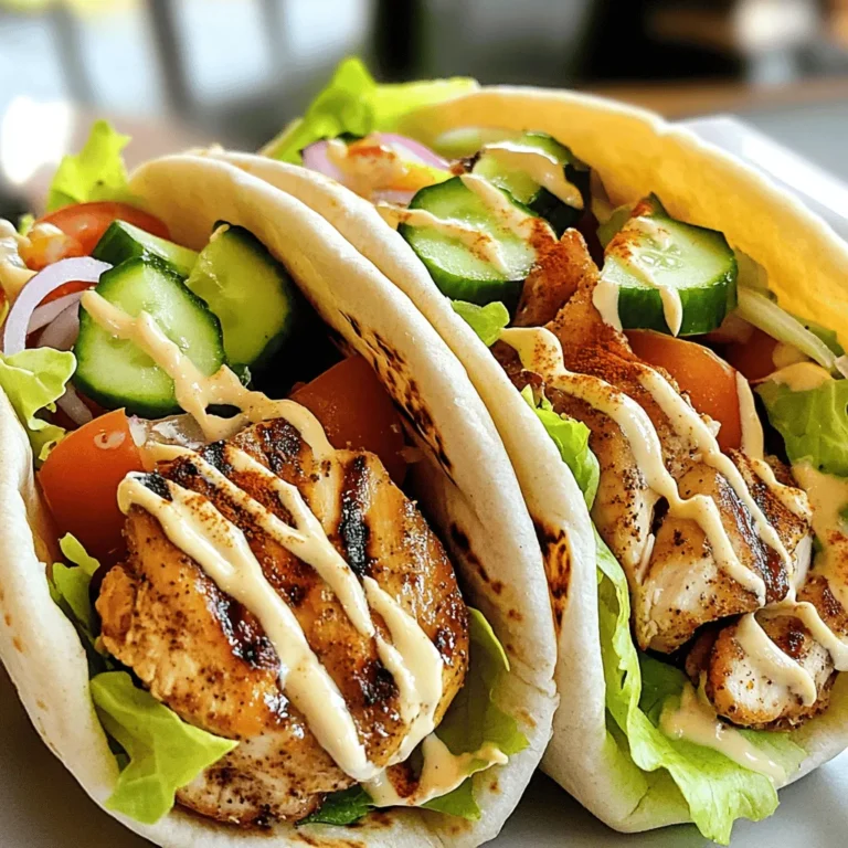To make tasty chicken shawarma wraps, gather these core ingredients: - 1.5 lbs boneless skinless chicken thighs - 3 tablespoons olive oil - 2 tablespoons plain yogurt - 4 cloves garlic, finely minced - 2 teaspoons ground cumin - 2 teaspoons sweet paprika - 1 teaspoon ground turmeric - 1 teaspoon ground coriander - 1 teaspoon ground cinnamon - 1 teaspoon cayenne pepper (adjust based on your spice preference) - Salt and freshly cracked black pepper to taste - 4 large pita bread or flatbreads The marinade is key for flavor. You need: - Olive oil for moisture - Yogurt for tanginess - Garlic for depth - Cumin and paprika for warmth - Turmeric for color - Coriander, cinnamon, and cayenne for spice - Salt and pepper to enhance all flavors Mix these well to create a smooth marinade. This will coat your chicken and bring it to life. Fresh toppings make your wraps pop. Use: - 1 cup romaine lettuce, shredded - 1 medium ripe tomato, diced - 1/2 cucumber, thinly sliced - 1/4 red onion, paper-thin sliced - 1/2 cup tahini sauce or garlic sauce for drizzling These add freshness and crunch. They also balance the rich chicken. Enjoy the colorful mix as you layer your wraps. For the full recipe, refer to the earlier section. Start by gathering your ingredients. In a bowl, mix together: - 3 tablespoons olive oil - 2 tablespoons plain yogurt - 4 cloves garlic, finely minced - 2 teaspoons ground cumin - 2 teaspoons sweet paprika - 1 teaspoon ground turmeric - 1 teaspoon ground coriander - 1 teaspoon ground cinnamon - 1 teaspoon cayenne pepper - Salt and freshly cracked black pepper to taste Whisk these items until you have a smooth mix. This marinade gives the chicken its bold flavor. Next, take 1.5 lbs of boneless skinless chicken thighs. Add them to the bowl with the marinade. Make sure every piece is well coated. Cover the bowl with plastic wrap. Refrigerate it for at least 1 hour. If you have time, letting it sit overnight will boost the flavor even more. When you're ready to cook, preheat your grill or grill pan over medium-high heat. Remove the chicken from the fridge. Discard any leftover marinade. Grill the chicken thighs for about 6-7 minutes on each side. They should look golden-brown and reach an internal temperature of 165°F (75°C). After grilling, let the chicken rest for about 5 minutes. This helps keep it juicy. Slice it thinly against the grain. Take 4 large pita bread or flatbreads. On each, place a good amount of the sliced chicken. Next, add your toppings: - 1 cup romaine lettuce, shredded - 1 medium ripe tomato, diced - 1/2 cucumber, thinly sliced - 1/4 red onion, paper-thin sliced Drizzle with 1/2 cup tahini sauce or garlic sauce for a tasty finish. If you want a crispy wrap, roll each pita tightly. Fold in the sides to secure the filling. Grill the wrapped shawarmas on medium heat for 1-2 minutes. Turn until they are golden brown. This step adds a nice crunch. To make the best chicken shawarma, focus on the marinade. A great marinade adds flavor and moisture. Combine olive oil, yogurt, and spices in a bowl. This mix should coat the chicken well. Let the chicken marinate for at least one hour. For more flavor, try marinating overnight. The longer you marinate, the better it tastes. Grilling gives the chicken a nice char and flavor. Preheat your grill or grill pan to medium-high heat. This step is key for cooking the chicken evenly. Grill each piece for about 6-7 minutes on both sides. Look for a golden-brown color. Use a meat thermometer to check if it’s done. It should reach 165°F (75°C). After grilling, let the chicken rest for about 5 minutes. This helps keep the juices inside. If you have extra chicken, store it in an airtight container. Keep it in the fridge for up to three days. To reheat, place it in a pan over low heat. This method keeps it tender. You can also warm it in the microwave. Just be careful not to overcook it. This can make the chicken dry. Enjoy your leftovers in wraps or salads! {{image_4}} You can make a delicious vegetarian shawarma using plant-based proteins. Try using marinated mushrooms or eggplant. Both absorb flavors well and grill nicely. You can also use chickpeas for a hearty option. Just toss them in the same marinade as the chicken. This creates a tasty and filling wrap. Sauces can change the whole wrap experience. Tahini sauce is a classic, but you might love garlic sauce. For a spicy kick, use harissa or sriracha. Don't forget to add toppings like pickles, olives, or feta cheese. These can add a burst of flavor to your wrap. While pita bread is great, you can experiment with other wraps. Try using lavash, tortillas, or even lettuce leaves for a low-carb option. Each type of bread adds a unique taste and texture to your shawarma. It’s fun to find your favorite combination. For the full recipe, check out the link provided. To keep your chicken fresh, store the marinade in a sealed container in the fridge. It lasts up to 3 days. For the chicken, after marinating, keep it in an airtight container. Use it within 2 days for the best flavor. If you plan to use the chicken later, prepare the marinade and chicken in advance. It makes meal prep easy and tasty. If you have leftover wraps, wrap them in foil or plastic. This method helps keep them fresh. Store the wraps in the fridge for up to 2 days. If the wrap feels soggy, you can reheat it in a skillet. This way, it gets crispy again. Be sure to separate the sauces if you want to keep the wrap crisp. You can freeze the marinated chicken before cooking. Place it in a freezer bag, squeeze out the air, and seal it tight. It stays good for up to 3 months. When ready to use, thaw it overnight in the fridge. Cook it as usual for a quick, tasty meal. You can also freeze cooked chicken. Slice it before freezing for easy use in wraps later. Just reheat it when you are ready to eat. Shawarma is a Middle Eastern dish. It features marinated meat cooked on a vertical rotisserie. The meat is thinly sliced and often served in a wrap or pita. Shawarma is known for its rich spices and flavors. You can find different types, like chicken, beef, and lamb. Each type has unique marinades and toppings. Yes, you can use chicken breasts. However, chicken thighs are juicier and more flavorful. If you choose breasts, be careful not to overcook them. They can dry out quickly. Marinade the breasts just like you would the thighs for better taste. To make a gluten-free version, use gluten-free wraps or lettuce instead of pita. Many brands offer gluten-free flatbreads. Always check labels to ensure they are gluten-free. You can also serve the chicken over rice or salad for a tasty option. You can serve Shawarma wraps with various sides. Here are some ideas: - Hummus - Tabbouleh - Grilled vegetables - Rice pilaf - Pickles These sides add color and flavor to your meal. You can store leftovers in the fridge for up to three days. Keep the chicken and wraps separate for best taste. Use airtight containers to maintain freshness. Reheat the chicken in a pan or microwave before serving. In this blog post, I covered all key parts of making Chicken Shawarma Wraps. We discussed the essential ingredients, from the marinade to tasty toppings. I shared step-by-step instructions to help you grill juicy chicken and assemble wraps. You also learned useful tips for perfecting your recipe and variations for different diets. Finally, remember, making shawarma at home can be fun and rewarding. Enjoy experimenting with flavors and ingredients. You can impress your family or friends with your skills!