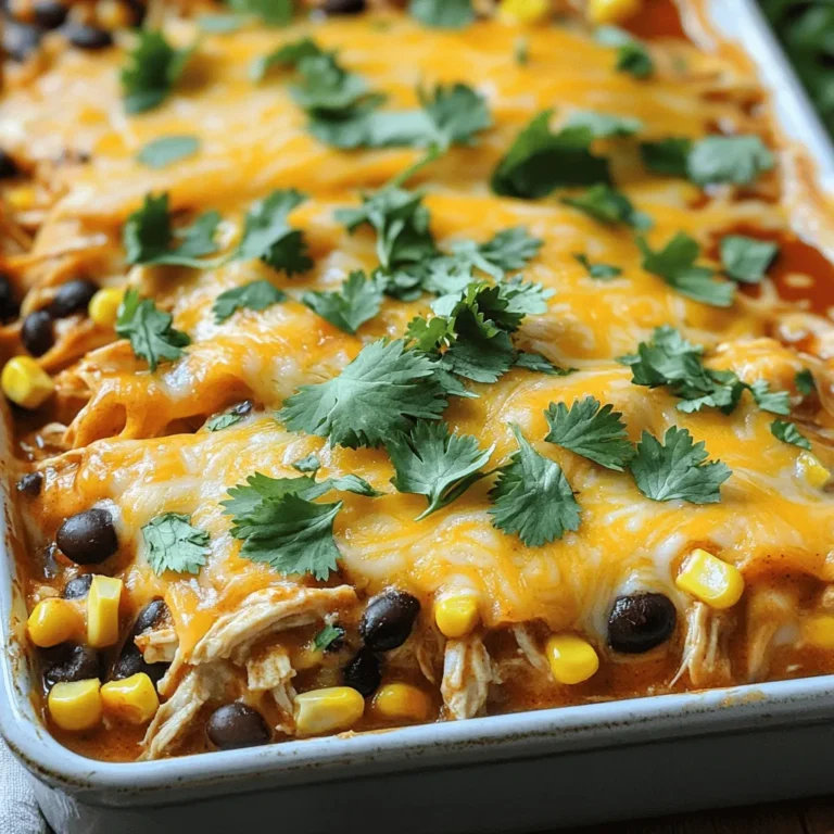 - 2 cups cooked chicken, shredded - 1 can (15 oz) black beans, drained and rinsed - 1 can (10 oz) red enchilada sauce - 1 cup corn kernels - 2 cups shredded cheddar cheese - 1 cup sour cream - 8 small flour tortillas - 1 teaspoon ground cumin - 1 teaspoon smoked paprika - 1/2 teaspoon garlic powder - Salt and pepper to taste - Fresh cilantro for garnish To make Easy Chicken Enchilada Casserole, you need simple ingredients. First, gather your cooked chicken. You can use rotisserie chicken for speed. Next, grab black beans, red enchilada sauce, and corn. These three add great flavor and texture. Cheddar cheese is key. It melts beautifully and gives that cheesy goodness we all love. Sour cream adds creaminess. The tortillas hold everything together and soak up the flavors. For spices, cumin and smoked paprika are must-haves. They add warmth and depth to the dish. Garlic powder gives a nice kick. Don't forget to season with salt and pepper to enhance all these flavors. For a fresh touch, cilantro makes a great optional garnish. You can add it when serving to brighten the dish. This recipe is easy and fun. You can find the full recipe under the section titled Full Recipe. Enjoy creating this tasty meal! - Preheat your oven to 350°F (175°C). - In a large bowl, mix shredded chicken, black beans, corn, and 1/2 cup of enchilada sauce. This mix is full of flavor and easy to make. - Spread a thin layer of enchilada sauce on the bottom of a baking dish. This keeps everything moist. - Cut each flour tortilla in half and arrange them in a single layer on top of the sauce. - Add half of the chicken mixture on top of the tortillas. - Spread half of the sour cream over the chicken mixture. - Sprinkle 1 cup of shredded cheddar cheese over the sour cream. - Repeat the layering with the remaining tortilla halves, chicken mixture, sour cream, and cheese. - Drizzle the leftover enchilada sauce over the top of the casserole. - Cover the dish with foil and bake for 25 minutes. - After 25 minutes, remove the foil and bake for another 10 minutes. The cheese should be bubbly and golden brown. - Let the casserole cool for 5-10 minutes before slicing into squares. Enjoy this delicious dish! - Ensure chicken is shredded evenly for consistent flavor distribution. - Covering with foil during the first bake traps moisture. When your chicken is evenly shredded, every bite tastes great. If you mix in big chunks, some bites might lack flavor. Covering the dish keeps it juicy. After the first bake, remove the foil to crisp the top. - Serve warm, garnished with cilantro and a dollop of sour cream for added appeal. A warm dish looks inviting. Fresh cilantro adds color. A dollop of sour cream gives a creamy texture. This makes your casserole pop on the table. - Experiment with different types of cheese or add green chilies for extra heat. Switching up the cheese can change the flavor. Try Monterey Jack or pepper jack for a twist. Adding green chilies can give your dish a spicy kick. This keeps your casserole exciting every time you make it. {{image_4}} You can make this dish meat-free. Just substitute the chicken with cooked lentils or more beans. Lentils add protein and fiber. They also soak up the tasty flavors. You can use black beans, pinto beans, or kidney beans. This makes the casserole just as hearty and delicious. If you need a gluten-free dish, you have options. Use corn tortillas instead of flour. You can also find gluten-free tortilla alternatives in stores. Be sure to check the labels to avoid any gluten. This way, everyone at the table can enjoy the meal without worry. Feel free to mix things up! Adding diced bell peppers can give a nice crunch. They add color and flavor, too. Olives are another great choice. They bring a salty kick that complements the other ingredients. You can even add corn for extra sweetness. Get creative and make it your own! For the full recipe, check out the details above. Store leftovers in an airtight container in the refrigerator for up to 3-4 days. This keeps the dish fresh and ready for your next meal. I love to have a tasty lunch option waiting in the fridge. Freeze individual portions for up to 2 months. This is great for busy days. Just thaw the portions overnight in the fridge before reheating. You will enjoy the same great taste when you’re ready to eat. Reheat in the oven to maintain crispiness. Set it to 350°F (175°C) and cover with foil for best results. If you’re in a hurry, the microwave is a quick alternative. Just remember, it might not be as crispy! Yes, you can assemble the casserole and refrigerate it overnight before baking. This saves time on busy days and helps flavors blend better. Just take it out of the fridge and bake as usual. Pair with a side salad, guacamole, or tortilla chips. A fresh salad adds crunch and brightness. Guacamole gives a creamy touch, and chips offer a fun crunch. You can also add sour cream for extra richness. Look for bubbly cheese and a golden brown top; a toothpick should come out clean if inserted. When it looks nice and brown, it's ready to eat. Let it cool for a few minutes before serving for the best taste. This post covers the Easy Chicken Enchilada Casserole from ingredients to storage tips. You've learned what you need and how to bake it perfectly. Remember to customize it to suit your tastes, whether it’s an added spice or a vegetarian swap. Enjoy this dish warm, garnished with cilantro for extra flavor. With these steps, your casserole will be a hit. Try it soon and satisfy your cravings!