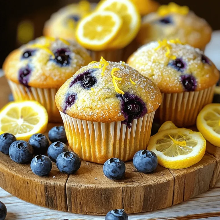 To make delicious lemon blueberry muffins, you need the right ingredients. Here is what you will need: - 1 ½ cups all-purpose flour - 1 cup fresh blueberries (or frozen, carefully thawed) - ½ cup granulated sugar - 2 teaspoons baking powder - ½ teaspoon baking soda - ½ teaspoon salt - Zest of 1 lemon - ½ cup plain yogurt - 1/3 cup vegetable oil - 2 large eggs - 2 tablespoons freshly squeezed lemon juice - 1 teaspoon vanilla extract - Optional topping: Turbinado sugar Each ingredient plays a vital role. The flour gives the muffins structure. Blueberries add sweetness and texture. Sugar balances the tartness of the lemon. Baking powder and baking soda help the muffins rise. Salt enhances all the flavors. The lemon zest brings a bright aroma. Yogurt keeps the muffins moist. Vegetable oil adds richness. Eggs bind everything together. Lemon juice adds a fresh, tangy kick. Vanilla extract rounds out the flavors. For a crunchy topping, sprinkle turbinado sugar on top before baking. This adds a lovely texture and sweetness to your muffins. You can find the full recipe in the section above. Enjoy baking these easy delights! - Preheat the oven to 375°F (190°C). - Prepare a muffin tin with liners or grease each cup. - In a bowl, combine 1 ½ cups all-purpose flour, 2 teaspoons baking powder, ½ teaspoon baking soda, ½ teaspoon salt, and the zest of 1 lemon. - Whisk these together and set aside for later. - In a large bowl, whisk ½ cup granulated sugar with 2 large eggs until smooth. - Add ½ cup plain yogurt, 1/3 cup vegetable oil, 2 tablespoons lemon juice, and 1 teaspoon vanilla extract. - Mix until everything is well combined and smooth. - Gradually add the dry mix into the wet mix. - Stir gently with a spatula or spoon. Remember, a few lumps are okay! - Carefully fold in 1 cup of blueberries. - Be gentle so you don’t crush the berries. - Fill each muffin cup about two-thirds full with the batter. - If you like, sprinkle some turbinado sugar on top for a crunchy finish. - Bake in the preheated oven for 18-20 minutes. - Check doneness with a toothpick. It should come out clean or with a few crumbs. This is just a taste of the full recipe for these Lemon Blueberry Muffins. Enjoy baking! To ensure your lemon blueberry muffins turn out perfectly, test for doneness with a toothpick. Insert it in the center of a muffin. If it comes out clean or with a few moist crumbs, your muffins are ready. If you are making mini muffins, adjust the baking time. They usually need about 12 to 15 minutes. Keep a close eye on them to avoid overbaking. Want to amp up the flavor? Consider adding chopped nuts like walnuts or pecans for a nice crunch. You can also try a splash of lemon extract. This extra zest adds a bright note that complements the blueberries. It’s a simple way to take your muffins to the next level. Presentation matters! Serve your muffins warm or at room temperature. Dust them lightly with powdered sugar for a sweet touch. Arrange the muffins on a beautiful serving platter. Add fresh blueberries and lemon slices to enhance their look. This simple detail makes them look as good as they taste! Enjoy making lemon blueberry muffins with these tips in mind, and check out the Full Recipe for more details. {{image_4}} If you need a gluten-free option, you can swap regular flour for gluten-free all-purpose flour. Many brands offer blends that work well in baking. Make sure to check that the blend contains xanthan gum, which helps mimic the texture of wheat flour. This change keeps your muffins light and fluffy. For a vegan version, you can replace the eggs and yogurt. Use 1/4 cup of unsweetened applesauce for each egg. For yogurt, try plant-based yogurt made from almond or coconut. This keeps your muffins moist and delicious without dairy or eggs. You can play with flavors to make your muffins even more exciting. For a lemon poppy seed muffin, add two tablespoons of poppy seeds to the batter. The seeds add a lovely crunch and a nutty flavor. You might also try mixing in different berries. Raspberries or blackberries can add a tangy twist. They blend well with the lemon and will make your muffins more colorful and fun. If you're curious, check the Full Recipe for details on how to make these delicious variations! Store your lemon blueberry muffins in an airtight container. They stay fresh at room temperature for up to 3 days. This way, you keep their fluffy texture and bright flavor. For longer storage, freeze the muffins. Place them in a sealed container. They will stay good for up to 3 months. This method locks in their taste and texture. When you crave a muffin, just take one out and let it thaw. To enjoy warm muffins again, reheat them in the oven. Preheat your oven to 350°F (175°C). Place the muffins on a baking sheet. Heat them for 5 to 10 minutes. This warms them through and restores their soft texture. You can also use a microwave, but keep it to about 15-20 seconds. This keeps them soft without drying them out. To stop blueberries from sinking in your muffins, coat them in flour first. Just toss them in a bit of flour before adding them to the batter. This helps them stay suspended while baking. It’s a quick and easy trick that works every time! Yes, you can use frozen blueberries! Just remember to thaw them first. Run them under cold water for a few minutes, then drain well. This way, they won’t release too much juice into the batter. Frozen blueberries are great for muffins and add a nice chill! If you don’t have yogurt, don’t worry! You can use sour cream as a substitute. It gives a similar texture and tang. Applesauce is another good choice. It adds moisture and a hint of sweetness. Both options work well and keep your muffins tasty! Absolutely! You can double the recipe easily. Just make sure to double all the ingredients. You may need to bake the muffins a bit longer. Check them after the usual baking time, then add more time if they need it. This way, you can share with friends and family! To check if your muffins are done, use a toothpick. Insert it into the center of a muffin. If it comes out clean or with a few moist crumbs, they are ready! The tops should be golden brown, and they will spring back when touched. Perfect muffins every time! These blueberry muffins are simple and delicious. We covered the key ingredients, easy steps to prepare, and some helpful tips. You now know how to adjust for gluten-free or vegan options. Don’t forget to try different flavors or toppings for a fun twist! Store your muffins properly to keep them fresh. Enjoy baking these tasty treats and share them with others. You’ll impress everyone with your new baking skills!