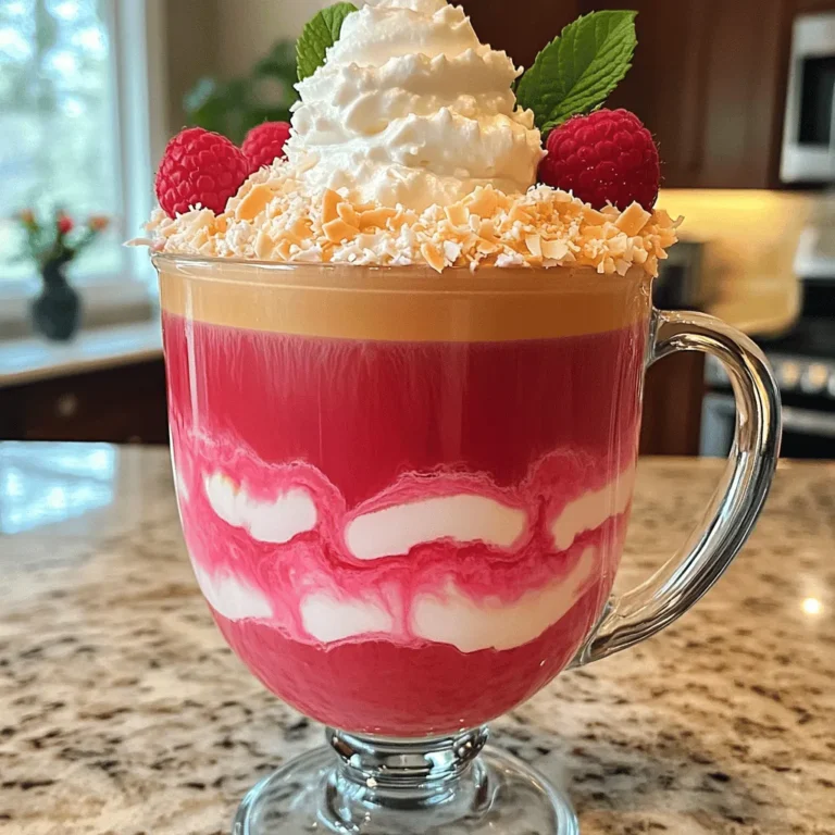 - Freshly brewed espresso or strong coffee - Creamy coconut milk - Fresh raspberries - Raspberry syrup or homemade raspberry puree - Sweetened coconut flakes - Pure vanilla extract - Whipped cream (optional) - Fresh mint leaves for garnish (optional) The key to a great Raspberry Coconut Latte lies in the ingredients. You need freshly brewed espresso or strong coffee. This gives your drink a rich base. Next, creamy coconut milk adds that lovely texture. Fresh raspberries bring a fruity burst that pairs well with the coffee. You can use raspberry syrup or homemade raspberry puree for sweetness. Sweetened coconut flakes add a nice crunch. Pure vanilla extract enhances the drink's overall taste. If you like, add whipped cream on top for extra creaminess. Fresh mint leaves can be a fun garnish that adds flair. For the full recipe, follow the steps I shared earlier. Enjoy your flavorful delight! To start, take a small saucepan. Combine the fresh raspberries, raspberry syrup (or homemade puree), and creamy coconut milk. Heat the mixture over medium-low heat. Stir occasionally to help the raspberries break down. Keep heating until the mixture steams, which takes about 5-7 minutes. If you want a smooth texture, remove it from heat and strain through a fine mesh sieve. Discard the seeds, and you’ll have a lovely raspberry coconut blend. While the raspberry coconut mixture heats, brew your espresso or strong coffee. Follow your favorite method to ensure it turns out hot and strong. This step adds the rich coffee flavor that balances sweet raspberry and creamy coconut. In a large mug, pour the freshly brewed coffee. Stir in the pure vanilla extract to enhance the coffee's flavor. Next, slowly pour the warm raspberry coconut mixture into the coffee. Use a spoon to gently stir as you combine them. This creates a beautiful layering effect. For a special touch, top your latte with whipped cream. Sprinkle sweetened coconut flakes over the cream. Add whole raspberries and fresh mint leaves for garnish. Serve your Raspberry Coconut Latte right away. Enjoy the sweet and creamy delight of this drink! To make your Raspberry Coconut Latte just right, you can adjust the sweetness. If it’s too sweet, use less raspberry syrup or puree. If you want it sweeter, add more. You can also try different types of coffee. A dark roast adds depth, while a light roast brings out fruity notes. For a truly rich texture, use full-fat coconut milk. It makes the latte feel smooth and creamy. If you want an even silkier drink, blend the raspberry mixture before adding it to the coffee. This step helps break down any chunks and gives you a beautiful drink. First, garnish your latte with whole raspberries and fresh mint leaves. This not only adds flavor but also makes it look stunning. Use a clear glass to serve. This way, you can show off the lovely layers of pink and white. It makes your Raspberry Coconut Latte even more inviting. {{image_4}} You can easily make your Raspberry Coconut Latte dairy-free. Simply swap the coconut milk for almond or oat milk. Both options bring a creamy texture without dairy. Almond milk adds a nutty taste, while oat milk offers a smooth finish. Experiment with both to see which you like best. To enjoy a cool version, turn your latte into an iced drink. Brew your coffee as usual and let it cool. Fill a glass with ice, then pour in the cooled coffee. Top it with your warm raspberry coconut mixture. This contrast of hot and cold is delightful. You can also blend everything for a refreshing smoothie-like drink. Get creative by adding other flavors to your latte. A splash of chocolate syrup can turn it into a mocha raspberry treat. If you enjoy spices, try adding a dash of cinnamon or nutmeg. These flavors mix well with the sweetness of the raspberries and coconut. Use these combinations to find your perfect blend. To keep your raspberry coconut latte fresh, store the raspberry coconut mixture and coffee separately. Pour any leftover raspberry coconut mixture into an airtight container. Seal it well and place it in the fridge. For the coffee, let it cool first. Once cool, transfer it to a different container. This way, both parts stay fresh and tasty for later use. When it’s time to enjoy your latte again, gently reheat the raspberry coconut mixture. You can do this on the stove over low heat. Stir it often to avoid burning. For the coffee, warm it in the microwave. Heat it in short bursts of about 30 seconds. Always check the temperature before serving. You want it hot, but not boiling. The raspberry coconut mixture stays fresh for about three days in the fridge. The brewed coffee is best used within two days for the best taste. If you notice any changes in smell or color, it’s best to toss it out. Enjoy the flavors of this drink while they are at their best! A Raspberry Coconut Latte has a rich and smooth taste. You will enjoy the bold flavor of coffee blended with creamy coconut milk. The raspberries add a sweet and slightly tart kick. The vanilla extract gives a warm note that rounds out the drink. Together, these flavors create a delightful experience in every sip. Each layer of taste enhances the other, making it both refreshing and satisfying. Yes, you can use frozen raspberries for this recipe. They work well in the raspberry coconut mixture. Just remember to thaw them a bit before cooking. This helps them break down easily. Frozen raspberries are often just as tasty as fresh ones. They can save you time and add convenience to your cooking. You can find ready-made Raspberry Coconut Lattes at many popular cafes. Chains like Starbucks and Peet's Coffee often have seasonal versions. Local coffee shops may also offer this drink, especially in the summer. Check grocery stores too, as some brands sell pre-made versions in the cold drink section. Enjoying this latte out can be a fun treat! A Raspberry Coconut Latte has about 300 calories per serving. This can vary based on the ingredients you use. If you add whipped cream or more syrup, the calorie count goes up. Using light coconut milk or skipping the cream can lower the calories. Always check your ingredients to get a better idea of the final count. You can enjoy this drink while keeping an eye on your diet! This blog post outlined how to make a Raspberry Coconut Latte from scratch. We explored the ingredients needed, like fresh espresso and creamy coconut milk. You learned how to prepare the raspberry mixture, brew coffee, and assemble the drink. We also discussed flavor tips, variations, and how to store leftovers. Try making this fun drink at home. You can adjust flavors to your liking. Sharing it with friends or enjoying it alone can make your day special. Enjoy experimenting and let your taste buds guide you!