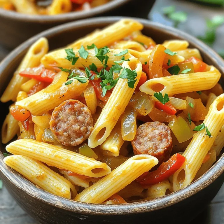- 12 oz (340g) penne pasta - 1 lb (450g) smoked sausage, sliced into rounds - 1 bell pepper, diced (choose your favorite color) - 1 medium onion, finely chopped - 3 cloves garlic, minced - 1 tablespoon Cajun seasoning - 1 teaspoon smoked paprika - 1/2 teaspoon cayenne pepper (adjust to your spice preference) - 2 cups low-sodium chicken broth - 1 cup heavy cream - Fresh parsley, chopped (for garnish) - Salt and freshly ground black pepper to taste When I make One Pot Cajun Sausage Pasta, I love how simple the ingredients are. You start with penne pasta, which cooks beautifully in the same pot. The smoked sausage gives it a rich flavor. Fresh veggies like bell pepper, onion, and garlic add color and crunch. For spices, Cajun seasoning gives that classic kick. A little smoked paprika adds depth, and cayenne pepper lets you control the heat. You can adjust it based on your taste. The chicken broth is key; it helps cook the pasta and keeps everything moist. When you add heavy cream, it makes the dish creamy and rich. Don’t forget the fresh parsley for a pop of color. A sprinkle of salt and pepper enhances all the flavors. You can find the full recipe with exact measurements and cooking steps. Enjoy making this easy and flavorful dish! 1. Heating the oil: Start by pouring two tablespoons of olive oil into a large pot. Heat it over medium heat until it shimmers. This takes about a minute. 2. Sautéing the sausage: Next, add one pound of sliced smoked sausage to the pot. Cook the sausage for about 4-5 minutes. Stir it until it turns brown and crispy. This adds great flavor. Then, remove the sausage from the pot and set it aside for later. 1. Cooking the bell pepper and onion: In the same pot, toss in one diced bell pepper and one finely chopped medium onion. Sauté these for about 3-4 minutes. You want them to soften and turn slightly translucent. 2. Adding garlic and spices: Now, add three minced garlic cloves. Cook for one more minute until it smells amazing. Then, stir in one tablespoon of Cajun seasoning, one teaspoon of smoked paprika, and half a teaspoon of cayenne pepper. Cook for another minute. This step brings out the flavors of the spices. 1. Combining ingredients in the pot: Carefully pour in two cups of low-sodium chicken broth. Use a wooden spoon to scrape any brown bits from the pot. Next, add 12 ounces of penne pasta and one can of undrained diced tomatoes. Mix everything well. 2. Simmering the mixture: Bring the mixture to a boil, then reduce the heat to low. Cover the pot and let it simmer for 12-15 minutes. Stir occasionally to keep the pasta from sticking. Cook until the pasta is tender and the liquid thickens. Now you can check the [Full Recipe] for additional details. To make sure your pasta does not stick, keep a close eye on the pot. Stir the pasta every few minutes while it cooks. This simple step prevents clumping and ensures even cooking. If you find your dish too thick, add a splash of chicken broth or water to loosen it up. For creaminess, adjust the amount of heavy cream to fit your taste. Start with one cup, then add more if you like it richer. Customizing the spice levels in your Cajun sausage pasta is easy. If you want more heat, add an extra pinch of cayenne pepper. You can also mix in some crushed red pepper flakes for a different kick. To add freshness, try throwing in herbs like thyme or oregano. These herbs bring depth to your dish and balance the spices well. Choosing the right pot is important for this dish. A large, deep pot works best since it holds all the ingredients and allows for easy stirring. I recommend using a heavy-bottomed pot to prevent burning. When sautéing, heat the oil until it shimmers, then add your sausage. This ensures a nice brown color and flavor. Always scrape the bottom of the pot to release any fond, which adds great taste to your sauce. {{image_4}} You can swap smoked sausage for different meats. Chicken or turkey sausage works well. They add less fat but keep great flavor. This dish still shines with these changes. For those with gluten issues, use gluten-free pasta. Options like brown rice pasta or chickpea pasta fit nicely. They change the texture but keep the taste. Want to change the spice? You can add more or less Cajun seasoning. If you like it mild, skip the cayenne pepper. For more heat, add a bit more. You can also add different vegetables. Spinach, zucchini, or mushrooms all mix well. They add color and nutrition, making the dish more exciting. Pair your pasta with sides for a well-rounded meal. A fresh salad adds crunch. Garlic bread brings warmth and comfort. For plating, serve in deep bowls. Garnish with fresh parsley for a pop of color. You can even sprinkle extra Cajun seasoning on top. This will enhance the flavors and make it look fancy. For the full recipe, check out One Pot Cajun Sausage Pasta. After you enjoy your One Pot Cajun Sausage Pasta, you may have leftovers. To store them, let the dish cool down first. Then, place it in an airtight container. This helps keep it fresh. You can keep it in the fridge for about 3 to 4 days. When you're ready to eat again, you can easily reheat it. Just place it in a pot over low heat, stirring often. You can also use the microwave. Heat it in short bursts, stirring in between, until it's warm. If you want to save the dish for longer, you can freeze it. First, let the pasta cool completely. Then, transfer it to a freezer-safe container. Make sure to leave some space at the top, as it may expand when frozen. You can freeze it for up to 3 months. To reheat from frozen, move it to the fridge overnight to thaw. Next, warm it in a pot or microwave until hot. You may need to add a splash of chicken broth or cream to keep it creamy. One Pot Cajun Sausage Pasta can last in the fridge for about 3 to 4 days. If you freeze it, aim to use it within 3 months for the best taste. Always check for signs of spoilage before eating. If you see any mold or if it smells off, it's best to throw it away. Remember, food safety is important for a delicious experience every time! Cajun seasoning is a blend of spices that gives dishes a bold flavor. It often includes paprika, garlic powder, onion powder, black pepper, cayenne pepper, and oregano. You can easily make it at home by mixing the following: - 1 tablespoon paprika - 1 teaspoon garlic powder - 1 teaspoon onion powder - 1 teaspoon black pepper - 1 teaspoon cayenne pepper - 1 teaspoon dried oregano - 1 teaspoon thyme Combine these in a bowl, and you have your own Cajun seasoning! This mix adds warmth and depth to your One Pot Cajun Sausage Pasta. Yes, you can easily make this dish vegetarian. Instead of sausage, you can use these options: - Plant-based sausage - Grilled mushrooms - Chopped tempeh These substitutes give a hearty texture. For protein, consider adding: - Chickpeas - Lentils - Tofu These choices keep the dish filling and nutritious while focusing on flavors. To amp up the heat in your pasta, you can adjust the spice levels. Here’s how: - Increase the cayenne pepper in the recipe. - Add crushed red pepper flakes while cooking. For more heat during cooking, try adding fresh chopped jalapeños or hot sauce. Just remember, start with a little and taste as you go! You want to enjoy the flavors without overwhelming your palate. This recipe is simple and delicious. We covered the best ingredients needed, such as penne pasta, smoked sausage, and fresh veggies. I shared tips for perfecting texture and flavor, plus ways to change things up. You can store leftovers easily and even freeze the dish for later. With this guide, cooking is quick and fun. So grab your ingredients and start creating a tasty meal today. Enjoy the process and make it your own!