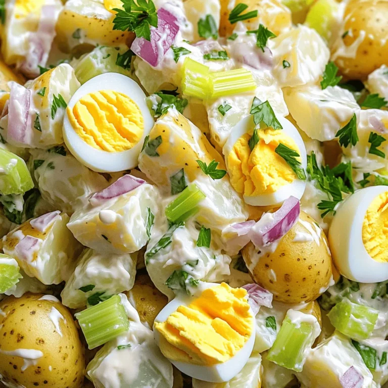 To make a great potato salad, you need a few key items: - 2 pounds baby potatoes, halved - 1 cup creamy mayonnaise - 2 tablespoons Dijon mustard for a tangy kick - 1 tablespoon apple cider vinegar for brightness Baby potatoes are best since they stay firm and add a lovely texture. The creamy mayonnaise makes it rich, while the Dijon mustard adds a nice zing. Apple cider vinegar brightens up the flavors. Next, we add some crunch and flavor with: - 1 small red onion, finely chopped - 3 stalks celery, diced for crunch - 4 hard-boiled eggs, chopped - 1 teaspoon garlic powder for depth of flavor - Salt and pepper to taste The red onion and celery give a nice bite. Hard-boiled eggs add creaminess, while garlic powder enhances the taste. Don’t forget to season with salt and pepper! For a splash of color and freshness, consider: - Fresh parsley, finely chopped, for garnish - Paprika for color Chopped parsley brightens the dish, while paprika adds a pop of color. These garnishes make your potato salad look as good as it tastes. For the full recipe, check out the detailed instructions on how to prepare this creamy classic potato salad! To start, take 2 pounds of halved baby potatoes and put them in a large pot. Fill the pot with cold water until the potatoes are just covered. Add a pinch of salt to the water. Then, heat it on medium-high until it boils. Once boiling, lower the heat to medium-low. Let the potatoes simmer for 10 to 15 minutes. Check if they are fork-tender but still firm. After cooking, drain the potatoes and let them cool completely. This step is key to keeping the salad fresh and tasty. Next, grab a mixing bowl. In it, combine 1 cup of creamy mayonnaise, 2 tablespoons of Dijon mustard, and 1 tablespoon of apple cider vinegar. This mix gives the salad a bright flavor. Add 1 teaspoon of garlic powder and a sprinkle of salt and pepper. Whisk or stir until it’s smooth and well blended. This dressing ties all the flavors together. Now, it’s time to mix everything. Once the potatoes have cooled, add them to the bowl with the dressing. Also, include 1 small finely chopped red onion, 3 diced celery stalks, and 4 chopped hard-boiled eggs. Gently fold the mixture until all pieces are covered in the creamy dressing. Be careful not to mash the potatoes. Taste the salad and adjust the seasoning with more salt and pepper if needed. Cover the bowl and chill it for at least 1 hour. This helps the flavors blend well. When serving, give the salad a gentle stir and garnish with fresh parsley. Enjoy your creamy, classic potato salad! For a detailed guide, check out the Full Recipe. To make creamy potato salad, chilling is key. I chill the salad for at least one hour. This helps the flavors blend. It also cools the salad to the right serving temperature. For mayonnaise, choose a high-quality brand. A richer mayo makes a big difference. Look for one with a smooth texture and good taste. Cooking time is very important. Boil the potatoes for 10-15 minutes. Test them with a fork; they should be tender but firm. If you overcook them, they will turn mushy. For the best texture, use baby potatoes. They hold their shape well and taste great. To boost flavor, season wisely. I suggest adding garlic powder, salt, and pepper. You can also mix in some fresh herbs like dill or chives. For extra depth, consider adding diced pickles or relish. These add a nice crunch and tang. If you want a twist, try adding crispy bacon bits. This gives a delightful umami flavor. {{image_4}} You can mix things up with your potato salad. One fun twist is adding bacon. The crispy bacon gives a nice umami flavor. Just cook it until crispy, then crumble it into your salad. This adds a savory bite that everyone loves. Another modern change is using Greek yogurt instead of mayonnaise. Greek yogurt makes the salad lighter and adds a nice tang. It also packs in extra protein. You can use half yogurt and half mayonnaise for the best of both worlds. If you're looking for vegan options, try using plant-based mayo. Many brands now make tasty mayo without eggs. This keeps your salad creamy while meeting vegan needs. You can enjoy all the flavor without animal products. For gluten-free diets, classic potato salad is often safe. Just make sure all your ingredients are gluten-free. Most potatoes, mayo, and veggies are naturally gluten-free. Always check labels to be sure. Potato salad pairs well with many dishes. It goes great with grilled meats like burgers or chicken. It also works as a side for barbecues and picnics. You can serve it in a large bowl or individual cups for fun. For gatherings, get creative! Use lettuce leaves as cups for serving. You can also top your salad with fresh herbs like dill or chives. This adds color and flavor, making it even more appealing. For the full recipe, check out the Creamy Classic Potato Salad. Potato salad stays fresh in the fridge for about three to five days. Store it in an airtight container. This keeps it cold and prevents it from absorbing other odors in your fridge. If you want to freeze potato salad, it's best not to. The texture can change when thawed, making it less tasty. You should not reheat potato salad. It is best served cold or at room temperature. If you have leftovers, stir the salad gently before serving. This helps mix the flavors again and makes it look nice. To tell if potato salad has gone bad, check for off smells or a change in color. If it smells sour or looks slimy, it’s time to toss it. Always use safe food handling practices. Wash your hands before touching the salad and keep it covered in the fridge. For more on making this dish, you can check the Full Recipe. Yes, you can make Classic Potato Salad in advance. I recommend making it up to two days before serving. This allows the flavors to mix well. Just keep it in the fridge until you are ready to serve. For potato salad, I prefer waxy potatoes like baby potatoes or red potatoes. They hold their shape well and stay firm. Starchy potatoes, like Russets, can break down and become mushy. Waxy potatoes give a nice texture to the salad. To stop potatoes from turning brown, soak them in cold water. You can also add a bit of lemon juice or vinegar to the water. This helps keep their bright color and freshness. Make sure to drain and dry them before mixing them into the salad. If your potato salad seems too dry, you can add more dressing. Mix in extra mayonnaise or a splash of apple cider vinegar. You can also add a little bit of yogurt for creaminess. Start with a small amount and mix well until it reaches your desired creaminess. For the full recipe, check out the Creamy Classic Potato Salad section. In summary, this guide covers all you need to make tasty potato salad. We discussed main ingredients like baby potatoes and mayonnaise, plus crunchy add-ins. You learned how to prepare, dress, and combine everything for a creamy dish. I shared tips for preventing mushiness and suggested fun variations to try. Storing and reheating your salad is also key for freshness. Don’t forget, knowing when it’s gone bad keeps you safe. With these tips, you can create potato salad that everyone loves. Enjoy your cooking adventure!