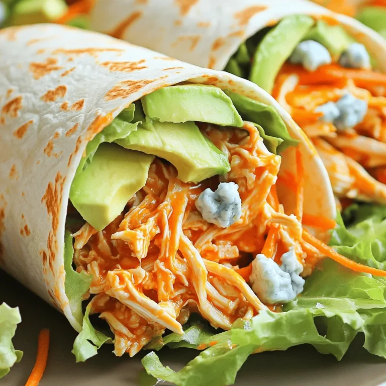 - 2 cups cooked chicken, shredded (rotisserie chicken works well for convenience) - ½ cup buffalo sauce (adjustable based on your preferred spice level) - 1 cup lettuce, finely shredded - ½ cup ripe avocado, sliced into thin pieces - ½ cup shredded carrots for added crunch - ½ cup blue cheese crumbles (optional, for a rich flavor) - 4 large flour tortillas (burrito-sized for better filling) - 2 tablespoons ranch dressing (or any dressing of your choice for a creamy touch) - 1 tablespoon olive oil (for sautéing) - Salt and pepper to enhance flavors to taste - Fresh cilantro or parsley for garnish (optional for added freshness) Each serving of Spicy Buffalo Chicken Wraps has about 450 calories. This includes protein from the chicken and healthy fats from avocado. You get around 25 grams of protein, 18 grams of fat, and 45 grams of carbs. If you use blue cheese, it adds more flavor but also more calories. Allergen information includes dairy from the blue cheese and ranch dressing. Always check labels if you have allergies. Adjusting sauces or toppings can help make these wraps safe for everyone. For the full recipe, visit the recipe section. To start, gather your ingredients. I often use rotisserie chicken for ease. In a bowl, mix 2 cups of shredded chicken with ½ cup of buffalo sauce. Stir it well. Make sure every piece of chicken gets coated in that spicy goodness. Next, heat 1 tablespoon of olive oil in a skillet over medium heat. Once hot, add your buffalo chicken mixture. Sauté for about 5 minutes. This step warms the chicken and blends the flavors. You want it to be just heated through. Now, let’s assemble the wraps! Lay out 4 large flour tortillas on a clean surface. For a creamy base, spread 1 tablespoon of ranch dressing in the center of each tortilla. Next, evenly place the sautéed buffalo chicken mixture on top of the ranch. Then, it’s time for the fun part! Add 1 cup of finely shredded lettuce, several slices of avocado, and ½ cup of shredded carrots for that crunch. If you like blue cheese, sprinkle ½ cup on top. To wrap, fold in the sides of the tortilla first. Then, roll it up tightly from the bottom. This keeps all the tasty filling inside. Finally, use a sharp knife to slice each wrap in half diagonally. If you want, add a touch of fresh cilantro or parsley for garnish. Enjoy your spicy buffalo chicken wraps! To make your wraps just right, adjusting spice levels is key. If you prefer milder flavors, use less buffalo sauce. A touch of honey can also balance the heat. For a spicier kick, add more buffalo sauce or some hot sauce. It's all about what you enjoy! Preventing soggy wraps is simple. Always dry your lettuce and veggies before adding them. Use a paper towel to absorb excess moisture. If you worry about sogginess, try adding a layer of ranch dressing on the tortilla first. This barrier helps keep the filling fresh and crispy. For this recipe, the right kitchen tools make a big difference. You will need: - A sharp knife for cutting wraps. - A mixing bowl for combining ingredients. - A skillet for sautéing the chicken. To cook and serve efficiently, consider using a non-stick skillet. This type of pan helps prevent sticking and makes cleanup easy. A large platter will also help when serving. Arrange the wraps nicely for an appealing look, and enjoy! {{image_4}} You can switch up the protein in your wraps for variety. Here are some tasty options: - Turkey: This lean meat gives a milder flavor. - Tofu: A great choice for a plant-based meal. Use extra-firm tofu and marinate it in buffalo sauce. You can also try different sauces to change the flavor: - BBQ Sauce: This adds a sweet and smoky taste. - Teriyaki Sauce: This sauce brings a sweet and savory twist. These swaps keep your wraps exciting and can fit different diets. If you need to make your wraps healthier, consider these options: - Gluten-Free Wraps: Use corn tortillas or gluten-free wraps to fit your diet. - Low-Calorie Dressings: Choose yogurt-based dressings instead of ranch. They cut calories while adding flavor. These modifications make it easy to enjoy Spicy Buffalo Chicken Wraps while meeting your dietary needs. For the full recipe, check out the details above! To keep your wraps fresh, store them in the fridge. Place the wraps in an airtight container. This helps to keep them from drying out. Enjoy your wraps within three days for the best taste and texture. If you see any signs of spoilage, like an off smell or color, throw them away. You can freeze these wraps for later. First, wrap each one tightly in plastic wrap. Then, place them in a freezer bag or airtight container. This method prevents freezer burn and keeps the flavor intact. To reheat, remove the plastic wrap and place the wrap in the microwave. Heat on high for about two minutes. Check if it’s hot all the way through. If not, warm it for another minute. You can also use an oven for a crispier wrap. Preheat to 350°F and bake for about 10-15 minutes. Enjoy your Spicy Buffalo Chicken Wraps anytime! For the full recipe, check the details above. How to make buffalo chicken less spicy? To make buffalo chicken less spicy, reduce the amount of buffalo sauce. You can also mix in a bit of ranch dressing or sour cream. This adds creaminess and cuts the heat. Try using a milder buffalo sauce, too. What side dishes pair well with buffalo chicken wraps? Buffalo chicken wraps taste great with many sides. Here are a few ideas: - Celery sticks with ranch or blue cheese dip - Sweet potato fries for a tasty crunch - A fresh garden salad for balance - Corn on the cob for a sweet touch Can I make these wraps ahead of time? Yes, you can prepare the chicken mixture in advance. Just store it in the fridge until you are ready to assemble the wraps. Wraps are best when made fresh, but you can store assembled wraps in the fridge for a few hours. If you do this, keep the filling cool to avoid sogginess. What can I use instead of ranch dressing? If you want to swap ranch dressing, try these options: - Blue cheese dressing for a bold flavor - Greek yogurt for a healthier choice - Hummus for a unique twist Can I use lettuce alternatives? Yes! If you want a different base, consider these options: - Spinach for a tender bite - Kale for a hearty crunch - Cabbage leaves for a crisp texture For the full recipe, check out the detailed instructions above. In this blog post, we covered how to make delicious buffalo chicken wraps. I shared ingredient lists, including chicken options and sauces. I also walked you through preparation steps and tips for wrapping them perfectly. We explored variations and storage methods to ensure freshness. Remember, you can adjust spices and ingredients to fit your taste. Most importantly, have fun while creating these tasty wraps. Enjoy every bite and experiment! Your kitchen is ready for flavorful wraps that satisfy all.