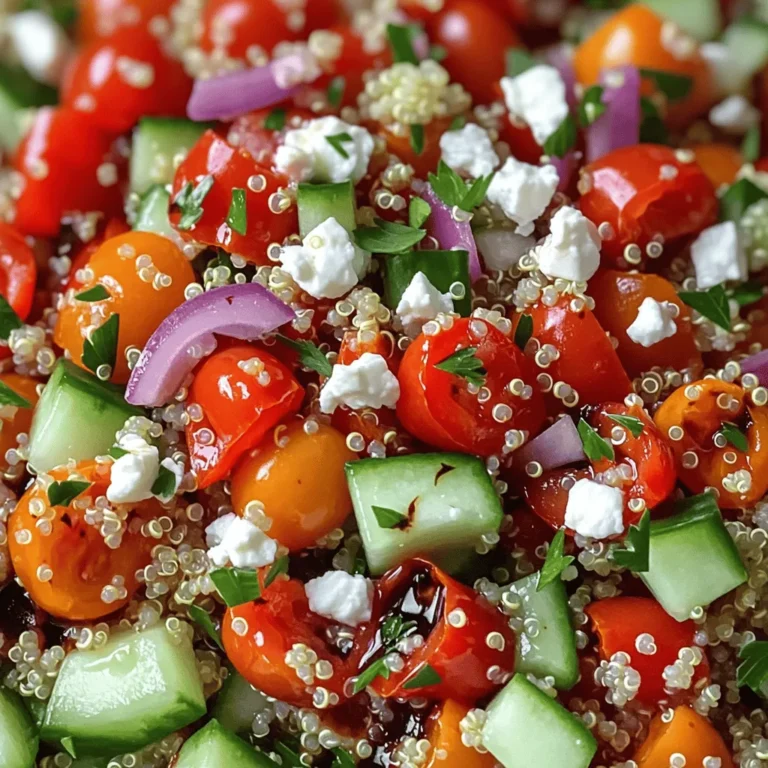 - 1 cup quinoa, thoroughly rinsed - 2 large red bell peppers - 1/2 cup cherry tomatoes, cut in half - 1/4 cup red onion, finely diced - 1/2 cup cucumber, peeled and diced - 1/4 cup feta cheese, crumbled (optional) - 3 tablespoons extra virgin olive oil - 2 tablespoons balsamic vinegar - 1 teaspoon garlic powder - Salt and freshly ground black pepper, to taste - Fresh parsley, finely chopped for garnishing This salad is colorful and full of flavor. The base is quinoa. You want to rinse it well before cooking. This step removes bitterness. For the roasted red peppers, choose large, ripe ones. They add sweetness and depth. The cherry tomatoes bring a burst of freshness. I prefer halving them for a nice texture. Next, we have the red onion. It adds sharpness and crunch. Dice it finely for even flavor. The cucumber provides a crisp bite. Don’t forget the feta cheese! It adds creaminess but is optional. If you skip it, the salad remains light and fresh. For the dressing, I use extra virgin olive oil and balsamic vinegar. These ingredients create a rich flavor. The garlic powder gives it a punch. Adjust salt and pepper to taste, and you are set. Finally, fresh parsley brightens everything up. You can find the full recipe [here](#). - Preheat the oven to 425°F (220°C). - Slice the red bell peppers in half. Remove the seeds and membranes. Place them skin-side up on a lined baking sheet. - Roast the peppers for about 25 minutes until the skin is blistered. - Let the peppers cool. Once cool, peel off the skin and chop them into bite-sized pieces. - Rinse 1 cup of quinoa thoroughly under cold water. - In a saucepan, combine the rinsed quinoa with 2 cups of water. Bring it to a boil. - Reduce the heat to low, cover, and simmer for about 15 minutes until the water is absorbed. - Fluff the quinoa with a fork and let it cool. - In a large mixing bowl, combine the cooled quinoa with the roasted peppers, halved cherry tomatoes, finely diced red onion, and diced cucumber. - Mix gently to ensure even distribution of all ingredients. - In a small bowl, whisk together 3 tablespoons of olive oil, 2 tablespoons of balsamic vinegar, and 1 teaspoon of garlic powder. - Add a pinch of salt and freshly ground black pepper, to taste. - Drizzle the dressing over the salad mixture and toss gently to coat. - If you want, sprinkle 1/4 cup of crumbled feta cheese on top and mix lightly. - Finally, garnish with freshly chopped parsley for a colorful finish. For more details, refer to the Full Recipe. To get that perfect blistered skin on your red peppers, follow these steps: - Choose fresh peppers: Look for firm, shiny skin. - Cut them right: Slice each pepper in half lengthwise. This helps them roast evenly. - High heat is key: Roast at 425°F (220°C) for about 25 minutes. - Watch for bubbles: The skin should bubble and char slightly. This adds great flavor. For seasoning your peppers, try these ideas: - Simple salt and pepper: This lets the natural sweetness shine. - Add garlic powder: This gives a rich taste. - Sprinkle paprika: This adds a nice smoky flavor. To ensure your quinoa is fluffy and not mushy, use this method: - Rinse well: Rinse quinoa under cold water to remove bitterness. - Water ratio matters: Use 2 cups of water for every 1 cup of quinoa. - Don’t skip the simmer: Bring to a boil, then lower the heat and cover. Let it simmer for 15 minutes. You can also hydrate quinoa with broth instead of water. This adds extra flavor to your dish. To make your Roasted Red Pepper Quinoa Salad even tastier, consider these tips: - Add fresh herbs: Basil or cilantro can brighten the dish. - Spice it up: A pinch of red pepper flakes adds heat. - Mix textures: Add nuts for crunch or avocado for creaminess. These simple changes can elevate your salad and keep it exciting. For the full recipe, refer to the earlier section. {{image_4}} For a vegan twist, you can skip the feta cheese. Instead, use avocado or vegan cheese. These options add creaminess without dairy. You can also mix in other vegetables. Try adding spinach, roasted zucchini, or artichokes. They boost flavor and nutrition. Want to make your salad heartier? Add chickpeas or grilled chicken. Chickpeas add fiber and protein. They make the salad more filling. If you prefer meat, grilled chicken works great. You can also try other legumes like black beans or lentils. They offer different flavors and textures. You can change the salad with the seasons. In summer, use fresh corn, tomatoes, or cucumber. These veggies are sweet and crunchy. You might also swap roasted red peppers for grilled asparagus or eggplant. These changes keep the salad exciting and fresh all year. For the full recipe, check out the details above. To keep your roasted red pepper quinoa salad fresh, store it in the fridge. Use an airtight container to avoid moisture loss. Place a piece of parchment paper between the salad and the lid. This helps keep it crisp. This salad lasts about 3 to 5 days in the refrigerator. Look for signs of spoilage like an off smell or slimy texture. If the salad looks or smells bad, it’s best to toss it. You can freeze quinoa, but it's best not to freeze the whole salad. Freezing can change the texture of the veggies. To freeze quinoa, cook it and let it cool. Then, place it in a freezer-safe bag. Remove as much air as possible. This way, you can use it later for quick meals. Yes, you can make this salad ahead. Prepare it in advance for busy days. I suggest making it up to two days before serving. Store it in an airtight container in the fridge. The flavors will meld nicely. Just keep the dressing separate until you’re ready to eat. This keeps the salad fresh and crisp. If you want a change, try using brown rice, farro, or couscous. Each option gives a different taste and texture. You can even use lentils for a protein boost. Just make sure to cook them according to package directions. This keeps your salad hearty and filling. This salad has a mild flavor. The roasted peppers add sweetness, not heat. If you like spice, you can add jalapeños or red pepper flakes. For a milder taste, skip the spicy additions. You can also add more cucumber or feta to balance the heat. This salad works great as a side or main dish. Pair it with grilled chicken or fish for protein. It also complements roasted veggies or a light soup. For a vegetarian option, add chickpeas or serve with hummus. You can enjoy it as part of a larger meal or on its own. Check out the Full Recipe for more ideas! This Roasted Red Pepper Quinoa Salad is easy and tasty. We covered key ingredients, cooking steps, and helpful tips. You can customize it to fit your diet and likes. Always store leftovers properly to enjoy later. Remember, fresh flavors and textures make this salad shine. With these ideas, you can impress your friends or family at any meal. Enjoy making and sharing this healthy dish!