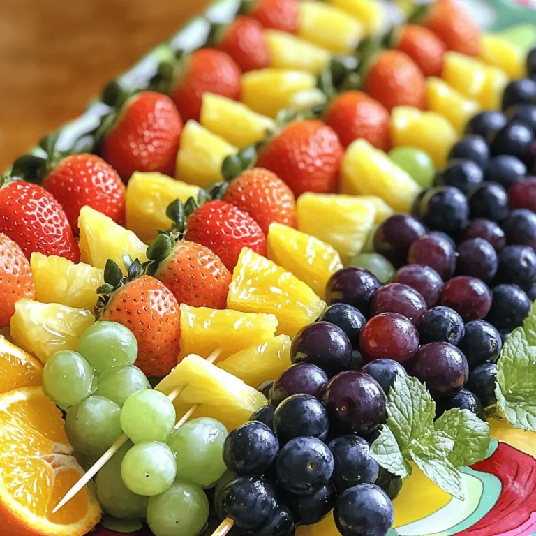To make Rainbow Fruit Skewers, you need a mix of fresh fruits. Here’s the list of what you’ll need: - Fresh strawberries (1 cup) - Juicy orange segments (1 cup) - Sweet pineapple chunks (1 cup) - Crisp green grapes (1 cup) - Plump blueberries (1 cup) - Deep purple grapes or blackberries (1 cup) - Optional: Honey (2 tbsp) for drizzling - Fresh mint leaves for garnish Each fruit brings a burst of color and taste. Fresh strawberries add a sweet tang. Juicy orange segments bring a citrusy pop. Sweet pineapple chunks add tropical flair. Crisp green grapes offer crunch. Plump blueberries add a mild sweetness. Deep purple grapes or blackberries provide a rich finish. Feel free to mix and match. Use your favorite fruits or whatever you have at home. The goal is to create a vibrant, tasty treat. You can also drizzle honey on top for added sweetness. Mint leaves add a nice touch. They make the dish look fancy and smell great. Remember, this is just a guide. You can adjust the amounts to fit your needs. For the full recipe, check out the complete instructions above. Enjoy your colorful creation! To start, wash all your fruits under cool running water. This step keeps them clean and safe to eat. For strawberries, remove the green tops. If they are big, slice them in half. Next, peel the oranges. Cut them into segments and toss out any seeds. Chop the pineapple into bite-sized chunks. Rinse the green grapes and blueberries to remove dirt and make them shine. Grab your wooden skewers. If you plan to grill them, soak the skewers in water for 10 minutes to prevent burning. Now, it’s time to thread the fruits onto the skewers! I like to start with one strawberry, then add one orange segment, a pineapple chunk, and a green grape. After that, toss on a few blueberries and finish with a purple grape or blackberry. This order gives you a bright, colorful look. Aim for a rainbow effect with every skewer! For a little extra sweetness, drizzle honey over the assembled skewers. This step is optional but adds a nice touch. If you want a chill treat, place the skewers in the fridge for about 30 minutes. Chilling helps the flavors pop and makes them extra refreshing. Enjoy these delicious Rainbow Fruit Skewers at your summer gatherings or as a fun snack! For the full recipe, check out [Full Recipe]. Picking ripe fruits is key for tasty skewers. Here are signs to watch for: - Strawberries: Look for bright red color without any green tops. - Oranges: Choose firm, heavy oranges with smooth skin. - Pineapple: Smell the bottom. A sweet aroma means it's ripe. - Green Grapes: Look for a vibrant green color and firm texture. - Blueberries: Pick plump blueberries with a deep blue hue. - Purple Grapes/Blackberries: Choose ones that are dark and slightly soft. Keep your fingers safe while making skewers. Here’s how: - Use wooden skewers that are at least 10 inches long. - Soak them in water for 10 minutes. This helps avoid burning. - Hold the fruit steady with one hand. Use the other to push it onto the skewer. - Start with firm fruits like strawberries. This helps stabilize softer fruits later. - Avoid using too much force. This can break the fruit apart. Make your skewers look as good as they taste. Try these tips: - Arrange skewers in a colorful pattern. Use a mix of all the fruits. - Place them on a bright platter. A white dish makes colors pop. - Garnish the platter with fresh mint leaves. They add a lovely aroma. - For extra flair, drizzle honey on top. It adds shine and sweetness. Explore more ideas in the [Full Recipe]. {{image_4}} You can switch up the fruits based on the season. In spring, use strawberries and blueberries for sweetness. In summer, opt for ripe peaches and cherries. Fall brings apples and pears, adding crunch. Winter is perfect for citrus like tangerines and pomegranates. Each season offers fresh flavors for your skewers. You can create fun themes for parties. For a summer BBQ, use red, white, and blue fruits for a patriotic look. For Halloween, add orange slices and blackberries for a spooky vibe. During the holidays, use red strawberries and green grapes for a festive feel. Matching colors makes your skewers pop! Adding protein can make your skewers more filling. You can thread cubes of cheese like cheddar or mozzarella between the fruits. Greek yogurt is another option—use it as a dip on the side. This adds taste and gives you energy for your summer fun. For the full recipe, check out Rainbow Fruit Skewers! To keep your rainbow fruit skewers fresh, store them in an airtight container. This helps keep moisture in and prevents the fruit from drying out. You can also cover them with plastic wrap if you don’t have a container. In the fridge, these skewers stay fresh for up to three days. After that, the fruit may start to lose its flavor and texture. You can make these skewers a few hours before your event. Just prepare the fruit and assemble the skewers. Store them in the fridge until you are ready to serve. If you want to save time, wash and cut the fruit a day ahead. Keep the pieces in separate containers. This way, you can quickly assemble your skewers when needed. Check out the Full Recipe for more tips on making and storing your rainbow fruit skewers! To scale this recipe, double or triple the ingredients. Use a mix of fruits to please all tastes. Prepare a large platter to display the skewers. Set up a fruit station where guests can make their own skewers. This way, everyone can choose their favorite fruits. You can use frozen fruit, but it may not look as good. Frozen fruit tends to be softer and can lose its shape. If using frozen fruit, let it thaw and drain any excess water. Fresh fruit gives a better texture and taste for skewers. Yes, Rainbow Fruit Skewers are very healthy! Each fruit offers vitamins and minerals. For instance, strawberries provide vitamin C. Oranges are high in fiber. Pineapple contains bromelain, which helps digestion. Grapes and blueberries are full of antioxidants. Enjoy these colorful treats guilt-free! If you want a vegan option, use maple syrup or agave nectar. You can also try yogurt or nut butter for creaminess. For a sugar-free choice, use a sugar-free syrup. These alternatives add sweetness and keep the skewers fun and tasty. To keep fruit fresh, soak apple or banana slices in lemon juice. This helps prevent browning. Store skewers in the fridge until serving. Keep them covered to avoid drying out. Fresh mint leaves also help keep everything looking bright and fresh. For a full recipe, check out the detailed steps in the earlier section! Rainbow fruit skewers combine fresh fruits for a colorful and tasty treat. We walked through selecting ripe fruits, skewering them, and adding sweet touches like honey. You can use fun themes for parties or add proteins for a snack. Keep them chilled and store them well to enjoy later. In the end, these skewers are fun to make and good for you. Enjoy creating your own rainbow of flavors!