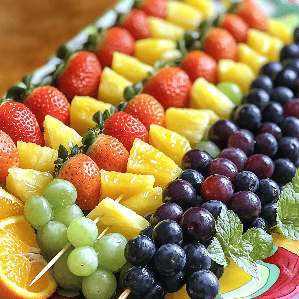 To make Rainbow Fruit Skewers, you need a mix of fresh fruits. Here’s the list of what you’ll need: - Fresh strawberries (1 cup) - Juicy orange segments (1 cup) - Sweet pineapple chunks (1 cup) - Crisp green grapes (1 cup) - Plump blueberries (1 cup) - Deep purple grapes or blackberries (1 cup) - Optional: Honey (2 tbsp) for drizzling - Fresh mint leaves for garnish Each fruit brings a burst of color and taste. Fresh strawberries add a sweet tang. Juicy orange segments bring a citrusy pop. Sweet pineapple chunks add tropical flair. Crisp green grapes offer crunch. Plump blueberries add a mild sweetness. Deep purple grapes or blackberries provide a rich finish. Feel free to mix and match. Use your favorite fruits or whatever you have at home. The goal is to create a vibrant, tasty treat. You can also drizzle honey on top for added sweetness. Mint leaves add a nice touch. They make the dish look fancy and smell great. Remember, this is just a guide. You can adjust the amounts to fit your needs. For the full recipe, check out the complete instructions above. Enjoy your colorful creation! To start, wash all your fruits under cool running water. This step keeps them clean and safe to eat. For strawberries, remove the green tops. If they are big, slice them in half. Next, peel the oranges. Cut them into segments and toss out any seeds. Chop the pineapple into bite-sized chunks. Rinse the green grapes and blueberries to remove dirt and make them shine. Grab your wooden skewers. If you plan to grill them, soak the skewers in water for 10 minutes to prevent burning. Now, it’s time to thread the fruits onto the skewers! I like to start with one strawberry, then add one orange segment, a pineapple chunk, and a green grape. After that, toss on a few blueberries and finish with a purple grape or blackberry. This order gives you a bright, colorful look. Aim for a rainbow effect with every skewer! For a little extra sweetness, drizzle honey over the assembled skewers. This step is optional but adds a nice touch. If you want a chill treat, place the skewers in the fridge for about 30 minutes. Chilling helps the flavors pop and makes them extra refreshing. Enjoy these delicious Rainbow Fruit Skewers at your summer gatherings or as a fun snack! For the full recipe, check out [Full Recipe]. Picking ripe fruits is key for tasty skewers. Here are signs to watch for: - Strawberries: Look for bright red color without any green tops. - Oranges: Choose firm, heavy oranges with smooth skin. - Pineapple: Smell the bottom. A sweet aroma means it's ripe. - Green Grapes: Look for a vibrant green color and firm texture. - Blueberries: Pick plump blueberries with a deep blue hue. - Purple Grapes/Blackberries: Choose ones that are dark and slightly soft. Keep your fingers safe while making skewers. Here’s how: - Use wooden skewers that are at least 10 inches long. - Soak them in water for 10 minutes. This helps avoid burning. - Hold the fruit steady with one hand. Use the other to push it onto the skewer. - Start with firm fruits like strawberries. This helps stabilize softer fruits later. - Avoid using too much force. This can break the fruit apart. Make your skewers look as good as they taste. Try these tips: - Arrange skewers in a colorful pattern. Use a mix of all the fruits. - Place them on a bright platter. A white dish makes colors pop. - Garnish the platter with fresh mint leaves. They add a lovely aroma. - For extra flair, drizzle honey on top. It adds shine and sweetness. Explore more ideas in the [Full Recipe]. {{image_4}} You can switch up the fruits based on the season. In spring, use strawberries and blueberries for sweetness. In summer, opt for ripe peaches and cherries. Fall brings apples and pears, adding crunch. Winter is perfect for citrus like tangerines and pomegranates. Each season offers fresh flavors for your skewers. You can create fun themes for parties. For a summer BBQ, use red, white, and blue fruits for a patriotic look. For Halloween, add orange slices and blackberries for a spooky vibe. During the holidays, use red strawberries and green grapes for a festive feel. Matching colors makes your skewers pop! Adding protein can make your skewers more filling. You can thread cubes of cheese like cheddar or mozzarella between the fruits. Greek yogurt is another option—use it as a dip on the side. This adds taste and gives you energy for your summer fun. For the full recipe, check out Rainbow Fruit Skewers! To keep your rainbow fruit skewers fresh, store them in an airtight container. This helps keep moisture in and prevents the fruit from drying out. You can also cover them with plastic wrap if you don’t have a container. In the fridge, these skewers stay fresh for up to three days. After that, the fruit may start to lose its flavor and texture. You can make these skewers a few hours before your event. Just prepare the fruit and assemble the skewers. Store them in the fridge until you are ready to serve. If you want to save time, wash and cut the fruit a day ahead. Keep the pieces in separate containers. This way, you can quickly assemble your skewers when needed. Check out the Full Recipe for more tips on making and storing your rainbow fruit skewers! To scale this recipe, double or triple the ingredients. Use a mix of fruits to please all tastes. Prepare a large platter to display the skewers. Set up a fruit station where guests can make their own skewers. This way, everyone can choose their favorite fruits. You can use frozen fruit, but it may not look as good. Frozen fruit tends to be softer and can lose its shape. If using frozen fruit, let it thaw and drain any excess water. Fresh fruit gives a better texture and taste for skewers. Yes, Rainbow Fruit Skewers are very healthy! Each fruit offers vitamins and minerals. For instance, strawberries provide vitamin C. Oranges are high in fiber. Pineapple contains bromelain, which helps digestion. Grapes and blueberries are full of antioxidants. Enjoy these colorful treats guilt-free! If you want a vegan option, use maple syrup or agave nectar. You can also try yogurt or nut butter for creaminess. For a sugar-free choice, use a sugar-free syrup. These alternatives add sweetness and keep the skewers fun and tasty. To keep fruit fresh, soak apple or banana slices in lemon juice. This helps prevent browning. Store skewers in the fridge until serving. Keep them covered to avoid drying out. Fresh mint leaves also help keep everything looking bright and fresh. For a full recipe, check out the detailed steps in the earlier section! Rainbow fruit skewers combine fresh fruits for a colorful and tasty treat. We walked through selecting ripe fruits, skewering them, and adding sweet touches like honey. You can use fun themes for parties or add proteins for a snack. Keep them chilled and store them well to enjoy later. In the end, these skewers are fun to make and good for you. Enjoy creating your own rainbow of flavors!