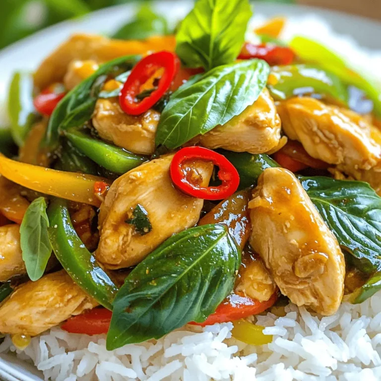- 1 lb (450g) chicken breast, thinly sliced - 1 cup fresh Thai basil leaves, packed - 3 cloves garlic, minced - 2 red Thai chili peppers, thinly sliced (adjust based on your spice preference) For this dish, I prefer chicken breast. It cooks quickly and stays juicy. Fresh Thai basil gives this meal its unique flavor. Garlic adds a nice aroma, and Thai chili peppers bring heat. You can control the spice by adding more or less chili. - 2 tablespoons soy sauce - 1 tablespoon oyster sauce (or substitute with mushroom sauce for vegetarian) - 1 tablespoon fish sauce (or an extra tablespoon of soy sauce for vegetarian) - 1 teaspoon sugar (to balance flavors) - 1 tablespoon vegetable oil (for frying) These sauces are key to great taste. Soy sauce offers saltiness, while oyster and fish sauces add depth. Sugar balances the salty flavors, making everything taste better. - 1 bell pepper, sliced (your choice of color for visual appeal) - 1 small onion, sliced into thin wedges - Optional: other vegetables for added nutrition I like using bell pepper and onion for color and crunch. You can add other veggies like carrots or snap peas. They bring more nutrition and flavor, making the dish more vibrant. For the full recipe, refer to the [Full Recipe]. To start, you need to combine the chicken with the sauces. In a medium bowl, add the sliced chicken breast, soy sauce, oyster sauce, fish sauce, and sugar. Mix these ingredients well so the chicken gets all the flavor. Let it marinate for 15 minutes. This short time helps the chicken absorb the tasty sauces. Next, heat the vegetable oil in a large skillet or wok over medium-high heat. You want the oil to shimmer before adding anything. Then, add the minced garlic and sliced Thai chili peppers. Stir-fry them for about 30 seconds until they smell amazing. Be careful not to burn the garlic. Now, add the marinated chicken to the pan. Spread it out evenly for even cooking. Stir-fry for about 5 to 7 minutes. Cook until the chicken is no longer pink and has a nice brown color. After that, toss in the sliced bell pepper and onion. Stir-fry for another 3 to 4 minutes. This will make the vegetables tender but still crisp. Once the chicken and veggies are done, take the skillet off the heat. Gently fold in the fresh Thai basil leaves. They will wilt quickly from the heat and add a lovely aroma. Serve the dish hot, over a bed of fluffy jasmine rice. This rice complements the stir-fry well. Enjoy your Thai Basil Chicken Stir-Fry! For the full recipe, check out the details above. Using fresh ingredients makes a big difference. Fresh Thai basil gives a sweet and fragrant flavor to the dish. Always choose bright green basil leaves. They should smell strong and sweet. The chicken should be fresh, too. This keeps your stir-fry tasty and safe to eat. For the best flavor, cook on high heat. A hot pan helps to sear the chicken. This adds a nice caramel color and enhances the taste. When you add garlic and chili, cook them quickly. This brings out their strong flavors without burning them. You can change the heat level easily. If you want it milder, remove the seeds from the chili peppers. You can also use fewer peppers or substitute with sweet bell peppers. If you like a kick but want it less spicy, try adding sugar. It balances the heat. You can also use a bit of honey for sweetness without heat. Pair your Thai basil chicken stir-fry with jasmine rice. The rice absorbs the sauce well. You can also add a side of steamed veggies for extra nutrition. For garnishes, consider adding lime wedges or crushed peanuts. They add color and crunch. Fresh cilantro or extra basil leaves also make it pop. Enjoy your meal with these simple touches! For the full recipe, check out the details above. {{image_4}} For a vegetarian or vegan version, you can swap chicken for tofu or tempeh. These options give a nice texture. Use mushroom sauce instead of oyster sauce. It brings depth and umami flavor. For the fish sauce, simply add an extra tablespoon of soy sauce. This keeps the taste bold. To maintain flavor, marinate the tofu or tempeh just like chicken. Allow it to soak up the sauces. When cooking, make sure to press out excess moisture. This helps achieve that nice, crispy texture we all love. If you want to try something new, switch the chicken for shrimp or beef. Shrimp cooks quickly, so cut down the cooking time to about 3-4 minutes. Beef takes longer. Slice it thin and cook it for about 6-8 minutes. Remember, cooking times change based on what protein you use. Always make sure your protein is fully cooked before adding in the veggies. Want to shake things up? Add sauces like teriyaki or sriracha for an exciting twist. Teriyaki gives a sweet flavor, while sriracha adds heat. You can even mix both for a sweet and spicy kick. Feel free to experiment with herbs and spices too. Adding cilantro or mint can brighten the dish. Try a sprinkle of lime juice for an extra zest. These tiny changes can create a whole new taste experience. For the full recipe, check the section above. Enjoy cooking! To keep your Thai basil chicken stir-fry fresh, store it in an airtight container. Refrigerate the leftovers within two hours of cooking. If you want to save it longer, freeze the stir-fry. Make sure to cool it completely before freezing. This method helps retain flavor and texture. When you reheat your stir-fry, use a skillet for the best results. Heat it over medium warmth and stir often. This keeps the chicken juicy and prevents it from drying out. For rice, add a splash of water and cover it. This helps the rice steam and become fluffy again. In the fridge, your Thai basil chicken stir-fry lasts up to four days. If frozen, it can last for about three months. Always check for off smells or changes in color. If you see these, it's best to discard it for safety. Thai Basil Chicken Stir-Fry has roots in Thai street food. This dish reflects the vibrant flavors of Thai cuisine. It showcases fresh herbs, bold spices, and simple cooking techniques. Thai basil, known for its unique flavor, is key to this dish. It adds a sweet and slightly spicy note that enhances the chicken. This meal represents the balance of sweet, salty, and spicy tastes typical in Thai dishes. Each bite transports you to bustling markets in Thailand. Yes, you can prepare Thai basil chicken stir-fry in advance. Cook and store it in the fridge for up to three days. To keep it fresh, store it in an airtight container. When you are ready to eat, simply reheat it on the stove. This dish tastes even better the next day as flavors meld. Serve it over freshly cooked jasmine rice for a quick meal. If you cannot find Thai basil, you have options. Sweet basil or holy basil works well as a substitute. Sweet basil offers a milder flavor, while holy basil is spicier. You can also mix in a bit of mint for a fresh twist. While these substitutes change the taste slightly, they still create a tasty dish. Just remember, the flavor will differ from the original recipe. The spice level of Thai Basil Chicken Stir-Fry can vary. It depends on the number of Thai chili peppers you use. Typically, this dish has a mild to medium heat. If you prefer a milder dish, use fewer chilis or remove the seeds. For those who love heat, add extra chilis or a dash of hot sauce. Adjusting spice levels allows everyone to enjoy this flavorful meal. Thai Basil Chicken Stir-Fry is a simple yet flavorful dish. You learned about the key ingredients, like fresh basil and chicken. The step-by-step instructions make cooking easy, even for beginners. We explored tips to enhance flavor and adjust spice levels to suit your taste. You can even try fun variations with different proteins or herbs. Enjoy making it your own, and savor the fresh flavors. Every bite will bring joy to your table.