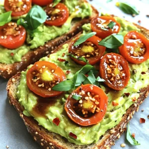 - 2 ripe avocados - 1 cup cherry tomatoes, halved - 1 teaspoon balsamic vinegar - 1 tablespoon extra virgin olive oil - 1 small garlic clove, finely minced - 1 tablespoon fresh basil leaves, chopped - Salt and freshly cracked pepper to taste - Optional: A pinch of red pepper flakes - 4 slices of your favorite whole grain or sourdough bread For this avocado and tomato toast, I love using fresh and ripe ingredients. Ripe avocados give a creamy texture that blends well with the juicy tomatoes. The balsamic vinegar adds a sweet and tangy kick. You can also use high-quality extra virgin olive oil for richness. Minced garlic adds a nice bite, while fresh basil brightens the flavors. Salt and cracked pepper help bring out the taste of each ingredient. If you want a little heat, sprinkle on red pepper flakes. When it comes to bread, I recommend whole grain or sourdough. These options add a hearty crunch and a lovely flavor. Toasting the bread perfectly is key to a satisfying bite. For the full recipe, you can check out Avocado Bliss & Tomato Magic Toast. This recipe is not just easy to make; it’s also packed with nutrition and flavor. Enjoy your fresh flavor fix! First, grab your ripe avocados. Cut them in half and scoop out the flesh. Place the avocado in a bowl. Mash it with a fork until it’s creamy but still a bit chunky. Now, add the minced garlic and olive oil. Season with salt and pepper. Mix well until everything blends together nicely. Next, take your halved cherry tomatoes. In a separate bowl, mix them with balsamic vinegar and chopped basil. Add a little salt and pepper for taste. Gently toss to coat the tomatoes. Let them sit for about 10 minutes. This step lets the flavors combine and taste great. While the tomatoes marinate, it’s time to toast your bread. Preheat your toaster or skillet to medium heat. Place the bread slices in the toaster or skillet. Toast them until they're golden brown and crispy. This should take around 3 to 5 minutes, depending on your method. Now comes the fun part—putting it all together! Take the toasted bread and spread the creamy avocado mix on each slice. Be generous! Then, pile those marinated cherry tomatoes on top. Let the juices drizzle over the avocado. This makes the toast extra tasty! To finish, add some fresh basil leaves on top. Drizzle a little olive oil for richness. If you like heat, sprinkle on some red pepper flakes. Serve your delicious avocado and tomato toast right away for the best flavor. Enjoy this fresh flavor fix! For the full recipe, check [Full Recipe]. How to select ripe avocados: To find a ripe avocado, gently squeeze it in your palm. It should feel slightly soft but not mushy. Look for dark green to black skin. Avoid any ones with large dark spots. Best varieties for toast: I love using Hass avocados. They are creamy and rich. If you can find Bacon avocados, they are also a good choice. They have a lighter flavor and a smooth texture. Skillet vs. toaster for optimal crunch: I prefer using a skillet for toasting bread. It gives a nice, even crunch. Heat the skillet over medium heat. You can also use a toaster if you want a quick option. Tips for even browning: Make sure to flip the bread halfway through toasting. This helps achieve an even golden color. If using a skillet, keep an eye on the bread to avoid burning. Suggestions for extra toppings: Try adding sliced radishes or a sprinkle of feta cheese. They add great texture and flavor. You can also include a poached egg on top for more protein. Alternate seasonings for added zest: Add a squeeze of fresh lemon or lime juice for brightness. A pinch of smoked paprika can also enhance the flavor. Don't forget a dash of salt and pepper to bring it all together. For the full recipe and more detailed steps, check the Full Recipe. {{image_4}} To make your avocado and tomato toast more plant-based, skip any cheese and enjoy the creamy avocado. If you crave richness, consider nut butters like almond or cashew. They add great flavor and texture. You can even blend a bit of nutritional yeast into your avocado spread for a cheesy taste without dairy. You can mix in other veggies, like radishes or cucumbers, for a fresh crunch. Thinly sliced radishes add a peppery kick. Cucumbers give a cool, crisp texture. For extra flavor, try adding herbs like cilantro or dill. Spices like smoked paprika or cumin can elevate your toast, making it a fun twist on the classic dish. For gluten-free options, choose bread made from almond flour or coconut flour. Sourdough is often gluten-free, so read labels carefully. You can also make your own gluten-free bread at home. Adapting the recipe is easy; just ensure your bread is crisp and your toppings are fresh. This makes it suitable for all diets while still being delicious. For the full recipe, check out the Avocado Bliss & Tomato Magic Toast. To keep avocados fresh, store them in the fridge. Wrap them tightly in plastic wrap. This helps slow down browning. For tomatoes, keep them at room temperature. Sunlight can cause them to spoil fast. If you cut a tomato, cover the cut side with plastic wrap and eat it within a day. For bread, put it in a sealed bag. This helps keep it fresh. If you have extra slices, freeze them. Just toast them straight from the freezer later. You can prep the avocado spread and marinated tomatoes ahead of time. Store the avocado mix in an airtight container. Add a bit of lemon juice to help it stay green. Keep the tomatoes in a separate container. This way, they stay fresh and tasty. When you are ready to eat, toast the bread. Assemble the toast right before serving. Avoid storing it fully assembled. The bread can get soggy if left too long. In the fridge, ripe avocados last about 2-3 days. Cut avocados should be eaten within a day. Cherry tomatoes can last about a week. Keep an eye on them for any signs of spoilage. Look for soft spots or wrinkled skin on tomatoes. For avocados, if they feel mushy, they may be bad. Always check for a smell—bad avocados often have a sour odor. Enjoy your avocado and tomato toast, knowing how to store and prep it right! For the full recipe, check out the details above. Yes, you can make components ahead of time. I suggest storing the avocado spread and marinated tomatoes separately. Keep them in airtight containers in the fridge. Toast the bread just before serving. This keeps everything fresh and tasty. If you want a different taste, try red wine vinegar or apple cider vinegar. Both add a nice tang. Red wine vinegar is a bit stronger, while apple cider vinegar has a milder flavor. Experiment to find your favorite! To keep your avocado fresh, use lemon juice or lime juice. The acid helps slow down browning. Also, store any leftover avocado in an airtight container. Press plastic wrap directly onto the surface to limit air exposure. Absolutely! Adding a poached egg on top is a great choice. You can also use chickpeas or black beans for a plant-based option. They add protein and make the toast more filling. Pair your toast with a fresh salad or a side of fruit. A light soup, like tomato basil, complements it well. For drinks, enjoy a refreshing iced tea or a smooth smoothie. This blog post covered how to make a delicious avocado and tomato toast. You learned about the key ingredients and step-by-step instructions. We explored tips for perfecting your toast and variations to suit your tastes. Remember, the right ingredients and methods make all the difference. Enjoy mixing flavors and creating tasty meals. Your options are endless, whether you want to stay classic or try something new. Happy cooking!