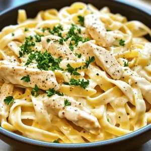 To make a tasty Chicken Alfredo, you'll need some key ingredients: - 2 boneless, skinless chicken breasts, sliced into strips - 8 oz fettuccine pasta - 2 tablespoons olive oil - 3 cloves garlic, minced - 1 cup heavy cream These ingredients form the base of your dish. The chicken gives it protein, while the fettuccine adds a great texture. Olive oil and garlic build rich flavors, and heavy cream brings that creamy goodness. Now, let’s add some flavor and a touch of freshness: - 1 cup grated Parmesan cheese - 1 teaspoon Italian seasoning - Salt and black pepper to taste - Fresh parsley, chopped (for garnish) - Freshly cracked black pepper (for finishing) Parmesan cheese adds a salty, nutty flavor, while Italian seasoning brings in herbs. Salt and black pepper balance the dish. Finally, fresh parsley makes your plate look nice and adds brightness. For the full recipe, check out the complete instructions to create this delicious dish. 1. Fill a large pot with water and add salt. 2. Bring the water to a rolling boil. 3. Add 8 oz of fettuccine pasta to the boiling water. 4. Cook the pasta according to the package instructions until al dente. 5. Before draining, save ½ cup of the pasta water. 6. Drain the pasta and set it aside. 1. In a large pan, heat 2 tablespoons of olive oil over medium heat. 2. Once the oil is hot, add 2 boneless, skinless chicken breasts, sliced into strips. 3. Season the chicken with salt and black pepper. 4. Sauté the chicken for about 5-7 minutes, until it turns golden brown. 5. Remove the chicken from the pan and place it on a plate. 1. In the same pan, add 3 minced garlic cloves. 2. Sauté the garlic for about 1 minute until it is fragrant. 3. Pour in 1 cup of heavy cream and bring it to a gentle simmer. 4. Stir in 1 cup of grated Parmesan cheese and 1 teaspoon of Italian seasoning. 5. Let the sauce simmer for 2-3 minutes until it thickens slightly. 6. If the sauce gets too thick, mix in some reserved pasta water to reach your desired consistency. 1. Return the cooked fettuccine and sautéed chicken to the pan. 2. Toss everything together so the pasta and chicken are well coated in the Alfredo sauce. 3. Taste the dish and adjust the seasoning with extra salt or pepper, if needed. For the complete method, check the Full Recipe. To make the sauce just right, you want it thick but smooth. Start with low heat and stir often. If the sauce gets too thick, add a bit of the reserved pasta water. This can help make it creamy without losing flavor. For a twist, try using half-and-half instead of heavy cream. It still gives a nice creaminess while cutting some fat. To keep chicken tender, don’t rush the cooking. Sauté the strips on medium heat for about 5-7 minutes. This way, they cook evenly and stay juicy. Check that the inside is no longer pink. You can also brine the chicken beforehand. This adds flavor and keeps it moist. Pairing side dishes can enhance your meal. Garlic bread works great with Chicken Alfredo. A fresh salad adds a nice crunch. For presentation, serve the pasta in a shallow bowl. Top it with parsley and a sprinkle of black pepper. This makes the dish look as good as it tastes. For the full recipe, check the detailed cooking instructions. {{image_4}} You can switch up the protein in your Chicken Alfredo for a new twist. - Shrimp Alfredo: Instead of chicken, use shrimp. Cook shrimp in the same way as chicken. They cook faster, so keep an eye on them. The result is light and tasty. - Mushroom Alfredo (Vegetarian): For a veggie option, use mushrooms. Sauté them until golden and tender. They add a rich, earthy flavor to the dish. If you need to avoid gluten, there are great options for you. - Using gluten-free pasta options: Look for gluten-free fettuccine. Many brands taste great and hold up well in sauce. - Other dietary adaptations: You can also try spiralized vegetables like zucchini or squash. These options are healthy and fun! Adding flavor can make your dish even better. - Adding spices or herbs: Try adding a pinch of nutmeg or crushed red pepper for heat. Fresh herbs like basil or thyme can brighten your dish. - Incorporating vegetables: Toss in some spinach, broccoli, or peas. They add color and nutrition. Feel free to experiment with these variations. Each choice brings unique flavors to your plate! For a complete guide to making this dish, check the Full Recipe. To keep your chicken Alfredo fresh, store it in an airtight container. This method helps keep out air and moisture. Place it in the fridge right after it cools down. Chicken Alfredo will stay good for about three to four days in the fridge. If you wait longer, it might not taste as great. When it's time to enjoy your leftovers, reheat them safely. The stove or microwave works well. If using the stove, add a splash of cream or milk. This helps keep the sauce creamy. Stir gently over low heat until warm. For the microwave, heat in short bursts. Stir in between to avoid hot spots. Enjoy your creamy chicken Alfredo just like the first time! Chicken Alfredo comes from Italy. It started as a simple pasta dish. In the early 1900s, Alfredo di Lelio made it famous in Rome. He used butter and cheese to create a rich sauce. Over time, cooks added cream and chicken for more flavor. Today, we enjoy Chicken Alfredo worldwide. Yes, you can make Chicken Alfredo without cream. Use Greek yogurt or cashew cream as a substitute. Both options keep the dish creamy. You can also use chicken broth and a little flour to thicken the sauce. This choice is lighter and still tasty. Classic Chicken Alfredo pairs well with many side dishes. Here are some great options: - Garlic bread - Steamed broccoli - Caesar salad - Roasted vegetables - A light green salad These sides add flavor and balance to your meal. Absolutely! You can use many types of pasta. Try penne, linguine, or even spaghetti. Each pasta brings its own texture. Choose what you enjoy most for a fun twist on this dish. To make Chicken Alfredo dairy-free, swap out dairy ingredients. Use almond or coconut milk instead of cream. Nutritional yeast can replace Parmesan cheese for a cheesy flavor. These swaps ensure everyone can enjoy the meal. You can find the full recipe by searching for "Creamy Dreamy Chicken Alfredo." It has all the steps and details you need to create this delicious dish. Enjoy cooking! In this blog post, we explored how to make classic Chicken Alfredo. We covered essential ingredients, step-by-step cooking methods, and tips for perfection. You learned about storage and reheating, plus variations like shrimp or gluten-free options. Remember, the key to a great Chicken Alfredo is balance. Use fresh ingredients and trust your taste. Enjoy crafting your dish, knowing you can make it your own. For more details, refer to the full recipe. Happy cooking!