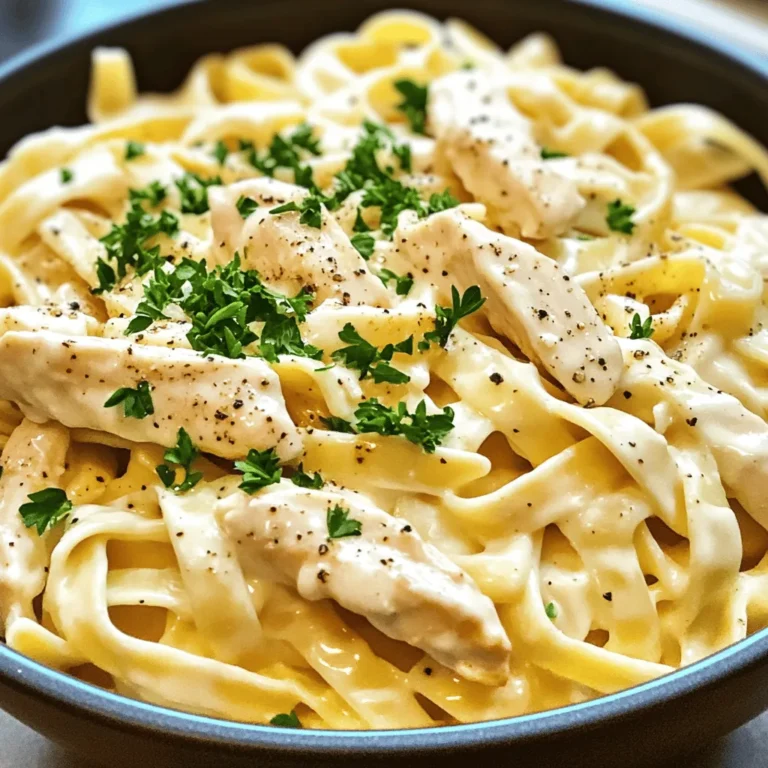 To make a tasty Chicken Alfredo, you'll need some key ingredients: - 2 boneless, skinless chicken breasts, sliced into strips - 8 oz fettuccine pasta - 2 tablespoons olive oil - 3 cloves garlic, minced - 1 cup heavy cream These ingredients form the base of your dish. The chicken gives it protein, while the fettuccine adds a great texture. Olive oil and garlic build rich flavors, and heavy cream brings that creamy goodness. Now, let’s add some flavor and a touch of freshness: - 1 cup grated Parmesan cheese - 1 teaspoon Italian seasoning - Salt and black pepper to taste - Fresh parsley, chopped (for garnish) - Freshly cracked black pepper (for finishing) Parmesan cheese adds a salty, nutty flavor, while Italian seasoning brings in herbs. Salt and black pepper balance the dish. Finally, fresh parsley makes your plate look nice and adds brightness. For the full recipe, check out the complete instructions to create this delicious dish. 1. Fill a large pot with water and add salt. 2. Bring the water to a rolling boil. 3. Add 8 oz of fettuccine pasta to the boiling water. 4. Cook the pasta according to the package instructions until al dente. 5. Before draining, save ½ cup of the pasta water. 6. Drain the pasta and set it aside. 1. In a large pan, heat 2 tablespoons of olive oil over medium heat. 2. Once the oil is hot, add 2 boneless, skinless chicken breasts, sliced into strips. 3. Season the chicken with salt and black pepper. 4. Sauté the chicken for about 5-7 minutes, until it turns golden brown. 5. Remove the chicken from the pan and place it on a plate. 1. In the same pan, add 3 minced garlic cloves. 2. Sauté the garlic for about 1 minute until it is fragrant. 3. Pour in 1 cup of heavy cream and bring it to a gentle simmer. 4. Stir in 1 cup of grated Parmesan cheese and 1 teaspoon of Italian seasoning. 5. Let the sauce simmer for 2-3 minutes until it thickens slightly. 6. If the sauce gets too thick, mix in some reserved pasta water to reach your desired consistency. 1. Return the cooked fettuccine and sautéed chicken to the pan. 2. Toss everything together so the pasta and chicken are well coated in the Alfredo sauce. 3. Taste the dish and adjust the seasoning with extra salt or pepper, if needed. For the complete method, check the Full Recipe. To make the sauce just right, you want it thick but smooth. Start with low heat and stir often. If the sauce gets too thick, add a bit of the reserved pasta water. This can help make it creamy without losing flavor. For a twist, try using half-and-half instead of heavy cream. It still gives a nice creaminess while cutting some fat. To keep chicken tender, don’t rush the cooking. Sauté the strips on medium heat for about 5-7 minutes. This way, they cook evenly and stay juicy. Check that the inside is no longer pink. You can also brine the chicken beforehand. This adds flavor and keeps it moist. Pairing side dishes can enhance your meal. Garlic bread works great with Chicken Alfredo. A fresh salad adds a nice crunch. For presentation, serve the pasta in a shallow bowl. Top it with parsley and a sprinkle of black pepper. This makes the dish look as good as it tastes. For the full recipe, check the detailed cooking instructions. {{image_4}} You can switch up the protein in your Chicken Alfredo for a new twist. - Shrimp Alfredo: Instead of chicken, use shrimp. Cook shrimp in the same way as chicken. They cook faster, so keep an eye on them. The result is light and tasty. - Mushroom Alfredo (Vegetarian): For a veggie option, use mushrooms. Sauté them until golden and tender. They add a rich, earthy flavor to the dish. If you need to avoid gluten, there are great options for you. - Using gluten-free pasta options: Look for gluten-free fettuccine. Many brands taste great and hold up well in sauce. - Other dietary adaptations: You can also try spiralized vegetables like zucchini or squash. These options are healthy and fun! Adding flavor can make your dish even better. - Adding spices or herbs: Try adding a pinch of nutmeg or crushed red pepper for heat. Fresh herbs like basil or thyme can brighten your dish. - Incorporating vegetables: Toss in some spinach, broccoli, or peas. They add color and nutrition. Feel free to experiment with these variations. Each choice brings unique flavors to your plate! For a complete guide to making this dish, check the Full Recipe. To keep your chicken Alfredo fresh, store it in an airtight container. This method helps keep out air and moisture. Place it in the fridge right after it cools down. Chicken Alfredo will stay good for about three to four days in the fridge. If you wait longer, it might not taste as great. When it's time to enjoy your leftovers, reheat them safely. The stove or microwave works well. If using the stove, add a splash of cream or milk. This helps keep the sauce creamy. Stir gently over low heat until warm. For the microwave, heat in short bursts. Stir in between to avoid hot spots. Enjoy your creamy chicken Alfredo just like the first time! Chicken Alfredo comes from Italy. It started as a simple pasta dish. In the early 1900s, Alfredo di Lelio made it famous in Rome. He used butter and cheese to create a rich sauce. Over time, cooks added cream and chicken for more flavor. Today, we enjoy Chicken Alfredo worldwide. Yes, you can make Chicken Alfredo without cream. Use Greek yogurt or cashew cream as a substitute. Both options keep the dish creamy. You can also use chicken broth and a little flour to thicken the sauce. This choice is lighter and still tasty. Classic Chicken Alfredo pairs well with many side dishes. Here are some great options: - Garlic bread - Steamed broccoli - Caesar salad - Roasted vegetables - A light green salad These sides add flavor and balance to your meal. Absolutely! You can use many types of pasta. Try penne, linguine, or even spaghetti. Each pasta brings its own texture. Choose what you enjoy most for a fun twist on this dish. To make Chicken Alfredo dairy-free, swap out dairy ingredients. Use almond or coconut milk instead of cream. Nutritional yeast can replace Parmesan cheese for a cheesy flavor. These swaps ensure everyone can enjoy the meal. You can find the full recipe by searching for "Creamy Dreamy Chicken Alfredo." It has all the steps and details you need to create this delicious dish. Enjoy cooking! In this blog post, we explored how to make classic Chicken Alfredo. We covered essential ingredients, step-by-step cooking methods, and tips for perfection. You learned about storage and reheating, plus variations like shrimp or gluten-free options. Remember, the key to a great Chicken Alfredo is balance. Use fresh ingredients and trust your taste. Enjoy crafting your dish, knowing you can make it your own. For more details, refer to the full recipe. Happy cooking!